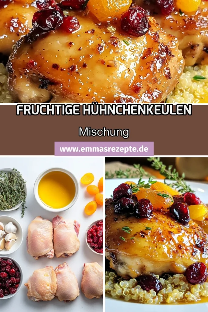 Entdecken Sie dieses köstliche Rezept für Cranberry Aprikosen Hühnchenkeulen, das ideale gesunde Abendessen Ideen liefert! Unsere Hühnchenkeulen werden mit einer fruchtigen Hühnchenkeulen Sauce aus Cranberries, getrockneten Aprikosen und Thymian verfeinert und im Ofen gebacken, um den vollen Geschmack zu gewährleisten. Perfekt für eine leckere Mahlzeit. Probieren Sie es aus und sichern Sie sich Ihr neues Lieblingsgericht! #HühnchenkeulenRezept #Ofen gebackenesHähnchen #GesundeAbendessenIdeen #CranberryAprikosenHühnchenkeulen