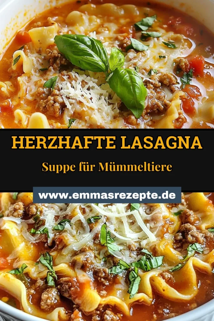 Entdecken Sie unser einfaches Lasagna Suppe Rezept, perfekt für gemütliche Abende! Diese cremige Lasagna Suppe vereint die besten Aromen einer italienischen Suppe mit Rinderhackfleisch Lasagna in einer herzhaften Mischung. Ideal für die ganze Familie – schnell und köstlich! Probieren Sie es aus, und lassen Sie sich verzaubern! Speichern Sie dieses Rezept für Ihre nächsten Suppenabend! #LasagnaSuppe #italienischeSuppe #einfacheLasagnaSuppe #RinderhackfleischLasagna