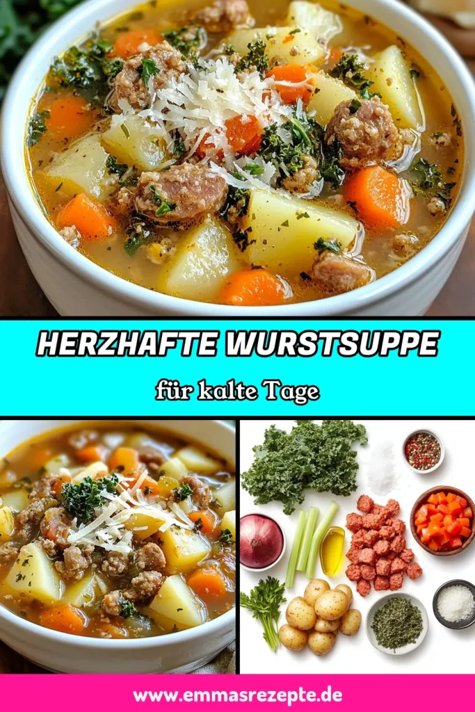 Entdecken Sie das ideale Wurstsuppe Rezept mit dieser herrlichen italienischen Wurst Suppe! Perfekt für kalte Tage, vereint unsere herzhafte Suppen leckere Wurst und frisches Gemüse in einer einfachen Wurstsuppe. Ideal für Familienessen oder eine köstliche Vorspeise. Probieren Sie es aus und erleben Sie Wohlfühlmomente! Klicken Sie auf unser Rezept für mehr Details und speichern Sie es für später! #WurstsuppeRezept #einfacheWurstsuppe #herzhafteSuppen #WurstundGemüseSuppe