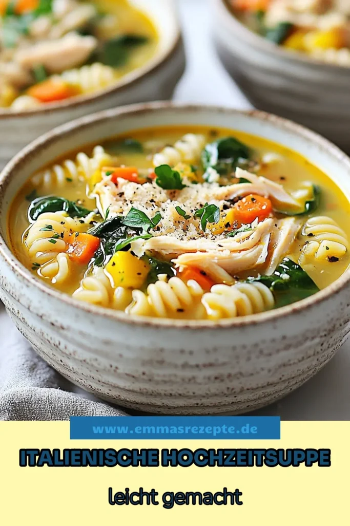 Entdecken Sie die köstliche Italienische Hochzeitsuppe mit unserem einfachen Hochzeitsuppe Rezept! Diese herzhafte Pasta Suppe ist reich an frischem Spinat und zartem Hähnchen, perfekt für jede Gelegenheit. Ideal für Liebhaber italienischer Suppenrezepte, die ein Stück Italien nach Hause bringen möchten. Probieren Sie es aus und lassen Sie sich von diesem Geschmackserlebnis verzaubern! Speichern Sie es für Ihren nächsten Kochabend! #HochzeitsuppeRezept #ItalienischeHochzeitsuppe #PastaSuppe #Suppenliebe