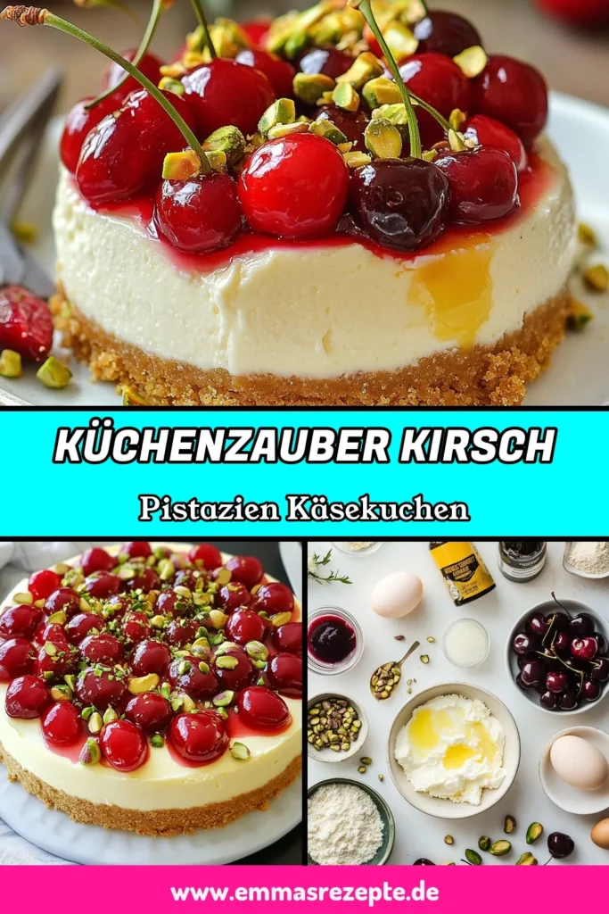 Entdecken Sie den köstlichen Kirsch-Pistazien-Käsekuchen, ein einfaches Käsekuchen Rezept, das Ihre Gäste begeistern wird! Dieser frische Käsekuchen mit Kirschen und gehackten Pistazien ist die perfekte Wahl für jedes Dessert. Mit einer einfachen Zubereitung werden Sie im Handumdrehen ein unwiderstehliches Pistazien-Dessert kreieren. Speichern Sie dieses Rezept und verwöhnen Sie sich selbst! #KäsekuchenMitKirschen #KirschPistazienKäsekuchen #PistazienDessert #EinfacheKäsekuchenVariante