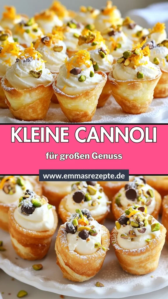 Entdecken Sie unser köstliches Mini-Cannoli-Tassen Rezept! Diese italienischen Desserts sind die perfekte Wahl für festliche Nachspeisen und einfach in der Zubereitung. Genießen Sie eine cremige Ricotta-Mascarpone-Füllung in knusprigen Tassen. Ideal für Partys oder besondere Anlässe. Lassen Sie sich von dieser einfachen Cannoli-Rezeptur inspirieren und teilen Sie Ihre Kreationen! #MiniCannoliTassen #RicottaMascarponeRezept #italienischeDesserts #einfacheCannoliRezeptur