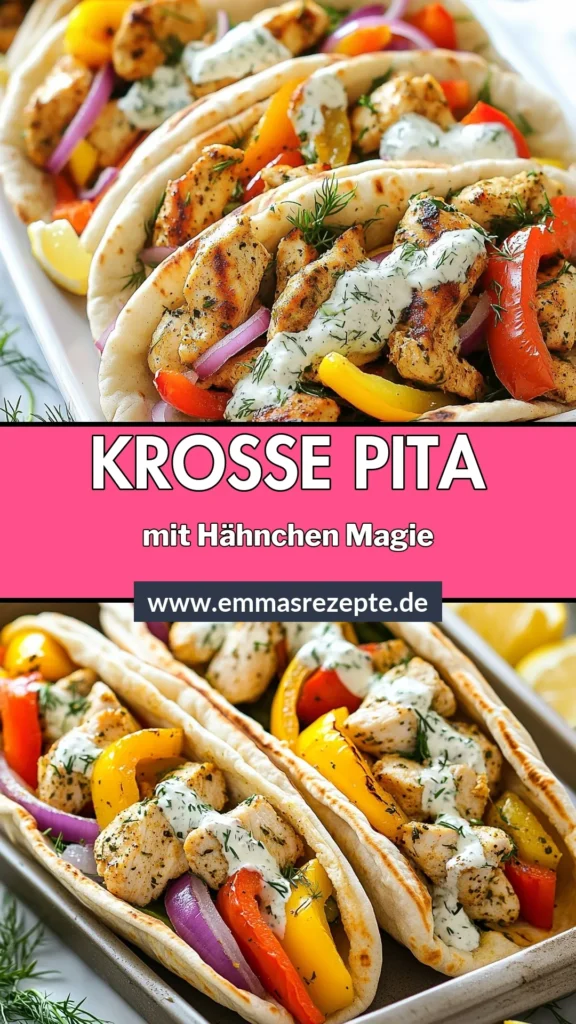 Entdecke dieses köstliche Blech-Pan Hähnchen Rezept für ein schnelles Abendessen! Die krossen Hähnchen-Pitas sind mit buntem Gemüse und einer cremigen Kräuter-Ranch Sauce gefüllt – perfekt für gesunde Mahlzeiten. Genieße dieses einfache Gericht, das in nur 35 Minuten zubereitet ist. Speichere das Rezept und bringe frischen Geschmack auf deinen Tisch! #BlechPanHähnchen #HähnchenPitas #KräuterRanch #schnellesAbendessen