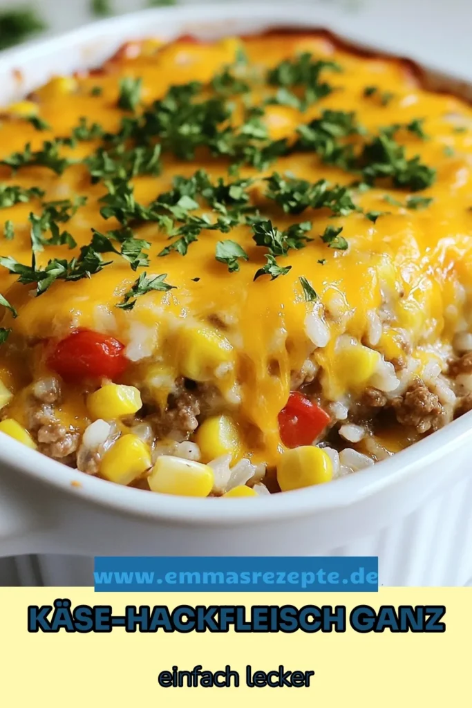 Entdecken Sie dieses herzhaftes Dinner-Rezept, den Käse-Hackfleisch-Reisauflauf! Mit Rinderhackfleisch, leckerem Cheddar und Gemüse ist dieses einfache Auflauf-Rezept perfekt für die ganze Familie. In nur 55 Minuten genießen Sie ein köstliches Käse-Reisgericht. Lassen Sie sich von diesem Rezept inspirieren und speichern Sie es für das nächste Abendessen! #KäseHackfleischReisauflauf #AuflaufRezept #DinnerRezept #RinderhackfleischAuflauf