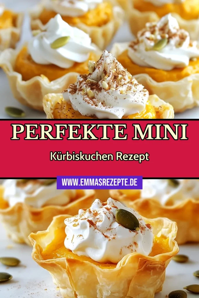 Entdecken Sie unser köstliches Mini Kürbiskuchen Rezept! Diese Kürbiskuchen Mini Phyllo sind der perfekte Genuss für die Feiertage. Mit einer cremigen Füllung und garniert mit Schlagsahne sind die Kürbisküchlein mit Schlagsahne ein hit für jedes Fest. Probieren Sie jetzt dieses einfache Kürbisrezepte und bringen Sie die Herbststimmung in Ihre Küche! Speichern Sie das Rezept für Ihre nächste Feier! #Kürbisrezepte #Backen #Feiertage #MiniKürbiskuchen