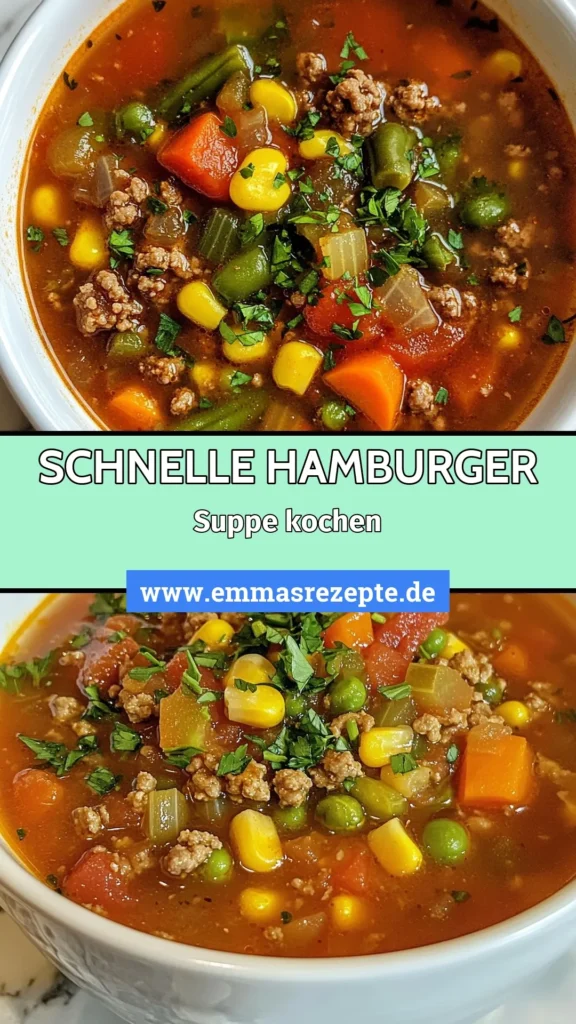 Entdecken Sie dieses köstliche Hamburger Suppe rezept, ideal für hektische Tage! Diese einfache Suppe Rinderhackfleisch kombiniert leckeres Gemüse mit einem herzhaften Rezept für Suppe, das in nur 40 Minuten zubereitet ist. Perfekt für eine schnelle Mahlzeit Suppe, die die ganze Familie erfreuen wird. Probieren Sie jetzt dieses Familienrezept aus und genießen Sie! Speichern Sie es für später! #HamburgerSuppe #EinfacheSuppe #SchnelleMahlzeit #HerzhaftesRezept