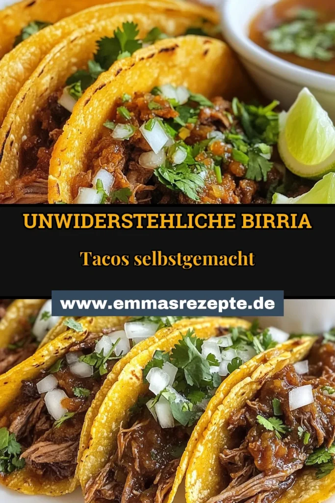 Entdecken Sie das perfekte Birria Tacos Rezept! Diese köstlichen Rinderbraten Tacos aus Mexiko sind ein Fest für die Sinne. Mit Guajillo Chilis zubereitet, schmecken diese Tacos einfach himmlisch. Erfahren Sie, wie Sie Birria Tacos selber machen und Ihre Gäste beeindrucken können. Lassen Sie sich von diesem Rezept inspirieren und speichern Sie es für Ihr nächstes Kochabenteuer! #BirriaTacos #RinderbratenTacos #MexikanischeTacos #TacosMitGuajilloChilis