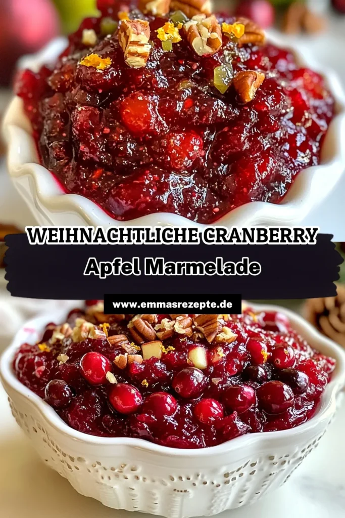Entdecken Sie dieses leckere Weihnachtsmarmelade Rezept für selbstgemachte Cranberry Apfel Marmelade! Diese einfache Marmelade herstellen Sie schnell mit frischen Cranberries, Äpfeln und einer Prise Pekannüsse für zusätzlichen Geschmack. Perfekt für die Festtage oder als Geschenk! Holen Sie sich alle Details und genießen Sie diese festliche Köstlichkeit auf Brot oder Käseplatten. Jetzt ausprobieren! #CranberryApfelMarmelade #Weihnachtsmarmelade #selbstgemachteMarmelade #einfachesRezept