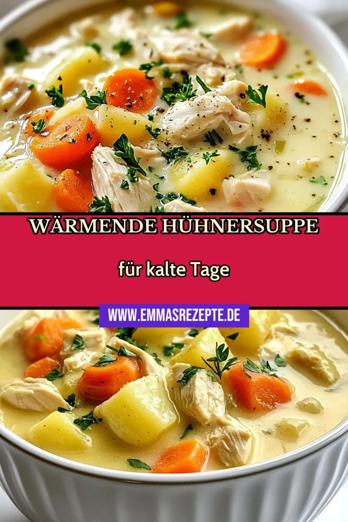 Entdecken Sie unser Rezept für Hühner-Pot-Pie-Suppe, die perfekte wärmende Suppe für kalte Tage. Diese einfache Hühnersuppe kombiniert frisches Gemüse und zartes Hähnchen in einer cremigen Brühe, ideal für Familienessen. Mit köstlichem Blätterteig als Topping wird diese hausgemachte Suppe zum Highlight! Probieren Sie es aus und bringen Sie Wärme in Ihr Zuhause. Jetzt speichern und nachkochen! #HühnerPotPieSuppe #einfacheHühnersuppe #HausgemachteSuppe #WärmendeSuppeRezept