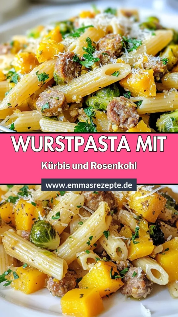 Entdecke dieses köstliche Wurstpasta Rezept mit Rosenkohl und Kürbis! Diese italienische Wurst Pasta kombiniert zarte Pasta mit herzhaften Aromen, perfekt für ein einfaches Pasta Gericht. Probiere dieses schnelle und einfache Rezept für ein nährstoffreiches Abendessen. Ein ideales Kürbis Pasta Gericht für jede Jahreszeit. Lass es dir schmecken! Speichere das Rezept und teile deine Kreationen mit uns! #Wurstpasta #RosenkohlPasta #KürbisPasta #einfachePastaRezepte