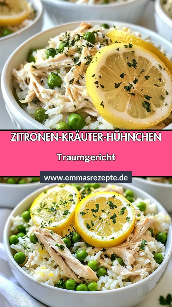 Entdecke das köstliche Zitronen-Kräuter-Hühnchen im Slow Cooker! Dieses einfache Reisgericht kombiniert saftiges Hühnchen mit frischen Kräutern und Erbsen, perfekt für gesunde Hühnchen Rezepte. Ideal für ein stressfreies Abendessen, das die ganze Familie begeistert. Bereite es in nur 15 Minuten vor und genieße 7 Stunden später dein perfektes Gericht. Lass es dir schmecken und speichere das Rezept! #SlowCooker #Hühnchenrezepte #Reisgericht #GesundeErnährung
