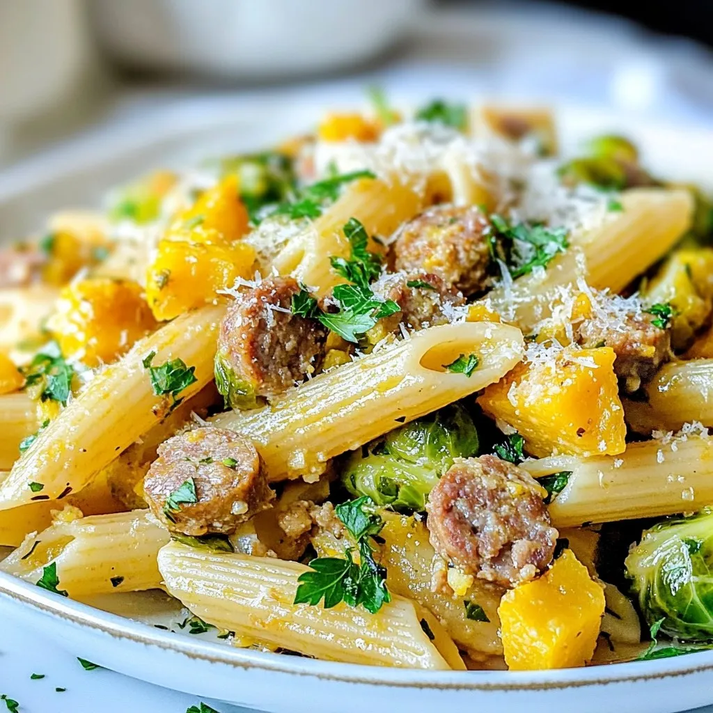 Für dieses leckere Gericht brauchst du folgende Zutaten: - 225 g Pasta (z. B. Penne oder Rigatoni) - 2 Esslöffel Olivenöl - 450 g italienische Wurst (Truthahn oder Huhn empfohlen) - 2 Tassen Rosenkohl, halbiert - 1 Tasse Butternut-Kürbis, gewürfelt - 3 Knoblauchzehen, gehackt - 1 Teelöffel rote Pfefferflocken (optional) - 1 Teelöffel getrockneter Thymian - 1 Tasse Gemüsebrühe - 125 g geriebener Parmesan (oder vegane Alternative) - Salz und Pfeffer nach Geschmack - Frische Petersilie, gehackt (zum Garnieren) Die richtigen Gewürze machen den Unterschied. Ich empfehle, getrockneten Thymian zu nutzen. Er bringt einen tollen Geschmack. Rote Pfefferflocken sind optional. Sie geben einen kleinen Kick. Wenn du es milder magst, lass sie weg. Salz und Pfeffer sind wichtig, um die Aromen zu betonen. Wähle eine Wurst mit gutem Geschmack. Ich bevorzuge Truthahn oder Huhn. Diese Wurst ist leichter und passt gut zu Gemüse. Achte darauf, dass die Wurst frisch ist. Wenn du die Wurst im Laden kaufst, frag nach der Herkunft. Guten Geschmack bekommst du auch mit Bio-Wurst. {{ingredient_image_2}} Beginne mit dem Kochen der Pasta. Nimm einen großen Topf und fülle ihn mit Wasser. Füge eine Prise Salz hinzu. Bring das Wasser zum Kochen. Gib die Pasta hinein und koche sie nach der Verpackungsanweisung al dente. Das bedeutet, sie sollte noch leicht fest sein. Nach dem Kochen, gieße die Pasta ab und stelle sie beiseite. Erhitze das Olivenöl in einer großen Pfanne bei mittlerer Hitze. Nimm die Wurst aus der Hülle und drücke sie in die Pfanne. Zerkleinere die Wurst mit einem Holzlöffel. Brate sie für etwa 5 bis 7 Minuten. Die Wurst sollte goldbraun und gut durchgegart sein. Nimm die Wurst aus der Pfanne und lege sie auf einen Teller. In derselben Pfanne fügst du nun den halbierten Rosenkohl und den gewürfelten Butternut-Kürbis hinzu. Brate das Gemüse für 5 bis 6 Minuten an, bis es etwas weich wird. Dann kommt der gehackte Knoblauch dazu. Wenn du magst, füge die roten Pfefferflocken und den getrockneten Thymian hinzu. Brate alles für weitere 2 bis 3 Minuten. So entfalten sich die Aromen und es duftet köstlich. Die Sauce sollte leicht cremig und gut gebunden sein. Um dies zu erreichen, füge immer etwas Gemüsebrühe hinzu. Wenn die Sauce zu dick wird, gib einfach mehr Brühe dazu. Das hilft, die Aromen zu verbinden und gibt der Pasta die perfekte Konsistenz. Rühre die Pasta gut um, damit sie die Sauce gut aufnimmt. Hier sind einige Küchengeräte, die für dieses Rezept nützlich sind: - Großer Topf für die Pasta - Große Pfanne für die Wurst und das Gemüse - Holzlöffel zum Rühren - Schüssel zum Abtropfen der Pasta Mit diesen Geräten geht die Zubereitung schnell und einfach von der Hand. Sie helfen dir, die verschiedenen Schritte reibungslos zu gestalten. Ein häufiger Fehler ist, die Pasta zu lange zu kochen. Achte darauf, sie al dente zu kochen. So bleibt sie bissfest und nimmt die Sauce besser auf. Ein weiterer Fehler ist, die Wurst nicht gut anzubraten. Brate sie goldbraun, damit sie den besten Geschmack hat. Wenn du das Gemüse zu lange kochst, verliert es seine Knackigkeit und Aromen. Halte dich an die Zeitangaben aus dem Rezept, um das Beste herauszuholen. Pro Tipps Wurstwahl: Verwenden Sie frische, hochwertige italienische Wurst für den besten Geschmack. Truthahn oder Huhn sind leichter, während Schweinefleisch eine reichhaltigere Note verleiht. Gemüsevorbereitung: Schneiden Sie den Butternut-Kürbis in gleichmäßige Würfel, damit er gleichmäßig gar wird. Frisch gekaufter Rosenkohl schmeckt am besten. Knoblauch hinzufügen: Fügen Sie den gehackten Knoblauch erst in den letzten Minuten des Anbratens hinzu, um zu verhindern, dass er verbrennt und bitter wird. Servieren: Garnieren Sie das Gericht mit frischer Petersilie und zusätzlichem Parmesan für mehr Geschmack und eine ansprechende Präsentation. {{image_4}} Wenn du eine andere Geschmacksrichtung möchtest, probiere andere Gemüse. Brokkoli, Zucchini oder Karotten passen gut. Diese Gemüse sind lecker und gesund. Sie bringen Farbe und Textur in die Wurstpasta. Du kannst auch saisonales Gemüse verwenden. Das macht das Gericht abwechslungsreich und spannend. Für eine glutenfreie Pasta wähle Sorten aus Reis oder Mais. Sie schmecken toll und sind leicht zu finden. Wenn du vegan kochen möchtest, ersetze die Wurst. Verwende stattdessen pflanzliche Wurst oder Linsen. Auch der Parmesan kann durch eine vegane Alternative ersetzt werden. Das Gericht bleibt trotzdem lecker und nahrhaft. Du kannst verschiedene Pasta-Sorten verwenden. Penne und Rigatoni sind großartig, aber auch Fusilli oder Farfalle sind eine gute Wahl. Die Form der Pasta hält die Sauce gut fest. Experimentiere mit verschiedenen Formen und finde deine Lieblingskombination. Das macht das Essen noch spannender. Wenn du Wurstpasta mit Rosenkohl und Kürbis zubereitest, bleiben oft Reste übrig. Um die Reste frisch zu halten, lege sie in einen luftdichten Behälter. Kühlere sie schnell, um Bakterien zu vermeiden. Du kannst die Pasta bis zu drei Tage im Kühlschrank aufbewahren. Achte darauf, die Wurst und das Gemüse gut in der Sauce zu lagern. So bleibt der Geschmack erhalten. Um die Reste aufzuwärmen, nimm eine Pfanne oder die Mikrowelle. In der Pfanne füge etwas Gemüsebrühe hinzu. Dies hilft, die Pasta nicht austrocknen zu lassen. Erhitze sie bei mittlerer Hitze, bis sie warm ist. In der Mikrowelle kannst du die Pasta in einem geeigneten Behälter bei mittlerer Hitze aufwärmen. Decke den Behälter mit einem feuchten Papiertuch ab. So bleibt die Pasta saftig. Die Haltbarkeit der Wurstpasta hängt von der Lagerung ab. Bei richtiger Lagerung hält sie bis zu drei Tage im Kühlschrank. Wenn du die Pasta länger aufbewahren möchtest, friere sie ein. In einem gefrierfesten Behälter bleibt die Wurstpasta bis zu drei Monate frisch. Wenn du sie auftauen möchtest, lasse sie über Nacht im Kühlschrank. So bleibt die Qualität hoch. Wenn du die Wurst ersetzen möchtest, gibt es viele Optionen. Du kannst Hähnchenbrust, Tofu oder Tempeh nutzen. Diese Alternativen bieten einen guten Geschmack. Du kannst auch eine vegetarische Wurst wählen. Achte darauf, sie gut zu würzen, damit das Gericht lecker bleibt. Das Rezept ist nicht von Natur aus scharf. Du kannst jedoch rote Pfefferflocken hinzufügen, wenn du es schärfer magst. Füge nach und nach hinzu, um die Schärfe zu kontrollieren. So kannst du den perfekten Geschmack für dich finden. Ja, du kannst das Gericht im Voraus zubereiten. Koche die Pasta und das Gemüse getrennt. Mische sie erst kurz vor dem Servieren. Das sorgt dafür, dass alles frisch bleibt. Lagere die Reste in einem luftdichten Behälter im Kühlschrank. So hält sich das Gericht gut für ein paar Tage. In diesem Artikel habe ich die Zutaten und Zubereitung der Wurstpasta erklärt. Du lernst, wie du die besten Wurstsorten auswählst und die perfekte Sauce zubereitest. Ich habe dir Tipps gegeben, um häufige Fehler zu vermeiden und Variationen zu probieren. Denke daran, die Reste richtig zu lagern, damit du lange Freude daran hast. Wurstpasta ist einfach und lecker. Probiere die Variationen aus und finde deine Lieblingsversion. Kochen macht Spaß und ihr könnt kreative Wege finden, dieses Gericht zu genießen.
