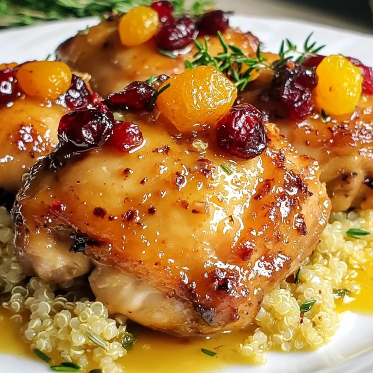 Für dieses leckere Rezept brauchst du: - 4 Hühnerkeulen mit Knochen und Haut - 1 Tasse frische oder gefrorene Cranberries - 1 Tasse getrocknete Aprikosen, grob gehackt - 1 mittelgroße Zwiebel, gewürfelt - 2 Knoblauchzehen, fein gehackt - 1 Esslöffel Olivenöl - 1 Esslöffel Honig - 2 Teelöffel getrockneter Thymian - Salz und Pfeffer nach Geschmack - 1 Tasse Hühnerbrühe - Schale von 1 Orange Diese Zutaten bringen frische, süße und herzhafte Aromen zusammen. Die Hühnerkeulen sind saftig und die Frucht sorgt für einen tollen Kontrast. In diesem Rezept verwende ich Thymian. Er gibt dem Gericht einen schönen, aromatischen Geschmack. Du kannst auch frischen Thymian nutzen, wenn du ihn zur Hand hast. Salz und Pfeffer sind wichtig, um die Aromen hervorzuheben. Wenn du keine frischen Cranberries findest, sind gefrorene eine gute Wahl. Sie schmecken fast gleich. Für die Aprikosen kannst du auch andere Trockenfrüchte verwenden. Datteln oder Pflaumen passen gut. Wenn du keinen frischen Thymian hast, probiere getrocknete Kräuter oder andere Kräuter wie Rosmarin. So bleibt das Gericht einfach und lecker! {{ingredient_image_2}} Zuerst heizen Sie den Ofen auf 190°C (375°F) vor. Nehmen Sie die Hühnerkeulen und tupfen Sie sie mit einem Papiertuch trocken. Dies hilft, die Haut knusprig zu machen. Würzen Sie die Keulen mit Salz und Pfeffer. Sie können auch getrockneten Thymian darauf streuen, um mehr Geschmack zu bekommen. Erhitzen Sie 1 Esslöffel Olivenöl in einer großen, ofenfesten Pfanne bei mittlerer Hitze. Fügen Sie die gewürfelte Zwiebel hinzu. Braten Sie sie etwa 5 Minuten lang, bis sie weich und durchsichtig ist. Dann geben Sie die fein gehackten Knoblauchzehen dazu. Rühren Sie alles für 1 Minute, bis der Knoblauch gut riecht. Schieben Sie die Zwiebeln zur Seite in der Pfanne. Legen Sie die Hühnerkeulen mit der Hautseite nach unten hinein. Braten Sie sie 5-7 Minuten lang, bis die Haut goldbraun ist. Wenden Sie die Keulen und braten Sie die andere Seite für weitere 5 Minuten an. Entfernen Sie überschüssiges Fett aus der Pfanne. Fügen Sie dann die Cranberries, die gehackten Aprikosen, den Honig, die Hühnerbrühe und die Orangenschale hinzu. Rühren Sie alles vorsichtig um. Lassen Sie die Mischung aufkochen und geben Sie die Pfanne dann in den vorgeheizten Ofen. Backen Sie die Hühnerkeulen 25-30 Minuten lang, bis sie vollständig durchgegart sind. Die Innentemperatur sollte 74°C (165°F) erreichen. Nehmen Sie die Pfanne aus dem Ofen und lassen Sie die Hühnerkeulen 5 Minuten ruhen, bevor Sie sie servieren. Die Garzeit für Hühnchenkeulen ist entscheidend. Ich empfehle, sie bei 190°C (375°F) für 25 bis 30 Minuten zu backen. So bleibt das Fleisch saftig. Die Innentemperatur sollte 74°C (165°F) erreichen. Ein Küchenthermometer hilft dir, sicher zu sein. Für knusprige Haut ist die Hitze wichtig. Brate die Keulen zuerst mit der Hautseite nach unten. So wird die Haut goldbraun. Lass dann die Keulen im Ofen backen. Das sorgt dafür, dass die Haut schön knusprig wird. Weniger Fett in der Pfanne hilft auch! Um den Geschmack zu verbessern, nutze frische Kräuter. Thymian passt gut zu Hühnchen. Füge die Orangenschale hinzu, um Frische zu bringen. Honig sorgt für eine süße Note. Probiere auch verschiedene Kombinationen mit anderen Früchten. Das macht das Gericht spannend und lecker. Pro Tipps Frische Kräuter hinzufügen: Frische Kräuter wie Thymian oder Rosmarin verleihen dem Gericht ein zusätzliches Aroma und Frische. Marinieren der Hühnerkeulen: Lassen Sie die Hühnerkeulen vor dem Kochen in einer Mischung aus Olivenöl, Honig und Gewürzen marinieren, um den Geschmack zu intensivieren. Variieren Sie die Früchte: Experimentieren Sie mit verschiedenen getrockneten Früchten wie Datteln oder Feigen für eine interessante Geschmacksnote. Servieren mit Beilagen: Kombinieren Sie das Gericht mit nahrhaften Beilagen wie Quinoa oder einem frischen Salat für eine ausgewogene Mahlzeit. {{image_4}} Für eine vegetarische Version dieses Gerichts können Sie Tofu oder Seitan verwenden. Diese Optionen bieten eine ähnliche Textur wie Hühnchen. Marinieren Sie den Tofu mit den gleichen Kräutern. Braten Sie ihn dann goldbraun an. Kombinieren Sie die Früchte und die Sauce wie gewohnt. Das Ergebnis ist ein köstliches, fleischfreies Gericht. Experimentieren Sie mit verschiedenen Früchten. Sie können Pfirsiche, Äpfel oder sogar Birnen verwenden. Diese Früchte geben dem Gericht eine süße Note. Achten Sie darauf, die Zuckermenge anzupassen. Wenn die Früchte süßer sind, benötigen Sie weniger Honig. Seien Sie kreativ, um Ihr persönliches Geschmackserlebnis zu finden. Passen Sie die Gewürze nach Ihrem Geschmack an. Fügen Sie mehr Thymian für einen stärkeren Geschmack hinzu. Oder versuchen Sie eine Prise Zimt für eine neue Note. Wenn Sie es schärfer mögen, fügen Sie etwas Cayennepfeffer hinzu. Ein kleines Experiment kann das Gericht noch besser machen. Die Reste der Cranberry Aprikosen-Hühnchenkeulen sind einfach zu lagern. Lassen Sie die Hühnchenkeulen zuerst abkühlen. Legen Sie sie dann in einen luftdichten Behälter. Sie können sie bis zu drei Tage im Kühlschrank aufbewahren. Stellen Sie sicher, dass die Reste gut abgedeckt sind, damit sie frisch bleiben. Wenn Sie mehr Hühnchenkeulen zubereitet haben, können Sie sie auch einfrieren. Wickeln Sie die abgekühlten Keulen in Frischhaltefolie ein. Danach legen Sie sie in einen gefrierfesten Beutel. So bleiben sie bis zu drei Monate frisch. Beschriften Sie den Beutel mit dem Datum. So wissen Sie immer, wie lange sie schon eingefroren sind. Das Wiederaufwärmen von Hühnchenkeulen ist einfach. Sie können den Ofen auf 175°C (350°F) vorheizen. Legen Sie die Hühnchenkeulen in eine ofenfeste Form. Fügen Sie etwas Hühnerbrühe hinzu, um das Fleisch saftig zu halten. Decken Sie die Form mit Aluminiumfolie ab. Erwärmen Sie die Keulen für etwa 20 Minuten. Überprüfen Sie die Temperatur, um sicherzustellen, dass sie heiß sind. So genießen Sie die köstlichen Hühnchenkeulen wieder frisch! Hühnchenkeulen zu garen, dauert etwa 25 bis 30 Minuten im Ofen. Es ist wichtig, die Innentemperatur zu überprüfen. Sie sollte 74°C (165°F) erreichen. Dies stellt sicher, dass das Hühnchen sicher zu essen ist. Wenn Sie die Hühnchenkeulen auf dem Herd anbraten, dauert es etwa 10 bis 15 Minuten insgesamt. Kombinieren Sie beides für ein perfektes Ergebnis. Zu Cranberry Aprikosen Hühnchenkeulen passen viele Beilagen gut. Hier sind einige meiner Favoriten: - Quinoa für eine nussige Note - Reis, um die leckere Sauce aufzusaugen - Ofengemüse für eine gesunde Ergänzung - Kartoffelpüree, das wunderbar cremig ist Diese Beilagen machen das Gericht noch besser und sorgen für Abwechslung. Ja, gefrorene Cranberries sind eine tolle Option! Sie sind praktisch und ebenso schmackhaft. Achten Sie darauf, sie vorher nicht aufzutauen. Fügen Sie sie einfach direkt in die Pfanne hinzu. Sie geben dem Gericht eine frische und saftige Note. In diesem Artikel haben wir die wichtigsten Punkte für die Zubereitung von Cranberry Aprikosen-Hühnchenkeulen behandelt. Wir haben die Zutaten, die Zubereitungsschritte, Tipps für perfekte Ergebnisse und Variationen besprochen. Gerichte wie dieses können viel Freude bringen und bieten Platz für Anpassungen. Experimentiere mit den Zutaten und finde deinen eigenen Geschmack. Mit diesen Tipps gelingt dir ein leckeres Gericht. Gutes Essen ist einfach schön!