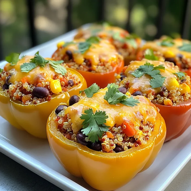 Um köstliche gefüllte Paprika zuzubereiten, brauchst du: - 4 große Paprika (in deiner Lieblingsfarbe) - 1 Tasse Quinoa, gründlich abgespült - 2 Tassen Gemüsebrühe - 1 Dose (450 g) schwarze Bohnen, abgetropft und gespült - 1 Tasse Maiskörner (frisch, gefroren oder aus der Dose) - 1 Teelöffel Kreuzkümmel - 1 Teelöffel geräucherte Paprika - 1 Teelöffel Knoblauchpulver - ½ Teelöffel Salz - ½ Teelöffel schwarzer Pfeffer - 1 Tasse gewürfelte Tomaten (aus der Dose oder frisch) - 1 Tasse geriebener Cheddarkäse (oder veganer Käse) - Frische Korianderblätter zur Garnierung (optional) Wähle stets frische und feste Paprika. Sie sollten glänzend sein und keine Flecken haben. Achte darauf, dass die Paprika gleichmäßig gefärbt sind. Die Farben können rot, gelb, grün oder orange sein. Jede Farbe bringt ihren eigenen Geschmack mit. Frische Zutaten sind oft geschmackvoller. Kaufe Bohnen und Mais in Dosen, wenn frische nicht erhältlich sind. Wenn du gefrorene Zutaten wählst, achte darauf, dass sie keine Eisbildung haben. Das zeigt, dass sie gut gelagert wurden. Frische Tomaten sind ideal, aber Dosen sind praktisch und lecker. {{ingredient_image_2}} Heize deinen Ofen auf 190 °C vor. Wähle vier große Paprika in deiner Lieblingsfarbe. Schneide die Oberseiten der Paprika ab. Entferne die Samen und die inneren Membranen. Stelle die Paprika aufrecht in eine Auflaufform. Sie sollen sicher stehen. Gib eine Tasse Quinoa in einen mittelgroßen Kochtopf. Spüle die Quinoa gründlich ab, damit sie nicht bitter schmeckt. Füge zwei Tassen Gemüsebrühe hinzu. Bringe die Mischung zum Kochen. Reduziere dann die Hitze auf niedrig und decke den Topf ab. Lasse die Quinoa etwa 15 Minuten köcheln, bis sie fluffig ist. Alle Flüssigkeit sollte aufgesogen sein. In einer großen Schüssel vermischst du die gekochte Quinoa mit den anderen Zutaten. Füge die schwarzen Bohnen, den Mais, Kreuzkümmel, geräucherte Paprika, Knoblauchpulver, Salz, Pfeffer und die gewürfelten Tomaten hinzu. Rühre alles gut um, bis die Mischung gleichmäßig ist. Fülle jede Paprika vorsichtig mit der Mischung. Drücke leicht an, aber lass Platz oben. Verteile den geriebenen Käse gleichmäßig auf den gefüllten Paprikas. Decke die Auflaufform mit Alufolie ab. Backe die Paprika im vorgeheizten Ofen für 25 Minuten. Entferne dann die Folie. Backe sie für weitere 10 Minuten, bis die Paprika zart sind. Der Käse sollte schmelzen und blubbern. Nimm die Paprika aus dem Ofen und lasse sie kurz abkühlen. Garniere die gefüllten Paprika mit frischen Korianderblättern, wenn du magst. Um tolle gefüllte Paprika zu machen, gibt es einige häufige Fehler. Hier sind die wichtigsten: - Paprika nicht vorab vorbereiten: Achte darauf, die Paprika gut vorzubereiten. Entferne alle Samen und die inneren Membranen. Das hilft beim Füllen. - Zu viel oder zu wenig Füllung: Fülle die Paprika nicht zu voll. Lass oben etwas Platz. So bleibt die Füllung saftig und der Käse kann schmelzen. - Füllung nicht gut mischen: Mische die Füllung gründlich. So verteilt sich der Geschmack gleichmäßig in jeder Paprika. Serviere die gefüllten Paprika warm. Sie sehen nicht nur toll aus, sondern schmecken auch am besten frisch aus dem Ofen. Hier sind einige Ideen, wie du sie servieren kannst: - Mit frischem Koriander: Garniere die Paprika mit frischen Korianderblättern. Das gibt einen schönen Farbkontrast und frischen Geschmack. - Mit einer Beilage: Reis oder Salat passen gut dazu. Sie ergänzen die Aromen der Paprika wunderbar. - Soßen hinzufügen: Du kannst eine scharfe Salsa oder eine cremige Sauce dazu reichen. Das sorgt für mehr Geschmack. Die Präsentation ist wichtig, um das Essen appetitlich aussehen zu lassen. Hier sind einige Tipps: - Farbe nutzen: Wähle Paprika in verschiedenen Farben. Das macht den Teller bunter und einladender. - Platzierung: Stelle die Paprika auf einen großen Teller. So kommen sie besser zur Geltung. - Zusätzliche Garnitur: Streue etwas Käse oder Koriander über die gefüllten Paprika. Das sieht frisch und lecker aus. Pro Tipps Die richtige Paprikawahl: Wähle Paprika in verschiedenen Farben für eine ansprechende Präsentation und einen leicht unterschiedlichen Geschmack. Quinoa perfekt zubereiten: Achte darauf, die Quinoa gründlich abzuspülen, um Bitterstoffe zu entfernen und einen besseren Geschmack zu erzielen. Füllung variieren: Experimentiere mit der Füllung, indem du zusätzliches Gemüse oder Gewürze hinzufügst, um die Aromen zu intensivieren. Resteverwertung: Verwende übrig gebliebene Füllung als Beilage oder als Füllung für Burritos oder Wraps. {{image_4}} Du kannst gefüllte Paprika leicht vegetarisch oder vegan machen. Verwende einfach eine pflanzliche Käsealternative. Statt Käse kannst du auch Nüsse oder Hefeflocken nutzen. Diese geben einen tollen Geschmack. Füge mehr Gemüse wie Zucchini oder Spinat hinzu. Du kannst auch Linsen anstelle von schwarzen Bohnen verwenden. Linsen sind nahrhaft und lecker. Die Füllung ist der Schlüssel. Du kannst mit verschiedenen Zutaten spielen. Probiere Reis, Couscous oder sogar Hirse. Füge getrocknete Früchte wie Rosinen oder Aprikosen für einen süßen Kick hinzu. Du kannst auch verschiedene Bohnenarten verwenden. Kidneybohnen oder Kichererbsen passen gut. Sei kreativ und finde deine Lieblingskombination! Die Gewürze machen einen großen Unterschied. Du kannst Kreuzkümmel oder Paprika ändern. Füge Chili für etwas Schärfe hinzu. Frische Kräuter wie Basilikum oder Oregano machen die Füllung frisch. Experimentiere mit verschiedenen Geschmäckern. Du kannst sogar asiatische Aromen mit Sojasauce oder Ingwer ausprobieren. So wird jede Füllung besonders! Wenn du gefüllte Paprika übrig hast, ist die Aufbewahrung einfach. Lass sie zuerst auf Raumtemperatur abkühlen. Danach packe sie in einen luftdichten Behälter. Du kannst sie bis zu drei Tage im Kühlschrank aufbewahren. Achte darauf, dass die Paprika gut abgedeckt sind, damit sie nicht austrocknen. Wenn du mehrere Portionen hast, trenne sie am besten in kleinere Behälter. So kannst du sie leichter entnehmen. Das Einfrieren ist eine tolle Methode, um gefüllte Paprika länger haltbar zu machen. Lass die Paprika vollständig abkühlen, bevor du sie einfrierst. Wickele jede Paprika in Frischhaltefolie und lege sie dann in einen gefriersicheren Beutel. So bleiben sie frisch. Du kannst sie bis zu drei Monate im Gefrierfach aufbewahren. Um die Paprika wieder aufzutauen, lege sie einfach über Nacht in den Kühlschrank. Um gefüllte Paprika wieder zu erwärmen, heize deinen Ofen auf 180 °C vor. Lege die gefüllten Paprika in eine Auflaufform. Du kannst etwas Gemüsebrühe hinzufügen, damit sie nicht austrocknen. Decke die Form mit Alufolie ab und backe sie etwa 20 Minuten. Wenn du sie in der Mikrowelle erwärmen möchtest, lege sie auf einen mikrowellengeeigneten Teller. Erhitze sie in 1-2 Minuten Intervallen, bis sie warm sind. So bleibt der Käse schön schmelzig und die Paprika lecker. Gefüllte Paprika halten sich gut im Kühlschrank. Sie bleiben frisch für etwa drei bis vier Tage. Stelle sicher, dass du sie in einem luftdichten Behälter lagerst. Das schützt sie vor dem Austrocknen und unangenehmen Gerüchen. Wenn du noch Reste hast, genieße sie in den nächsten Tagen. Ja, du kannst Quinoa durch Reis ersetzen. Brauner Reis oder weißer Reis sind beide gute Optionen. Beachte, dass die Kochzeit für Reis anders ist. Brauner Reis braucht etwa 40 Minuten, während weißer Reis nur 20 Minuten benötigt. Achte darauf, die Menge an Brühe entsprechend anzupassen. Ja, gefüllte Paprika sind sehr gesund! Sie sind reich an Vitaminen und Ballaststoffen. Paprika enthalten Vitamin C, das dein Immunsystem stärkt. Die Füllung aus Quinoa, Bohnen und Gemüse bietet Proteine und Nährstoffe. Diese Mahlzeit ist nahrhaft und sättigend. Zu gefüllten Paprika passen viele Beilagen. Du kannst einen frischen grünen Salat servieren. Auch Reis oder ein einfaches Brot sind gute Optionen. Wenn du etwas mehr möchtest, probiere einen Joghurt-Dip. Dies bietet eine tolle Kombination zu den würzigen Aromen der Paprika. Zusammengefasst haben wir die Zutaten, Schritte und Tipps für gefüllte Paprika besprochen. Du hast gelernt, wie man die besten Paprika auswählt und leckere Füllungen vorbereitet. Achte darauf, gängige Fehler zu vermeiden und die Präsentation zu verbessern. Variiere die Rezepte und genieße die verschiedenen Geschmäcker. Frisch zubereitet oder aufbewahrt, gefüllte Paprika sind einfach köstlich und gesund. Probiere es aus und erfreue dich an diesem tollen Gericht!
