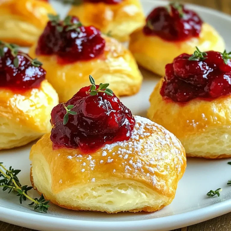 - Gekühlter Croissant-Teig - Frischkäse und Aromazutaten - Cranberry-Sauce und Süßungsmittel Für diese leckeren Cranberry Cream Cheese Crescent Bites brauchen Sie einige einfache Zutaten. Zuerst benötigen Sie eine Dose gekühlten Croissant-Teig. Dieser Teig gibt den Häppchen ihre knusprige Textur. Als Nächstes benötigen Sie Frischkäse. Verwenden Sie 113 g weichen Frischkäse. Dies wird die Basis für die Füllung sein. Um die Füllung noch besser zu machen, fügen Sie Aromen hinzu: einen Esslöffel Honig, einen halben Teelöffel Vanilleextrakt und einen viertel Teelöffel Zimt. Diese Zutaten bringen einen süßen und würzigen Geschmack. Dann kommt die Hauptzutat: die Cranberry-Sauce. Sie brauchen 60 ml aus der Dose. Dies wird für den fruchtigen Kick sorgen. Um die Häppchen zu garnieren, verquirlen Sie ein Ei. Das gibt den Croissants eine schöne goldene Farbe. Schließlich bestäuben Sie die fertigen Häppchen mit Puderzucker. Frische Thymianblätter sind eine tolle Garnitur, die auch den Geschmack hebt. Diese Zutaten sind einfach zu finden und machen den Prozess leicht. Bereiten Sie sich vor, etwas Leckeres zu zaubern! {{ingredient_image_2}} Heize den Ofen auf 190°C vor. Lege ein Backblech mit Backpapier aus. Das Backpapier hilft, dass die Häppchen nicht kleben bleiben. In einer mittelgroßen Schüssel, vermische den weichen Frischkäse, Honig, Vanilleextrakt und Zimt. Rühre alles gut um, bis die Mischung glatt ist. Diese Füllung macht die Häppchen cremig und lecker. Nimm den gekühlten Croissant-Teig aus der Dose. Rolle den Teig vorsichtig aus und teile ihn entlang der Perforationen in gleichmäßige Dreiecke. Jedes Dreieck wird ein Häppchen. Achte darauf, dass alle Stücke gleich groß sind, damit sie gleichmäßig backen. Nimm etwa einen Esslöffel der Frischkäsemischung. Platziere ihn am breiten Ende jedes Dreiecks. Füge dann einen kleinen Klecks Cranberry-Sauce hinzu. Rolle das Croissant vom breiten Ende zur Spitze auf, um die Füllung zu umschließen. Lege die aufgerollten Croissants auf das Backblech. Achte darauf, genügend Platz zwischen ihnen zu lassen. Bestreiche die Oberseite jedes Croissants mit dem verquirlten Ei. Dies gibt ihnen eine schöne goldene Farbe beim Backen. Backe die Croissants für 12-15 Minuten im vorgeheizten Ofen. Sie sind fertig, wenn sie goldbraun sind. Nimm das Blech aus dem Ofen und lasse die Häppchen kurz abkühlen. Bestäube sie vor dem Servieren mit Puderzucker. Garniere sie mit frischen Thymianblättern. Das gibt einen tollen Geschmack und sieht schön aus! Um die besten Häppchen zu machen, arbeite schnell mit dem Teig. Halte ihn kühl, damit er nicht weich wird. Wenn der Teig warm wird, lässt er sich schwerer handhaben. Achte darauf, die Dreiecke gleichmäßig zu schneiden. So backen sie gleichmäßig und sehen gut aus. Für optimale Backergebnisse, stelle sicher, dass dein Ofen gut vorgeheizt ist. Bei 190°C werden die Croissants goldbraun und knusprig. Lasse genug Platz zwischen den Häppchen auf dem Blech. So kann die Luft zirkulieren und sie werden gleichmäßig gebacken. Serviere die Häppchen warm, frisch aus dem Ofen. Sie passen gut zu verschiedenen Dips. Probiere einen süßen Honigsenf oder eine herzhafte Kräutercreme. Auch ein frischer Salat kann schön dazu aussehen. Du kannst die Häppchen mit frischen Beeren garnieren. So wird der Teller bunt und einladend. Pro Tipps Frischkäse-Temperatur: Stelle sicher, dass der Frischkäse weich und zimmerwarm ist, um eine glatte und gleichmäßige Mischung zu gewährleisten. Cranberry-Sauce: Verwende eine hochwertige, ganze Cranberry-Sauce für den besten Geschmack und eine ansprechende Textur. Ei-Waschung: Achte darauf, die Croissants gründlich mit dem verquirlten Ei zu bestreichen, um eine goldene und glänzende Oberfläche zu erzielen. Garnitur: Frische Thymianblätter bieten nicht nur einen schönen Farbkontrast, sondern auch einen zusätzlichen aromatischen Geschmack. {{image_4}} Cranberry-Sauce kann man leicht ersetzen. Verwende stattdessen frische Cranberries. Sie sind gesund und lecker. Du kannst sie kochen und süßen, um eine frische Sauce zu machen. Fettarmer Frischkäse ist eine tolle Wahl. Er hat weniger Kalorien und schmeckt gut. Du kannst auch pflanzlichen Frischkäse verwenden. Er gibt den Häppchen einen neuen Twist und ist vegan. Probiere andere Füllungen für mehr Vielfalt. Nutze zum Beispiel Himbeermarmelade oder Aprikosenkonfitüre. Sie bringen fruchtige Aromen in die Häppchen. Auch Nüsse sind eine gute Idee. Mische gehackte Walnüsse oder Mandeln in die Füllung. Das sorgt für einen knackigen Biss. Schau dir auch Käsefüllungen an. Ziegenkäse oder Feta passen gut zu den Croissants. Experimentiere und finde deine Lieblingskombination! Um die Cranberry Cream Cheese Crescent Bites frisch zu halten, lagere die Reste im Kühlschrank. Lege sie in einen luftdichten Behälter. So bleiben sie bis zu drei Tage lecker. Wenn du die Häppchen nicht gleich isst, ist es gut, sie vor dem Kühlen leicht abkühlen zu lassen. Das hilft, die Feuchtigkeit zu reduzieren und die Textur zu erhalten. Wenn du die Häppchen wieder aufwärmen möchtest, ist der Ofen die beste Wahl. Heize deinen Ofen auf 175°C vor. Lege die Häppchen auf ein Backblech und backe sie für etwa 5-7 Minuten. So werden sie wieder knusprig und warm. Alternativ kannst du die Häppchen auch in der Mikrowelle erwärmen. Achte darauf, sie nur kurz zu erhitzen. Ein paar Sekunden reichen oft aus, um sie warm zu machen, ohne sie matschig zu machen. Die Crescents bleiben frisch, wenn du sie richtig lagerst. Du kannst sie in einem luftdichten Behälter aufbewahren. So bleiben sie bis zu drei Tage lecker. Wenn du sie länger aufbewahren möchtest, lege sie in den Kühlschrank. Dort halten sie sich bis zu einer Woche. Ja, du kannst die Zutaten ganz nach deinem Geschmack anpassen. Wenn du keinen Frischkäse magst, probiere Ricotta oder Mascarpone. Für eine fruchtige Note kannst du auch andere Saucen verwenden. Himbeeren oder Pflaumen passen gut dazu. Auch die Gewürze sind anpassbar. Probiere verschiedene Aromen wie Muskat oder Ingwer für neuen Geschmack. Ja, du kannst die Häppchen einfrieren. Lass sie zuerst vollständig abkühlen. Dann lege sie in einen luftdichten Behälter oder einen Gefrierbeutel. So halten sie sich bis zu drei Monate. Zum Auftauen lege sie einfach in den Kühlschrank. Erhitze sie danach im Ofen bei 180°C für einige Minuten, bis sie warm sind. Der Blogbeitrag hat dir gezeigt, wie du leckere Croissant-Häppchen mit einfacher Anleitung zubereitest. Du hast die Zutatenliste gesehen, den Teig vorbereitet und die Füllung genossen. Ich hoffe, die Tipps helfen dir, tolle Ergebnisse zu erzielen. Experimentiere mit Variationen und finde deinen eigenen Stil. Beachte die Aufbewahrungshinweise, um die Häppchen frisch zu halten. So bereitest du deine eigenen perfekten Snacks mit Leichtigkeit zu. Viel Spaß beim Backen!