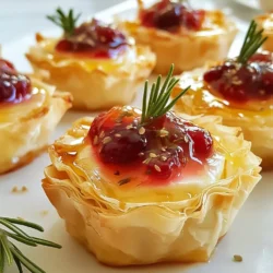 Für diese leckeren Phyllo Bites brauchst du: - 1 Packung Filoteigblätter (ca. 450 g) - 240 g frische Cranberries - 100 g Zucker - 60 ml Wasser - 1 Teelöffel Orangenschale - 225 g Brie-Käse, in kleine Würfel geschnitten - 2 Esslöffel frischer Rosmarin, fein gehackt - 1 Ei, verquirlt (für den Eierwasch) - Salz und Pfeffer nach Geschmack - Optional: Honig, zum Beträufeln Diese Zutaten machen die Phyllo Bites besonders aromatisch und festlich. Die Kombination aus süßen Cranberries und cremigem Brie-Käse ist einfach unwiderstehlich. Ich empfehle, die Cranberry-Sauce mit etwas Zimt oder Ingwer zu verfeinern. Diese Gewürze bringen Wärme und Tiefe in das Gericht. Auch eine Prise Chili kann einen spannenden Kick geben. Wenn du frische Kräuter verwendest, sind Thymian oder Schnittlauch ebenfalls tolle Alternativen zum Rosmarin. Sie verleihen den Bites einen feinen, herzhaften Geschmack. Du kannst die Phyllo Bites leicht anpassen. Statt Brie kannst du Camembert oder Ziegenkäse verwenden. Für eine nussige Note kannst du gehackte Walnüsse oder Pekannüsse hinzufügen. Diese geben den Bites zusätzlichen Crunch. Wenn du eine fruchtigere Variante möchtest, probiere Birnenscheiben oder Apfelstücke in der Füllung. Diese Kombination bringt eine schöne Süße und Frische in die Bites. {{ingredient_image_2}} Zuerst mache ich die Cranberry-Sauce. Ich nehme einen mittelgroßen Topf. Dort gebe ich frische Cranberries, Zucker, Wasser und Orangenschale. Ich erhitze dies auf mittlerer Stufe. Nach etwa 10 Minuten platzen die Cranberries auf. Ich rühre gelegentlich um. Wenn die Sauce dick wird, nehme ich sie vom Herd und lasse sie abkühlen. Jetzt bereite ich den Filoteig vor. Ich rolle die Filoteigblätter auf einer sauberen Fläche aus. Ich decke sie mit einem feuchten Tuch ab, damit sie nicht austrocknen. Dann nehme ich ein Blatt und bestreiche es leicht mit geschmolzener Butter. Ich lege ein weiteres Blatt darauf. Dies wiederhole ich, bis ich 3-4 Blätter übereinander gestapelt habe. Jetzt schneide ich die geschichteten Blätter in Quadrate. Jedes Quadrat sollte etwa 7,5 cm groß sein. Ich drücke jedes Quadrat vorsichtig in eine Muffinform. Das gibt mir kleine Tassen. In jede Tasse lege ich einen kleinen Würfel Brie-Käse. Dann toppe ich dies mit einem Löffel Cranberry-Sauce und etwas Rosmarin. Ich würze mit einer Prise Salz und Pfeffer. Jetzt ist es Zeit zu backen. Ich bestreiche die Ränder der Tassen mit verquirltem Ei. Das gibt ein schönes goldenes Finish. Ich backe die Tassen im vorgeheizten Ofen bei 190°C für 15 bis 20 Minuten. Wenn sie goldbraun sind, nehme ich sie heraus und lasse sie kurz abkühlen. Vor dem Servieren kann ich sie mit Honig beträufeln. So bekommen sie eine extra Süße. Wähle frische Filoteigblätter aus dem Kühlregal. Achte darauf, dass sie nicht brüchig sind. Sie sollten weich und geschmeidig sein. Wenn du gefrorene Blätter kaufst, lasse sie im Kühlschrank auftauen. Nutze ein feuchtes Tuch, um die Blätter abzudecken. So bleiben sie frisch und trocken. Für die beste Sauce verwende frische Cranberries. Sie sind saftig und lecker. Koche sie mit Zucker und Wasser, bis sie platzen. Füge die Orangenschale hinzu, um die Aromen zu heben. Lasse die Sauce abkühlen, damit sie eindickt. Du kannst auch etwas Zimt für mehr Tiefe hinzufügen. Präsentiere die Phyllo Bites auf einem festlichen Teller. Garniere sie mit frischem Rosmarin für die Farbe. Ein paar Tropfen Honig oben drauf geben den letzten Schliff. Die goldbraunen Tassen sehen so einladend aus! Achte darauf, dass die Bites warm serviert werden. So schmecken sie am besten. Pro Tipps Teig richtig lagern: Stellen Sie sicher, dass der Filoteig gut abgedeckt ist, während Sie damit arbeiten, um ein Austrocknen zu vermeiden. Variation der Füllung: Experimentieren Sie mit verschiedenen Käsesorten oder fügen Sie Nüsse für zusätzlichen Crunch hinzu. Gesunde Süße: Verwenden Sie statt Zucker einen natürlichen Süßstoff wie Ahornsirup, um die Cranberry-Sauce zu süßen. Vorbereitung im Voraus: Bereiten Sie die Cranberry-Sauce einen Tag im Voraus zu, um den Geschmack zu intensivieren und die Zubereitungszeit zu verkürzen. {{image_4}} Cranberry Brie Phyllo Bites sind sehr vielseitig. Du kannst verschiedene Käsesorten ausprobieren. Cheddar, Gouda oder Ziegenkäse bringen neue Geschmäcker. Jedes Mal wird das Gericht anders und spannend. Probiere, deinen Lieblingskäse zu verwenden. So schaffst du neue, leckere Kombinationen. Nüsse sind eine großartige Ergänzung. Walnüsse oder Pekannüsse geben einen leckeren Crunch. Du kannst auch andere Früchte nutzen. Frische Birnen oder Äpfel passen gut zu den Cranberries. Einfach klein schneiden und mit der Füllung mischen. Diese Variationen machen deine Phyllo Bites noch interessanter. Für vegane Optionen kannst du pflanzliche Käsesorten verwenden. Es gibt viele leckere Alternativen auf Basis von Nüssen oder Soja. Anstelle von Eiern kannst du pflanzliche Milch verwenden, um die Tassen zu bestreichen. Die Cranberry-Sauce bleibt gleich und sorgt für den fruchtigen Geschmack. Vegane Variationen sind ebenso lecker und festlich. Um die Filoteig-Bites gut vorzubereiten, können Sie sie einfrieren. Machen Sie die Bites bis zu dem Punkt, an dem sie gefüllt sind. Dann legen Sie sie auf ein Backblech und frieren sie ein. Sobald sie fest sind, packen Sie sie in einen luftdichten Behälter oder einen Gefrierbeutel. So bleiben sie bis zu drei Monate frisch. Wenn Sie die Bites nicht einfrieren, lagern Sie sie im Kühlschrank. Stellen Sie sicher, dass sie in einem luftdichten Behälter sind. So bleiben sie bis zu zwei Tage lecker. Sie können die Bites auch nach dem Backen aufbewahren, aber sie verlieren etwas von ihrer Knusprigkeit. Um die Bites wieder aufzuwärmen, heizen Sie den Ofen auf 180°C vor. Legen Sie die Bites auf ein Backblech und backen Sie sie für etwa 10 Minuten. So werden sie wieder knusprig und lecker. Sie können auch die Mikrowelle benutzen, aber die Bites werden nicht so knusprig. Wenn Sie Zeit haben, ist der Ofen die beste Wahl. Die Vorbereitungszeit für die Cranberry Brie Phyllo Bites beträgt etwa 20 Minuten. Die gesamte Zubereitungszeit, einschließlich Backen, ist rund 45 Minuten. Dies macht sie perfekt, um sie schnell vor einer Feier zuzubereiten. Ja, Sie können die Cranberry-Sauce im Voraus zubereiten. Kochen Sie die Sauce und lassen Sie sie abkühlen. Dann können Sie sie in einem luftdichten Behälter im Kühlschrank aufbewahren. So sparen Sie Zeit, wenn es zum Füllen der Phyllo-Bites kommt. Wenn Sie keinen Brie-Käse mögen oder haben, gibt es Alternativen. Ziegenkäse oder Camembert sind gute Optionen. Beide haben einen cremigen Geschmack und passen gut zur Cranberry-Sauce. Die klassischen Phyllo Bites sind nicht glutenfrei, da sie aus Weizenmehl bestehen. Sie können jedoch glutenfreie Filoteigblätter verwenden. Diese sind in vielen Supermärkten erhältlich und bieten eine ähnliche Textur. Die Cranberry Brie Phyllo Bites sind einfach zuzubereiten und lecker. Wir haben die wichtigsten Zutaten, Schritt-für-Schritt-Anleitungen und viele Tipps besprochen. Variationen wie verschiedene Käsesorten oder vegane Alternativen machen das Rezept spannend. Denken Sie daran, die Bites richtig zu lagern, damit sie frisch bleiben. Experimentieren Sie mit Geschmäckern und machen Sie das Gericht zu Ihrem eigenen. Genießen Sie die Vorbereitungen und freuen Sie sich auf das leckere Ergebnis.