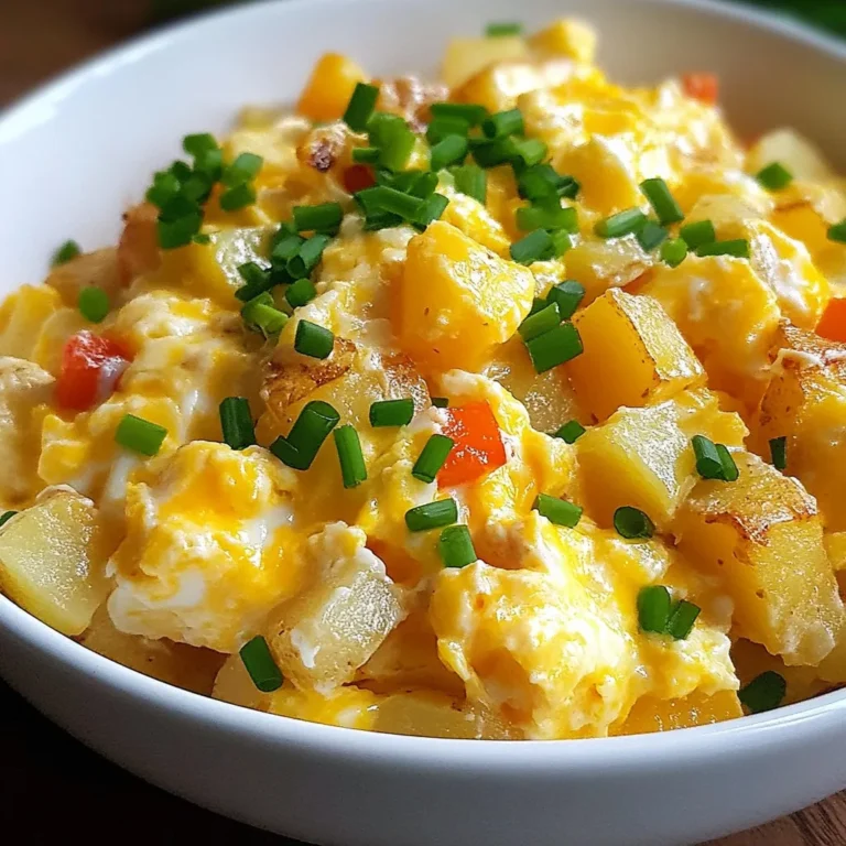 - 2 mittelgroße Russet-Kartoffeln, geschält und gewürfelt - 4 große Eier - 1 Tasse geriebener Cheddar-Käse - 1 kleine Zwiebel, fein gehackt - 1 Paprika (rot oder grün), gewürfelt - 2 Esslöffel Olivenöl - 1 Teelöffel Paprika - Salz und Pfeffer nach Geschmack - Frische Schnittlauch oder Petersilie, zur Garnierung Für das beste Ergebnis empfehle ich, frische Zutaten zu verwenden. Frische Kartoffeln und Gemüse haben mehr Geschmack. Gefrorene Kartoffeln können auch genutzt werden, wenn die Zeit drängt. Sie sind oft vorgekocht, was die Zubereitung schneller macht. Wenn Sie nach Alternativen für den Käse suchen, probieren Sie Gouda oder Mozzarella. Diese Käsesorten schmelzen gut und bringen einen eigenen Geschmack mit. Vegane Käsealternativen sind auch eine gute Option. Sie schmelzen zwar nicht gleich wie echter Käse, können aber in dieser Mischung funktionieren. Diese Zutaten sind einfach zu finden und machen Ihr Gericht lecker und nahrhaft. {{ingredient_image_2}} Um die Kartoffeln perfekt zu kochen, bringe einen mittleren Topf mit Wasser zum Kochen. Füge die gewürfelten Kartoffeln hinzu und koche sie etwa 10-12 Minuten lang. Du weißt, dass sie fertig sind, wenn sie weich sind. Achte darauf, sie nicht zu lange zu kochen, sonst werden sie matschig. Nach dem Kochen musst du die Kartoffeln abgießen. Halte ein Sieb bereit, um das Wasser abzulassen. Lass sie kurz abkühlen, bevor du sie beiseite stellst. Erhitze in einer großen Pfanne 2 Esslöffel Olivenöl bei mittlerer Hitze. Füge die fein gehackte Zwiebel und die gewürfelte Paprika hinzu. Brate sie etwa 5 Minuten lang an. Die Zwiebel sollte glasig und die Paprika weich sein. Du kannst jede Paprika verwenden, die du magst – rot oder grün. Achte darauf, frisches Gemüse zu wählen, denn das macht einen großen Unterschied im Geschmack. Für die Eier musst du sie gut verquirlen. Nimm eine Schüssel und schlage die 4 großen Eier hinein. Verquirle sie, bis die Eigelbe und das Eiweiß gut vermischt sind. Dieser Schritt ist wichtig für eine fluffige Konsistenz. Wenn das Gemüse in der Pfanne weich ist, gieße die Eier über die Mischung. Rühre häufig um und koche sie 2-3 Minuten lang. Achte darauf, dass die Eier nicht zu lange in der Pfanne bleiben. Sie sollten fest, aber noch fluffig sein. Um die Eier perfekt zu kochen, solltest du sie nur kurz in der Pfanne lassen. Rühre die Eier ständig, bis sie leicht gestockt sind, etwa 2-3 Minuten. Diese Zeit sorgt dafür, dass die Eier fluffig bleiben. Für knusprige Kartoffeln ist es wichtig, sie gut vorzukochen. Koche die gewürfelten Kartoffeln etwa 10-12 Minuten, bis sie weich sind. Danach brate sie in der Pfanne für 3-4 Minuten, bis sie goldbraun sind. So bekommst du eine tolle Textur. Um das Gericht noch besser zu machen, kannst du einige Gewürze hinzufügen. Eine Prise Kümmel oder Oregano bringt neuen Geschmack. Auch geräucherte Paprika gibt eine interessante Note. Schmecke das Rührei während des Kochens ab. So kannst du die Gewürze anpassen. Probiere es einfach während des Kochens, um den perfekten Geschmack zu finden. Für die Garnitur empfehle ich frische Kräuter wie Schnittlauch oder Petersilie. Sie geben deinem Gericht nicht nur Farbe, sondern auch frischen Geschmack. Streue die Kräuter kurz vor dem Servieren darüber. Wenn du servierst, kann eine schöne Schüssel oder ein Teller das Gericht aufwerten. Du kannst auch frisches Brot oder einen Salat danebenlegen. So wird die Mahlzeit noch ansprechender. Pro Tipps Kartoffeln vorbereiten: Stellen Sie sicher, dass die Kartoffeln gleichmäßig gewürfelt sind, damit sie gleichmäßig garen und knusprig werden. Frische Eier verwenden: Verwenden Sie frische Eier für das beste Geschmackserlebnis. Das macht das Rührei besonders fluffig. Variationen ausprobieren: Experimentieren Sie mit anderen Gemüsesorten wie Spinat oder Pilzen, um zusätzliche Aromen hinzuzufügen. Käsewahl: Während Cheddar köstlich ist, können Sie auch andere Käsesorten wie Gouda oder Feta verwenden, um den Geschmack zu variieren. {{image_4}} Für dein Käse Kartoffel Eier Rührei kannst du viel Gemüse hinzufügen. Spinat ist eine tolle Wahl. Du kannst frischen Spinat einfach kurz anbraten, bevor du die Eier hinzufügst. Champignons passen auch gut. Diese solltest du in Scheiben schneiden und in der Pfanne anbraten, bis sie goldbraun sind. Wenn du saisonal kochen möchtest, probiere Kürbis im Herbst oder Zucchini im Sommer. Diese Gemüsesorten bringen frische Aromen in dein Gericht. Um mehr Geschmack zu bekommen, füge etwas Schinken oder Speck hinzu. Diese kannst du klein schneiden und zuerst in die Pfanne geben. Lass sie knusprig werden, bevor du das Gemüse hinzufügst. Falls du eine vegane Option suchst, verwende Räuchertofu. Schneide ihn in kleine Würfel und brate ihn anstelle von Schinken oder Speck. Das gibt deinem Gericht eine tolle Textur und Geschmack. Für ein komplettes Frühstück empfehle ich, frisches Brot oder Toast zu servieren. Ein knackiger Salat passt auch gut dazu. Wenn du etwas Süßes magst, sind frische Früchte eine gute Wahl. Sie bringen Farbe und Frische auf den Tisch. So wird dein Frühstück nicht nur lecker, sondern auch bunt und einladend. Um die Reste Ihres Käse Kartoffel Eier Rühreis frisch zu halten, sollten Sie sie in einem luftdichten Behälter im Kühlschrank lagern. Stellen Sie sicher, dass das Gericht vollständig abgekühlt ist, bevor Sie es in den Kühlschrank stellen. So bleibt der Geschmack erhalten. Wenn Sie das Gericht wieder aufwärmen, können Sie etwas frisches Gemüse oder Kräuter hinzufügen. Das bringt neuen Geschmack und Frische zurück. Im Kühlschrank bleibt Ihr Käse Kartoffel Eier Rührei etwa 3 bis 4 Tage frisch. Achten Sie darauf, die Reste innerhalb dieser Zeit zu essen. Wenn Sie einen seltsamen Geruch oder eine Veränderung in der Farbe bemerken, ist es besser, das Essen wegzuwerfen. Ja, Sie können das Gericht einfrieren! Teilen Sie das Rührei in Portionen auf und legen Sie es in gefrierfreundliche Behälter oder Beutel. Achten Sie darauf, die Luft herauszudrücken, bevor Sie sie verschließen. Zum Auftauen legen Sie das Gericht über Nacht in den Kühlschrank. Um es wieder aufzuwärmen, nutzen Sie eine Pfanne bei mittlerer Hitze oder die Mikrowelle. Fügen Sie etwas Wasser hinzu, um es nicht zu trocken zu machen. Zu Käse Kartoffel Eier Rührei passen viele Beilagen. Hier sind einige gute Optionen: - Toast: Einfacher, knuspriger Toast ist immer eine gute Wahl. - Salat: Ein frischer grüner Salat bringt Farbe und Frische. - Avocado: Cremige Avocadostücke sind eine tolle Ergänzung. - Obst: Ein Obstsalat macht das Essen leichter und süßer. - Joghurt: Naturjoghurt kann einen schönen, kühlen Kontrast bieten. Diese Beilagen machen das Gericht noch leckerer. Ja, du kannst das Gericht auch vegan zubereiten! Hier sind einige Vorschläge: - Eiersatz: Verwende Kichererbsenmehl oder Tofu als Eiersatz. - Veganer Käse: Nutze veganen Käse, um den Käsegeschmack zu erreichen. - Gemüsebrühe: Verwende Gemüsebrühe, um die Mischung noch schmackhafter zu machen. - Nüsse oder Samen: Füge Nüsse oder Samen für zusätzlichen Biss hinzu. Mit diesen Alternativen bleibt das Gericht lecker und vegan. Die Zubereitung dauert insgesamt etwa 30 Minuten. Hier ist die Aufteilung: - Vorbereitungszeit: 15 Minuten für das Schneiden und Vorbereiten der Zutaten. - Kochzeit: 15 Minuten für das Kochen der Kartoffeln und das Braten der Mischung. In kurzer Zeit hast du ein köstliches Gericht auf dem Tisch! In diesem Blogbeitrag haben wir die wichtigsten Schritte für ein leckeres Gericht mit Käse, Kartoffeln und Eiern besprochen. Wir schauten uns die Zutaten genau an und gaben Tipps zur Zubereitung. Außerdem haben wir hilfreiche Tricks für Konsistenz und Geschmack geteilt. Variationen und Aufbewahrungsinformationen helfen dir, kreative Mahlzeiten zu genießen. Du kannst die Rezepte nach deinem Geschmack anpassen und die Reste optimal nutzen. So machst du jedes Mal ein tolles Essen, das einfach und schnell ist. Viel Spaß beim Kochen!