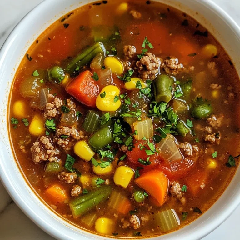 Die Hauptzutaten für die Hamburger Suppe sind einfach zu finden. Hier ist, was du brauchst: - 450 g Rinderhackfleisch - 1 mittlere Zwiebel, gehackt - 2 Knoblauchzehen, fein gehackt - 3 mittelgroße Karotten, gewürfelt - 2 Stangen Sellerie, gewürfelt - 1 Dose (400 g) gewürfelte Tomaten, mit Saft - 1 Liter Rinderbrühe - 150 g gefrorener Mais - 150 g grüne Bohnen, in kleine Stücke geschnitten Diese Zutaten machen die Suppe nahrhaft und lecker. Das Rinderhackfleisch gibt der Suppe einen herzhaften Geschmack. Die frischen Gemüse fügen Farbe und Textur hinzu. Die richtigen Gewürze bringen Geschmack in die Suppe. Hier sind die Gewürze, die du benötigst: - 2 Teelöffel italienische Gewürzmischung - Salz und Pfeffer nach Geschmack - 1 Esslöffel Olivenöl Die italienische Gewürzmischung ist wichtig. Sie gibt der Suppe eine besondere Note. Salz und Pfeffer sorgen dafür, dass die Aromen gut zur Geltung kommen. Um die Suppe noch besser zu machen, kannst du sie mit Beilagen servieren. Gute Optionen sind: - Eine Scheibe rustikales Brot - Knusprige Cracker Diese Beilagen ergänzen die Suppe perfekt. Sie geben dir eine vollwertige Mahlzeit und machen das Essen noch genussvoller. {{ingredient_image_2}} Zuerst musst du alle Zutaten bereitstellen. So geht es schneller. Du brauchst: - 450 g Rinderhackfleisch - 1 mittlere Zwiebel, gehackt - 2 Knoblauchzehen, fein gehackt - 3 mittelgroße Karotten, gewürfelt - 2 Stangen Sellerie, gewürfelt - 1 Dose (400 g) gewürfelte Tomaten, mit Saft - 1 Liter Rinderbrühe - 150 g gefrorener Mais - 150 g grüne Bohnen, in kleine Stücke geschnitten - 2 Teelöffel italienische Gewürzmischung - Salz und Pfeffer nach Geschmack - 1 Esslöffel Olivenöl - Frische Petersilie, gehackt (zum Garnieren) Sobald du alles hast, kannst du loslegen. Jetzt erhitzt du das Olivenöl in einem großen Topf. Stelle die Hitze auf mittel. Füge die gehackte Zwiebel und den Knoblauch hinzu. Brate sie 3-4 Minuten lang, bis die Zwiebel glasig wird. Dann gib das Rinderhackfleisch in den Topf. Zerkleinere es mit einem Löffel. Rühre alles gut um. Brate das Fleisch 5-7 Minuten an, bis es schön gebräunt ist. Gieße überschüssiges Fett ab. Jetzt kommen die Karotten und der Sellerie dazu. Dünste sie 3-4 Minuten mit, bis sie leicht weich werden. Gieße dann die Rinderbrühe vorsichtig in den Topf. Füge die gewürfelten Tomaten mit Saft hinzu. Rühre gut um, damit sich alles vermischt. Jetzt ist es Zeit für den gefrorenen Mais, die grünen Bohnen und die italienische Gewürzmischung. Streue auch Salz und Pfeffer nach Geschmack hinein. Bringe die Suppe zum sanften Kochen. Reduziere die Temperatur, decke den Topf ab und lasse die Suppe 20 Minuten köcheln. Rühre gelegentlich um, damit sich die Aromen gut verbinden. Probiere die Suppe und passe die Gewürze nach deinem Geschmack an. Serviere die heiße Suppe in Schüsseln und garniere sie mit frisch gehackter Petersilie. So sieht sie toll aus und schmeckt noch besser! Um die Zubereitung der Hamburger Suppe zu beschleunigen, können Sie einige Tricks anwenden: - Vorbereitung: Schneiden Sie das Gemüse vorher. Lagern Sie es in einem Behälter. - Hackfleisch: Verwenden Sie vorgegartes Rinderhackfleisch. Das spart Zeit beim Anbraten. - Ein-Topf-Methode: Kochen Sie alles in einem großen Topf. So sparen Sie sich Geschirr und Zeit. Einige häufige Fehler können den Geschmack der Suppe beeinflussen: - Zwiebeln und Knoblauch: Lassen Sie sie nicht anbrennen. Sie sollten nur glasig sein. - Fett abgießen: Achten Sie darauf, überschüssiges Fett abzuleiten. Das macht die Suppe leichter. - Kochzeit: Lassen Sie die Suppe nicht zu lange kochen. So bleibt das Gemüse knackig. Um die Aromen Ihrer Hamburger Suppe zu intensivieren, probieren Sie diese Tipps: - Frische Kräuter: Ergänzen Sie die Suppe mit frischen Kräutern. Basilikum oder Thymian machen einen großen Unterschied. - Gewürze: Experimentieren Sie mit verschiedenen Gewürzen. Paprika oder Kreuzkümmel bringen neue Geschmäcker. - Umami: Fügen Sie einen Schuss Sojasauce oder Worcestershiresauce hinzu. Das verstärkt den herzhaften Geschmack. Pro Tipps Frisches Gemüse verwenden: Frisches Gemüse sorgt für einen intensiveren Geschmack und eine bessere Textur in der Suppe. Gewürze anpassen: Probieren Sie die Suppe während des Kochens und passen Sie die Gewürze nach Ihrem Geschmack an, um das Aroma zu intensivieren. Langsame Garzeit: Wenn Sie Zeit haben, lassen Sie die Suppe länger köcheln, damit sich die Aromen vollständig entwickeln können. Optionales Topping: Fügen Sie geriebenen Käse oder Croutons hinzu, um der Suppe zusätzlichen Geschmack und Textur zu verleihen. {{image_4}} Eine vegetarische Hamburger Suppe kann einfach zubereitet werden. Ersetze das Rinderhackfleisch durch schwarze Bohnen oder Linsen. Du kannst auch Tofu verwenden, um eine proteinreiche Option zu bieten. Diese Zutaten geben der Suppe einen herzhaften Geschmack. Achte darauf, die Brühe durch Gemüsebrühe zu ersetzen. So bleibt die Suppe aromatisch und lecker. Die Hamburger Suppe ist sehr anpassbar. Füge Gemüse wie Paprika, Zucchini oder Erbsen hinzu. Diese Gemüsesorten bringen Farbe und zusätzliche Vitamine in die Suppe. Du kannst auch Süßkartoffeln für mehr Süße und Nährstoffe verwenden. Experimentiere mit deinem Lieblingsgemüse, um die Suppe abwechslungsreich zu gestalten. Die Gewürze machen einen großen Unterschied. Du kannst die italienische Gewürzmischung durch Paprikapulver oder Kreuzkümmel ersetzen. Diese Gewürze verleihen der Suppe einen neuen Geschmack. Außerdem kannst du frische Kräuter wie Basilikum oder Thymian hinzufügen. Probiere verschiedene Kombinationen aus, um deine perfekte Suppe zu finden. Um die Hamburger Suppe frisch zu halten, bewahre sie in einem luftdichten Behälter auf. Stelle sicher, dass die Suppe vollständig abgekühlt ist, bevor du sie in den Kühlschrank stellst. So bleibt ihr Geschmack erhalten. Du kannst die Suppe bis zu drei Tage im Kühlschrank aufbewahren. Überprüfe immer den Geruch und das Aussehen, bevor du sie isst. Wenn sie seltsam riecht oder verfärbt ist, entsorge sie. Wenn du mehr Suppe hast, als du essen kannst, friere die Reste ein. Gieße die Suppe in einen gefriergeeigneten Behälter. Lasse etwas Platz, da sich die Suppe beim Gefrieren ausdehnt. Beschrifte den Behälter mit dem Datum. Die Suppe bleibt bis zu drei Monate im Gefrierfach gut. So hast du immer eine schnelle Mahlzeit bereit, wenn du wenig Zeit hast. Um die gefrorene Suppe wieder zu erwärmen, lasse sie zuerst im Kühlschrank auftauen. Du kannst sie auch direkt in einem Topf auf niedriger Hitze erhitzen. Rühre die Suppe häufig um, damit sie gleichmäßig warm wird. Wenn die Suppe zu dick ist, füge etwas Wasser oder Brühe hinzu. Du kannst sie auch in der Mikrowelle warm machen. Stelle sicher, dass sie gleichmäßig erwärmt wird und heiß ist, bevor du sie servierst. Die Zubereitung dieser Hamburger Suppe dauert insgesamt etwa 40 Minuten. - Vorbereitungszeit: 15 Minuten - Kochzeit: 25 Minuten In dieser Zeit schneidest du das Gemüse und kochst die Suppe. Das ist schnell und einfach. Ja, du kannst andere Fleischsorten verwenden, wenn du möchtest. - Hähnchenhackfleisch: Ein leichterer Geschmack. - Pork (Schweinefleisch): Gibt der Suppe eine andere Note. - Gemischtes Hack: Eine Kombination aus Rind und Schwein ist auch lecker. Denke daran, die Kochzeit leicht anzupassen, je nach Fleisch. Ja, die Hamburger Suppe eignet sich sehr gut für Meal Prep. - Du kannst sie in Portionen aufteilen und in Behältern aufbewahren. - Sie hält sich im Kühlschrank bis zu 4 Tage. - Friere die Suppe ein, wenn du sie länger aufbewahren möchtest. So hast du immer eine schnelle, gesunde Mahlzeit bereit. Die Hamburger Suppe ist einfach und lecker. Wir haben die Hauptzutaten, Gewürze und Beilagen besprochen. Ich habe erklärt, wie du die Zutaten vorbereitest und das Rinderhackfleisch anbrätst. Dann haben wir verschiedene Tipps geteilt, um Fehler zu vermeiden. Denk an die Variationen, um neue Aromen zu entdecken. Bewahre die Suppe richtig auf, damit sie frisch bleibt. Mit diesen Informationen kannst du die Hamburger Suppe sicher zubereiten. Viel Spaß beim Kochen!