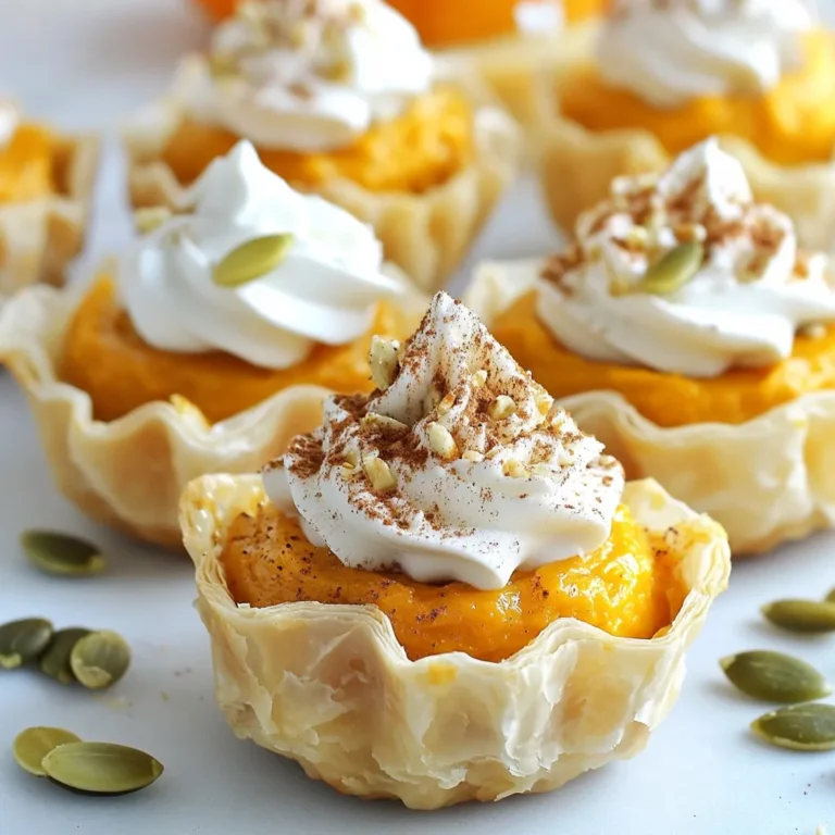 Für unsere Mini Kürbiskuchen brauchen wir einige einfache, aber wichtige Zutaten: - 1 Dose (450 g) reine Kürbispüree - 120 g brauner Zucker - 50 g Kristallzucker - 3 große Eier - 1 Dose (400 g) gesüßte Kondensmilch - 2 Packungen vorgefertigte Mini-Phyllo-Teigschalen (ca. 30 Schalen insgesamt) Diese Zutaten sind die Basis für den köstlichen Geschmack. Sie sorgen für eine cremige Füllung und einen feinen Teig. Gewürze machen den Unterschied! Für den perfekten Geschmack verwenden wir: - 1 Teelöffel gemahlener Zimt - 1/2 Teelöffel gemahlener Ingwer - 1/4 Teelöffel gemahlene Muskatnuss - 1/4 Teelöffel gemahlene Nelken - 1 Teelöffel Vanilleextrakt Diese Gewürze verleihen den Mini Kürbiskuchen ihre warme, herbstliche Note. Zimt und Muskatnuss sind die Stars in dieser Mischung. Um die Mini Kürbiskuchen noch schöner zu machen, brauchen wir: - Schlagsahne zum Garnieren - Optional: Kürbiskerne zur Dekoration Die Schlagsahne ist ein Muss! Sie bringt Frische und einen tollen Kontrast zur süßen Füllung. Die Kürbiskerne fügen einen knackigen Biss hinzu und sehen toll aus. {{ingredient_image_2}} Zuerst heizen Sie den Ofen auf 190°C vor. Sie brauchen einige einfache Zutaten. Hier ist, was Sie sammeln müssen: - 1 Dose (450 g) reine Kürbispüree - 120 g brauner Zucker - 50 g Kristallzucker - 1 Teelöffel gemahlener Zimt - 1/2 Teelöffel gemahlener Ingwer - 1/4 Teelöffel gemahlene Muskatnuss - 1/4 Teelöffel gemahlene Nelken - 1 Teelöffel Vanilleextrakt - 3 große Eier - 1 Dose (400 g) gesüßte Kondensmilch - 2 Packungen vorgefertigte Mini-Phyllo-Teigschalen (ca. 30 Schalen insgesamt) - Schlagsahne zum Garnieren - Optional: Kürbiskerne zur Dekoration Sobald Sie alles haben, sind Sie bereit zu beginnen. In einer großen Schüssel vermischen Sie das Kürbispüree mit dem braunen Zucker und dem Kristallzucker. Fügen Sie Zimt, Ingwer, Muskatnuss, Nelken und Vanilleextrakt hinzu. Mischen Sie alles gut, bis die Masse glatt ist. Jetzt fügen Sie die Eier einzeln hinzu. Rühren Sie gut um, nachdem Sie jedes Ei hinzugefügt haben. Das sorgt für eine schöne, cremige Füllung. Langsam die gesüßte Kondensmilch einrühren. Achten Sie darauf, dass alles gut vermischt ist. Jetzt kommen die Mini-Phyllo-Teigschalen ins Spiel. Platzieren Sie diese auf einem Backblech. Füllen Sie jede Schale vorsichtig mit der Kürbismischung, aber nicht ganz voll. Lassen Sie etwa einen Viertel Platz, damit die Füllung aufgehen kann. Backen Sie die Schalen im vorgeheizten Ofen für etwa 20 bis 25 Minuten. Die Füllung sollte fest und leicht aufgeplustert sein. Nehmen Sie die Mini Kürbiskuchen aus dem Ofen und lassen Sie sie ein paar Minuten abkühlen. Danach legen Sie sie auf ein Kuchengitter zum vollständigen Abkühlen. Servieren Sie die Kuchen kalt oder bei Zimmertemperatur. Ein Klecks Schlagsahne oben drauf macht sie perfekt. Optional können Sie auch Kürbiskerne für einen schönen Crunch hinzufügen. Um die besten Mini Kürbiskuchen zu backen, achte auf die Temperatur. Heize den Ofen auf 190°C vor. So backen die Küchlein gleichmäßig. Fülle die Mini-Phyllo-Teigschalen nicht ganz voll. Lass etwas Platz, damit die Füllung aufgehen kann. Backe die Küchlein für 20-25 Minuten. Sie sind fertig, wenn die Füllung fest und die Oberfläche leicht aufgeplustert ist. Ein häufiger Fehler ist, die Füllung zu übermixen. Mische die Zutaten nur, bis sie gut verbunden sind. Zu viel Rühren kann die Füllung luftig machen. Ein weiterer Fehler ist, die Küchlein zu lange im Ofen zu lassen. Achte auf die Zeit, um trockene Küchlein zu vermeiden. Lass sie nach dem Backen etwas abkühlen, bevor du sie auf ein Kuchengitter legst. Die Präsentation ist wichtig, um deine Mini Kürbiskuchen toll aussehen zu lassen. Garniere sie mit einem Klecks Schlagsahne. Streue einige Kürbiskerne darüber für einen schönen Crunch. Du kannst auch die Teigschalen mit Zimt oder Zucker bestäuben. Das macht sie noch ansprechender. Serviere die Küchlein auf einem hübschen Teller. So kommen sie toll zur Geltung. Pro Tipps Kürbisqualität: Verwenden Sie frisches Kürbispüree, wenn möglich, für einen intensiveren Geschmack. Achten Sie darauf, dass der Kürbis reif und süß ist. Teigschalen vorbereiten: Stellen Sie sicher, dass die Mini-Phyllo-Teigschalen vor dem Füllen vollständig aufgetaut sind, damit sie beim Backen gleichmäßig garen. Backzeit beobachten: Jeder Ofen backt unterschiedlich. Überprüfen Sie die Küchlein gegen Ende der Backzeit, um sicherzustellen, dass sie nicht überbacken werden. Garnierung: Fügen Sie für einen zusätzlichen Crunch geröstete Kürbiskerne oder gehackte Nüsse hinzu, um die Küchlein zu dekorieren und den Geschmack zu verstärken. {{image_4}} Um vegane Mini Kürbiskuchen zu machen, ersetzen Sie die Eier. Nutzen Sie stattdessen Leinsamen. Mischen Sie einen Esslöffel Leinsamen mit drei Esslöffeln Wasser. Lassen Sie es fünf Minuten stehen. So erhalten Sie eine gute Bindung. Außerdem können Sie die gesüßte Kondensmilch durch Kokosmilch ersetzen. Diese Option gibt den Kuchen einen leckeren, tropischen Geschmack. Für glutenfreie Mini Kürbiskuchen wählen Sie glutenfreie Phyllo-Teigschalen. Diese sind oft in Geschäften erhältlich. Achten Sie darauf, dass alle anderen Zutaten ebenfalls glutenfrei sind. Der braune Zucker und die Gewürze sind in der Regel sicher. Mit diesen Änderungen bleibt der Geschmack gleich gut. Sie können die Füllung nach Lust und Laune anpassen. Fügen Sie Schokoladensplitter hinzu, um einen süßen Kick zu geben. Ein Spritzer Ahornsirup bringt mehr Süße. Für einen würzigen Kick probieren Sie eine Prise Cayennepfeffer. Experimentieren Sie mit verschiedenen Nüssen oder Trockenfrüchten. So machen Sie jeden Bissen spannend! Um die Mini Kürbiskuchen frisch zu halten, lege sie in einen luftdichten Behälter. Stelle sicher, dass sie komplett abgekühlt sind, bevor du sie lagerst. So vermeidest du, dass sich Feuchtigkeit bildet. Du kannst die Kuchen bis zu drei Tage im Kühlschrank aufbewahren. Wenn du sie länger aufbewahren möchtest, friere sie besser ein. Zum Einfrieren lege die Mini Kürbiskuchen einzeln auf ein Backblech. Lass sie für etwa zwei Stunden einfrieren. Danach kannst du sie in einen Gefrierbehälter legen. Vergiss nicht, sie gut abzudecken. So bleibt der Geschmack erhalten. Diese Kuchen bleiben bis zu drei Monate frisch im Gefrierschrank. Um die gefrorenen Mini Kürbiskuchen aufzuwärmen, nimm sie aus dem Gefrierbehälter. Lass sie zuerst im Kühlschrank über Nacht auftauen. Dann heize deinen Ofen auf 175°C vor. Lege die Kuchen auf ein Backblech und backe sie für etwa 10 bis 15 Minuten. So werden sie warm und lecker. Du kannst sie mit Schlagsahne oder Kürbiskernen garnieren, bevor du sie servierst. Das Rezept ergibt etwa 10 bis 12 Mini Pumpkin Pies. Die Anzahl kann je nach Füllmenge und Größe der Teigschalen leicht variieren. Mit zwei Packungen Mini-Phyllo-Teigschalen hast du genügend Basis für die Füllung. Diese kleinen Leckereien sind perfekt für Feiern oder einfach zum Genießen zuhause. Ja, du kannst Kürbispüree selbst machen. Nimm dazu einen kleinen Hokkaido-Kürbis oder einen anderen Kürbis deiner Wahl. Halbiere den Kürbis, entkerne ihn und backe die Hälften bei 180°C für etwa 30-40 Minuten. Sobald der Kürbis weich ist, püriere das Fruchtfleisch in einem Mixer. Selbstgemachtes Püree hat einen frischen Geschmack und ist eine tolle Option. Fertige Mini Kürbiskuchen findest du in vielen Supermärkten, besonders zur Herbstsaison. Achte auf Lebensmittelgeschäfte, die frische Backwaren anbieten. Du kannst auch lokale Bäckereien besuchen, die saisonale Produkte im Angebot haben. Online gibt es auch Anbieter, die diese Leckereien direkt zu dir nach Hause liefern. Mini Kürbiskuchen sind lecker und einfach zu machen. Wir haben die Hauptzutaten, spezielle Gewürze und Dekorationen für deinen perfekten Kuchen erkundet. Die Schritt-für-Schritt-Anleitung hilft beim Zubereiten und Backen. Mit unseren Tipps vermeidest du häufige Fehler und erzielst tolle Ergebnisse. Verwandle das Rezept mit veganen und glutenfreien Varianten. Denke auch an die richtige Lagerung und Aufwärmen. So bleiben deine Kürbiskuchen frisch und lecker. Viel Spaß beim Backen und Genießen!