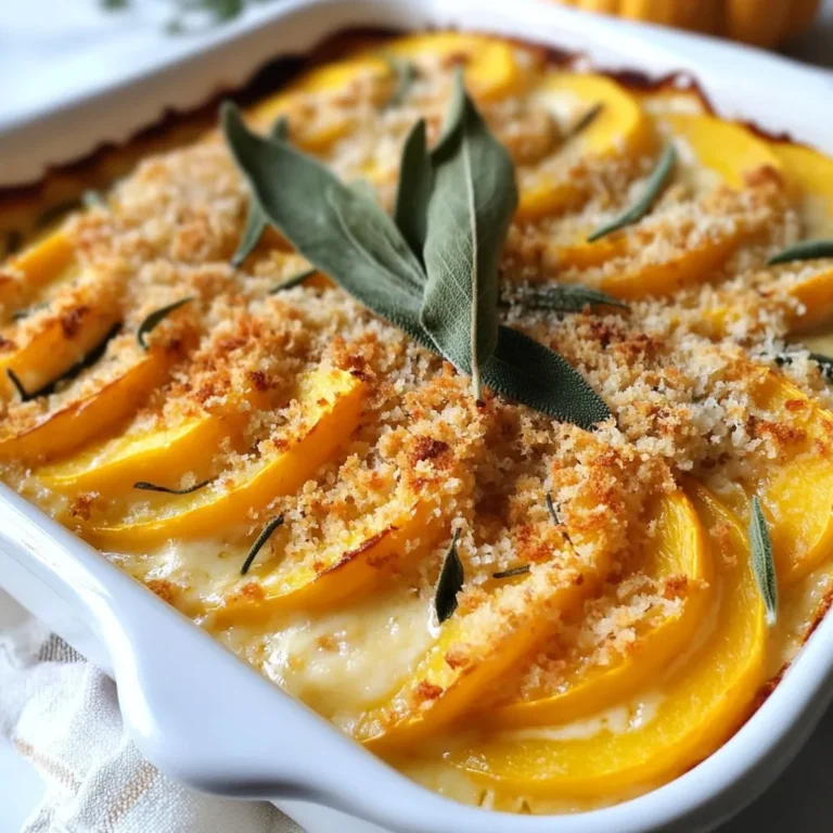 Für ein köstliches Butternut Squash Sage Gratin benötigst du: - 2 mittlere Butternusskürbisse, geschält, entkernt und dünn geschnitten - 240 ml Schlagsahne - 100 g geriebener Gruyère-Käse - 50 g geriebener Parmesan-Käse - 4 frische Salbeiblätter, fein gehackt - 2 Zehen Knoblauch, gehackt - 1 Teelöffel Muskatnuss - Salz und Pfeffer nach Geschmack - 2 Esslöffel Olivenöl - 50 g Semmelbrösel (vorzugsweise Panko) - Frische Salbeiblätter zur Dekoration Wähle Butternusskürbisse, die fest und schwer sind. Ihre Haut sollte glatt und ohne Flecken sein. Achte auf eine gleichmäßige Form. Das zeigt, dass der Kürbis gut gewachsen ist. Der Geschmack ist besser, wenn er frisch ist. Du kannst sie oft auf Märkten oder im Supermarkt finden. Wenn du keinen Gruyère oder Parmesan hast, probiere andere Käsesorten. Gouda oder Cheddar sind gute Optionen. Sie schmelzen gut und geben viel Geschmack. Vegetarische Käsealternativen funktionieren auch. Achte darauf, dass sie gut schmelzen. {{ingredient_image_2}} Zusammenfassend haben wir die Zutaten für ein köstliches Butternut-Kürbis-Gratin betrachtet. Ich habe Tipps für die Auswahl von Kürbis gegeben und Alternativen zu den Käsesorten besprochen. Die Schritt-für-Schritt-Anleitung hilft, das Gericht einfach zuzubereiten. Wir haben auch häufige Fehler und Möglichkeiten zur Anpassung besprochen. Denke daran, Reste gut zu lagern. Mit diesen Tipps wird dein Gratin immer ein Hit. Probiere es aus und genieße das leckere Ergebnis!