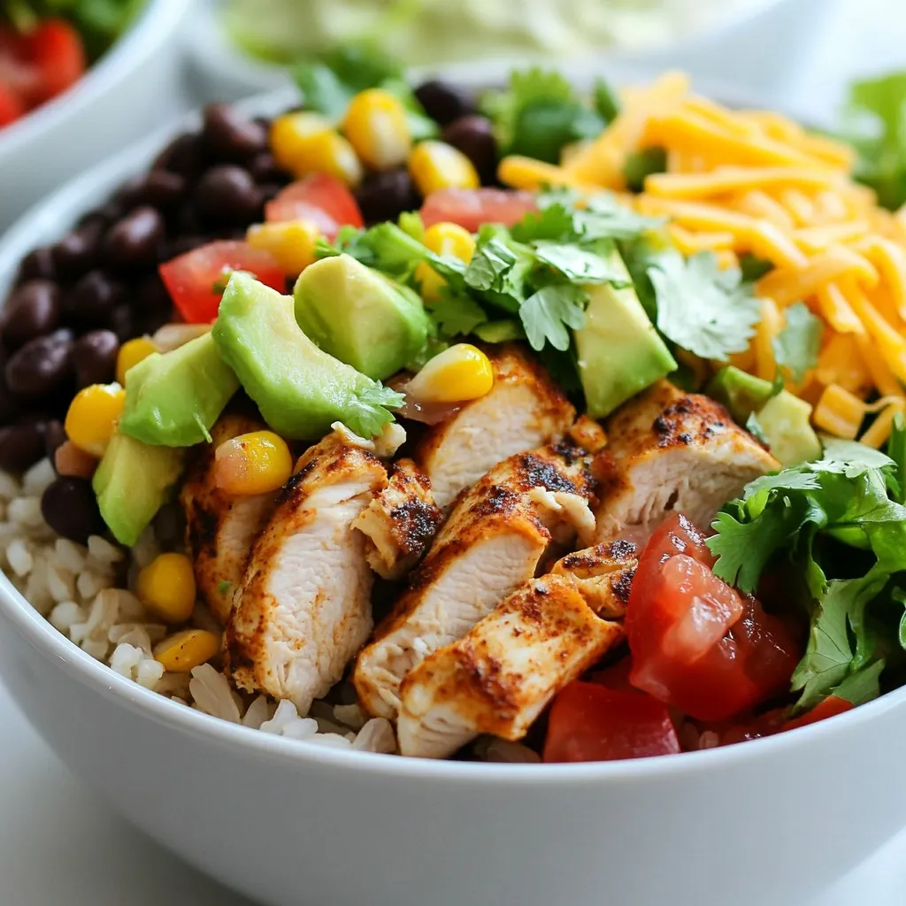 Für die Hauptzutaten brauchst du: - 2 Hähnchenbrustfilets, gewürfelt - 1 Esslöffel Olivenöl - 1 Tasse brauner Reis (oder Quinoa) - 1 Dose schwarze Bohnen, abgespült - 1 Tasse Maiskörner (tiefgekühlt oder frisch) - 1 mittlere Tomate, gewürfelt - 1 Avocado, gewürfelt - 1 Tasse Romanasalat, grob gehackt Diese Zutaten bilden die Basis deiner Burrito-Bowls. Das Hähnchen gibt dir eiweißreiche Nährstoffe. Der Reis oder Quinoa sorgt für Kohlenhydrate. Bohnen und Mais bringen Ballaststoffe und Geschmack. Für die Marinade benötigst du: - 1 Teelöffel Chili-Pulver - 1 Teelöffel Kreuzkümmel - 1 Teelöffel Knoblauchpulver - Salz und Pfeffer nach Geschmack Diese Gewürze verleihen dem Hähnchen einen tollen Geschmack. Chili-Pulver bringt eine leichte Schärfe. Kreuzkümmel sorgt für eine erdige Note. Knoblauchpulver gibt ein volles Aroma, das du lieben wirst. Für das Extra an Geschmack kannst du hinzufügen: - ½ Tasse geriebener Käse (Cheddar oder nach Wahl) - ¼ Tasse frischer Koriander, gehackt - 1 Limette, ausgepresst - Salsa und Sauerrahm zum Servieren (optional) Diese Toppings bringen Frische und Farbe auf den Teller. Koriander und Limette fügen einen hellen Geschmack hinzu. Käse macht alles cremiger. Salsa und Sauerrahm runden das Ganze perfekt ab. {{ingredient_image_2}} Zuerst nehmen Sie die gewürfelten Hähnchenbrustfilets. Geben Sie sie in eine Schüssel. Fügen Sie 1 Esslöffel Olivenöl hinzu. Streuen Sie 1 Teelöffel Chili-Pulver, Kreuzkümmel und Knoblauchpulver darüber. Würzen Sie mit Salz und Pfeffer nach Geschmack. Mischen Sie alles gut. Lassen Sie das Hähnchen mindestens 15 Minuten marinieren. So ziehen die Aromen ein. Kochen Sie 1 Tasse braunen Reis. Folgen Sie dabei den Anweisungen auf der Verpackung. Wenn der Reis fertig ist, lockern Sie ihn mit einer Gabel auf. Stellen Sie ihn dann beiseite. Sie können auch Quinoa verwenden, wenn Sie es leichter mögen. Erhitzen Sie etwas Olivenöl in einer großen Pfanne. Stellen Sie die Hitze auf mittel bis hoch. Fügen Sie das marinierte Hähnchen hinzu. Braten Sie es für etwa 7-10 Minuten. Rühren Sie gelegentlich um, damit es gleichmäßig gart. Das Hähnchen ist fertig, wenn es nicht mehr rosa ist. Nehmen Sie große Servierschalen. Geben Sie zuerst den gekochten Reis hinein. Darauf kommt das gebratene Hähnchen. Fügen Sie dann die schwarzen Bohnen und den Mais hinzu. Streuen Sie die gewürfelte Tomate und die Avocado darüber. Legen Sie schließlich den grob gehackten Romanasalat oben drauf. Jetzt kommen die Toppings. Streuen Sie ¼ Tasse frischen Koriander über die Schalen. Pressen Sie den Saft einer Limette über alles. Garnieren Sie mit ½ Tasse geriebenem Käse. Wenn Sie möchten, servieren Sie Salsa und Sauerrahm dazu. Vermischen Sie alle Zutaten in der Schale. So entsteht Ihre köstliche Burrito-Bowl. Genießen Sie jede Bissen mit einem Lächeln! Um das Hähnchen lecker zu machen, ist die Marinade wichtig. Mische Olivenöl, Chili-Pulver, Kreuzkümmel, Knoblauchpulver, Salz und Pfeffer. Lass das Hähnchen mindestens 15 Minuten marinieren. So nehmen die Stücke die Aromen gut auf. Wenn du mehr Geschmack willst, mariniere das Hähnchen länger, sogar über Nacht. Ein häufiger Fehler ist, den Reis nicht zu spülen. Spüle den braunen Reis unter kaltem Wasser, um überschüssige Stärke zu entfernen. Das macht den Reis lockerer. Achte darauf, das Wasserverhältnis genau zu messen. Zu viel Wasser macht den Reis matschig. Nach dem Kochen den Reis mit einer Gabel auflockern, um Klumpen zu vermeiden. Eine schöne Präsentation macht das Essen noch besser. Verwende bunte Schalen für die Burrito-Bowls. Beginne mit einer Schicht Reis als Basis. Dann füge das Hähnchen, die Bohnen, den Mais und das Gemüse hinzu. Streue frischen Koriander darüber. Ein Spritzer Limettensaft gibt einen frischen Geschmack. Garniere die Bowls mit Käse und Limettenscheiben. So sieht alles lecker und einladend aus! Pro Tipps Marinieren für mehr Geschmack: Lassen Sie das Hähnchen mindestens 30 Minuten marinieren, um die Aromen intensiver zur Geltung zu bringen. Je länger, desto besser! Gesunde Varianten: Ersetzen Sie den braunen Reis durch Quinoa oder Blumenkohlreis für eine kohlenhydratarme Option, die ebenso lecker ist. Frische Zutaten: Verwenden Sie frische, saisonale Zutaten für die besten Aromen und Nährstoffe. Besonders die Tomaten und Avocados sollten reif sein! Anrichten mit Stil: Schichten Sie die Zutaten in der Schüssel für eine ansprechende Präsentation. Verwenden Sie verschiedene Farben und Texturen, um das Gericht lebendig zu machen. {{image_4}} Wenn du eine vegetarische Option wünschst, kannst du das Hähnchen ganz ersetzen. Probier stattdessen gewürfelten Tofu oder Tempeh. Marinier diese Stücke wie das Hähnchen für den besten Geschmack. Du kannst auch Kichererbsen verwenden. Sie sind nahrhaft und fügen eine tolle Textur hinzu. Anstelle von braunem Reis kannst du Quinoa verwenden. Quinoa hat einen leichten, nussigen Geschmack und ist glutenfrei. Auch Jasmin- oder Basmati-Reis sind gute Alternativen. Diese Reissorten haben eine weiche Konsistenz und passen gut zu den anderen Zutaten. Füge mehr Gemüse hinzu, um deine Schüssel bunter und gesünder zu gestalten. Paprika, Zucchini oder Brokkoli bieten frische Aromen und Farben. Du kannst auch Spinat oder Grünkohl verwenden, um mehr Vitamine zu erhalten. Diese Gemüse sind einfach zuzubereiten und passen gut in die Burrito-Bowl. Die Hähnchen-Burrito-Bowls sind sehr einfach zu lagern. Verwenden Sie luftdichte Behälter. Teilen Sie die Bowls in Portionen auf. So bleibt alles frisch. Lassen Sie die Bowls vor dem Lagern abkühlen. Auf diese Weise vermeiden Sie Dampf und Feuchtigkeit. Dampf kann das Essen matschig machen. Beim Wiederaufwärmen gibt es einige Tipps. Nutzen Sie die Mikrowelle für schnelles Aufwärmen. Decken Sie die Schüssel mit einem feuchten Tuch ab. So bleibt das Hähnchen saftig. Erwärmen Sie die Bowls in kurzen Intervallen. Rühren Sie zwischendurch um. So wird alles gleichmäßig warm. Sie können auch eine Pfanne verwenden. Fügen Sie etwas Wasser hinzu, um das Gericht feucht zu halten. Die Hähnchen-Burrito-Bowls halten sich gut im Kühlschrank. Sie sind dort bis zu drei Tage haltbar. Achten Sie darauf, die Bowls gut zu verschließen. Wenn Sie sie länger aufbewahren möchten, frieren Sie sie ein. So können sie bis zu drei Monate halten. Denken Sie daran, vor dem Essen aufzutauen. Die Hähnchen-Burrito-Bowls bleiben im Kühlschrank etwa 3 bis 4 Tage frisch. Es ist wichtig, sie gut abzudecken. So bleiben die Aromen und die Textur erhalten. Wenn du sie länger aufbewahren möchtest, kannst du sie auch einfrieren. Dann halten sie bis zu 3 Monate. Ja, du kannst die Hähnchen-Burrito-Bowls im Voraus zubereiten. Marinieres das Hähnchen und koch den Reis am Tag davor. Halte die angebratenen Zutaten getrennt, bis du bereit bist zu essen. So bleiben die Texturen frisch und lecker. Du hast viele Optionen! Du kannst Rindfleisch oder Schweinefleisch verwenden. Für eine pflanzliche Variante sind Tofu oder Kichererbsen großartige Alternativen. Sie sind proteinreich und passen gut zu den anderen Zutaten. Die Hähnchen-Burrito-Bowls sind einfach zuzubereiten und sehr lecker. Wir haben die Hauptzutaten, Gewürze und die besten Toppings besprochen. Du weißt jetzt, wie du das Hähnchen marinierst, den Reis kochst und die Schalen anrichtest. Tipps zur perfekten Marinade und Fehler wie beim Reis kochen helfen dir dabei. Sei kreativ mit Variationen wie vegetarischen Optionen und achte auf die richtige Lagerung. Jetzt kannst du deine eigenen Burrito-Bowls genießen! Kochen soll Spaß machen. Viel Freude beim Ausprobieren!