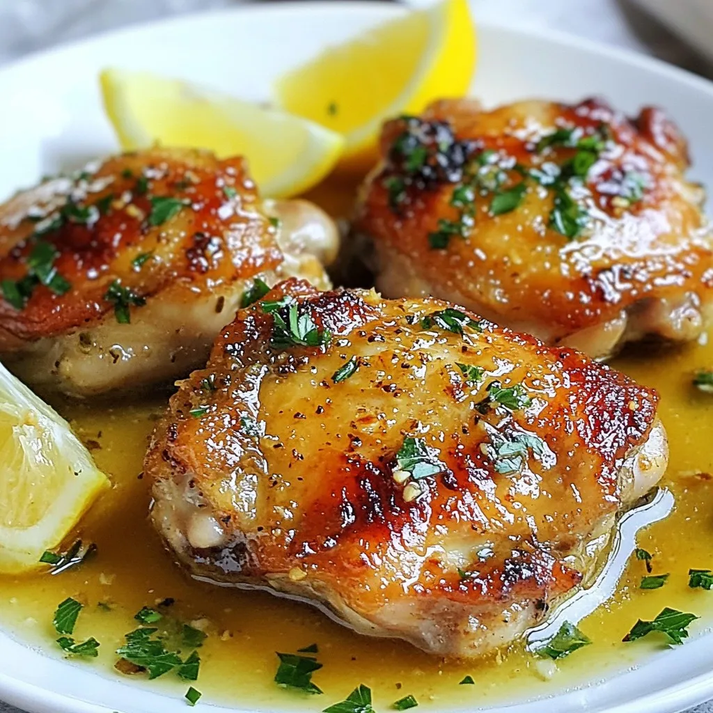 - 4 Hühnenschenkel mit Knochen und Haut - 4 Esslöffel ungesalzene Butter - 6 fein gehackte Knoblauchzehen - 1 Teelöffel getrockneter Thymian - 1 Teelöffel geräuchertes Paprika-Pulver - Salz und Pfeffer nach Geschmack - 2 Esslöffel frische Petersilie, gehackt - Zitronenschnitze zum Servieren Ich liebe es, frische Zutaten zu nutzen. Die Hühnenschenkel sind saftig und geschmackvoll. Wir beginnen mit der Hauptzutat: den Hühnenschenkeln. Wählen Sie frische Schenkel. Sie geben den besten Geschmack. Die Butter sorgt für reichhaltigen Geschmack und eine goldene Farbe. Knoblauch ist der Star in diesem Gericht. Er bringt ein tolles Aroma. Ich hacke den Knoblauch fein, damit er gleichmäßig verteilt ist. Thymian und Paprika fügen Tiefe hinzu. Diese Gewürze sind einfach zu finden. Für die Garnierung brauchen wir frische Petersilie. Sie bringt Farbe und Frische. Zitronenschnitze sind perfekt zum Servieren. Sie geben einen tollen, spritzigen Geschmack. Bereiten Sie diese Zutaten vor, und wir sind bereit zu kochen! {{ingredient_image_2}} Zuerst nehme ich die Hühnenschenkel und tupfe sie mit Küchenpapier trocken. Das hilft, die Haut knusprig zu machen. Danach würze ich die Schenkel großzügig mit Salz und Pfeffer auf beiden Seiten. Diese einfache Würze bringt den Geschmack des Huhns gut zur Geltung. Ich erhitze in einer großen Pfanne 2 Esslöffel Butter bei mittlerer Hitze. Wenn die Butter geschmolzen ist und leicht sprudelt, ist sie bereit. Diese Butter gibt dem Hühnchen einen reichhaltigen Geschmack. Ich lege die Hühnenschenkel mit der Hautseite nach unten in die Pfanne. Ich brate sie etwa 7-8 Minuten, ohne sie zu bewegen. Es ist wichtig, dass die Haut goldbraun und knusprig wird. Dann wende ich die Hühnenschenkel vorsichtig um. Ich füge die restlichen 2 Esslöffel Butter, den gehackten Knoblauch, den Thymian und das geräucherte Paprika-Pulver hinzu. Jetzt koche ich die Schenkel auf der anderen Seite nochmals 7-8 Minuten. Ich löffele die geschmolzene Knoblauchbutter über die Hühnenschenkel, um den Geschmack zu intensivieren. Dabei ist es wichtig, die Innentemperatur zu überprüfen. Sie sollte 75°C erreichen. Nach dem Kochen lasse ich das Hühnchen etwa 5 Minuten ruhen, bevor ich es serviere. Um eine perfekte Knusprigkeit zu erreichen, achte auf die Temperatur. Die Pfanne sollte heiß sein, bevor du das Hühnchen hineinlegst. Wenn die Haut zuerst brät, wird sie knusprig. Die Kochzeit ist ebenfalls wichtig. Brate die Hühnenschenkel etwa 7-8 Minuten auf jeder Seite. Drehe sie nicht zu früh. Das sorgt für eine schöne goldene Farbe. Du kannst die Butter nach deinem Geschmack anpassen. Füge frische Kräuter wie Rosmarin oder Oregano hinzu. Auch der Einsatz von verschiedenen Gewürzen kann spannend sein. Probiere eine Mischung aus Zitrone oder Chili für mehr Schärfe. Diese kleinen Änderungen machen dein Gericht besonders und einzigartig. Die Hühnenschenkel passen gut zu vielen Beilagen. Probiere einen frischen Salat oder knusprige Kartoffeln. Reis mit Gemüse ist auch eine gute Wahl. Du kannst auch eine einfache Sauce aus der Pfanne machen. Gieße die Knoblauchbutter über deine Beilagen für zusätzlichen Geschmack. Pro Tipps Hühnchen Zimmertemperatur: Lassen Sie die Hühnenschenkel etwa 30 Minuten vor dem Kochen bei Zimmertemperatur stehen, um eine gleichmäßige Garung zu gewährleisten. Knoblauch vorsichtig anbraten: Fügen Sie den Knoblauch erst später hinzu, um zu vermeiden, dass er verbrennt und bitter schmeckt. Knusprige Haut: Stellen Sie sicher, dass die Haut des Hühnchens vor dem Braten trocken ist, um eine extra knusprige Textur zu erreichen. Ruhezeit beachten: Lassen Sie das Hühnchen nach dem Garen ruhen, damit sich die Säfte setzen und das Fleisch saftiger wird. {{image_4}} Eine scharfe Note macht das Gericht lebendig. Fügen Sie einfach Chili-Flocken oder scharfe Paprika hinzu. Diese Gewürze bringen Wärme und Geschmack. Streuen Sie sie direkt in die Knoblauchbutter. Passen Sie die Menge an Ihren Geschmack an. So wird das Gericht perfekt für scharfe Liebhaber. Für eine mediterrane Note verwenden Sie Olivenöl und italienische Kräuter. Ersetzen Sie die Butter durch hochwertiges Olivenöl. Fügen Sie frischen Basilikum oder Oregano hinzu. Diese Kräuter bringen ein tolles Aroma. Sie passen gut zur Knoblauchbutter und machen das Gericht leicht und frisch. Um das Gericht familienfreundlich zu machen, können Sie die Hühnenschenkel auch im Ofen zubereiten. Heizen Sie den Ofen auf 200°C vor. Legen Sie die gewürzten Schenkel in eine Auflaufform. Gießen Sie die Knoblauchbutter darüber und backen Sie sie etwa 30 Minuten lang. Oder grillen Sie die Hühnenschenkel. Das gibt ein schönes Raucharoma. So bleibt das Gericht einfach und lecker für alle. - Bewahren Sie die Hühnenschenkel im Kühlschrank auf. Legen Sie sie in einen luftdichten Behälter. - Sie bleiben bis zu 3 Tage frisch. - Im Gefrierschrank halten sie bis zu 3 Monate. Wickeln Sie sie gut ein, um Gefrierbrand zu vermeiden. - Zum Wiedererwärmen nutzen Sie die Pfanne oder den Ofen. - In der Pfanne bei mittlerer Hitze aufwärmen, um die Knusprigkeit zu erhalten. - Im Ofen bei 180°C für etwa 15-20 Minuten aufwärmen. Überprüfen Sie die Innentemperatur, sie sollte 75°C erreichen. - Achten Sie auf das Haltbarkeitsdatum, wenn Sie die Hühnenschenkel kaufen. - Wenn sie unangenehm riechen oder eine seltsame Farbe haben, werfen Sie sie weg. - Bei richtiger Lagerung sind die Hühnenschenkel sicher zu essen, solange sie frisch aussehen und riechen. Die Hühnenschenkel müssen etwa 7-8 Minuten auf jeder Seite braten. Beginne mit der Hautseite nach unten. Das gibt eine schöne, knusprige Haut. Achte darauf, dass die Innentemperatur 75°C erreicht. Das ist wichtig für die Sicherheit. Ja, du kannst auch Hähnchenbrust oder Flügel verwenden. Die Bratzeit kann variieren. Hähnchenbrust braucht weniger Zeit, etwa 5-6 Minuten auf jeder Seite. Achte darauf, die Innentemperatur auch hier zu prüfen. Gute Beilagen sind Reis, Kartoffeln oder ein frischer Salat. Auch gedämpftes Gemüse passt gut dazu. Für Getränke empfehle ich einen leichten Weißwein oder Mineralwasser mit Zitrone. In diesem Artikel haben wir die Zutaten, die Zubereitung und viele Tipps für Hühnenschenkel behandelt. Du hast die Wahl zwischen klassischen und kreativen Variationen. Achte auf die perfekten Kochzeiten für die beste Knusprigkeit. Zudem haben wir nützliche Lagerhinweise gegeben, damit deine Hühnenschenkel frisch bleiben. Wichtig ist, dass du beim Servieren deiner Beilagen kreativ wirst. So macht das Kochen noch mehr Spaß. Experimentiere und finde heraus, was dir am besten schmeckt!
