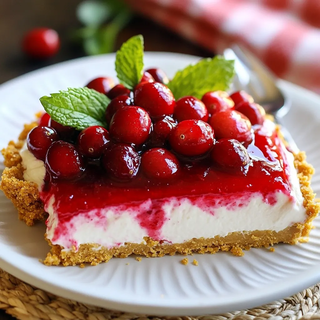 Um einen köstlichen No-Bake Cranberry Cheesecake Pie zu machen, brauchst du einige einfache Zutaten. Hier ist die Liste: - 1 ½ Tassen Graham-Cracker-Krümel - ½ Tasse ungesalzene Butter, geschmolzen - 2 Tassen Frischkäse, weich - 1 Tasse Puderzucker - 1 Teelöffel Vanilleextrakt - 1 Tasse Schlagsahne - 1 ½ Tassen frische oder gefrorene Cranberries - ¾ Tasse Kristallzucker (für die Cranberry-Sauce) - 1 Esslöffel Zitronensaft - ½ Teelöffel Zimt - Frische Minzblätter zur Dekoration (optional) Jede Zutat hat ihre eigene Rolle. Die Graham-Cracker-Krümel bilden die Basis. Sie geben dem Pie einen tollen Crunch. Die Butter hilft, die Kruste zu binden. Frischkäse bringt die Cremigkeit. Puderzucker süßt die Füllung. Vanilleextrakt sorgt für zusätzlichen Geschmack. Schlagsahne macht die Füllung leicht und luftig. Cranberries bringen eine frische, säuerliche Note. Kristallzucker süßt die Cranberry-Sauce. Zitronensaft hebt den Geschmack der Cranberries. Zimt fügt Wärme hinzu. Minzblätter sind eine schöne Dekoration. Diese Zutaten sind leicht zu finden. Du kannst frische oder gefrorene Cranberries nutzen, je nach Saison. Dieses Rezept ist perfekt für Feste und besondere Anlässe. Du wirst überrascht sein, wie einfach es ist, diesen Pie zuzubereiten. {{ingredient_image_2}} - Mische 1 ½ Tassen Graham-Cracker-Krümel mit ½ Tasse geschmolzener Butter. - Drücke die Mischung gleichmäßig in eine 9-Zoll-Pie-Form. - Stelle die Kruste in den Kühlschrank, damit sie fest wird. - In einem Topf vermenge 1 ½ Tassen Cranberries, ¾ Tasse Zucker, 1 Esslöffel Zitronensaft und ½ Teelöffel Zimt. - Koche die Mischung bei mittlerer Hitze, bis die Cranberries aufplatzen. Dies dauert etwa 10 Minuten. - Lass das Topping abkühlen. - In einer großen Schüssel schlage 2 Tassen weichen Frischkäse mit 1 Tasse Puderzucker und 1 Teelöffel Vanille glatt. - Schlage 1 Tasse Schlagsahne in einer separaten Schüssel, bis sie steife Spitzen hat. - Verteile die Cheesecake-Füllung gleichmäßig auf der abgekühlten Kruste. - Löffle das Cranberry-Topping vorsichtig über die Füllung. - Decke den Pie ab und stelle ihn für mindestens 4 Stunden in den Kühlschrank, bis er fest ist. Um die perfekte Konsistenz der Füllung zu erreichen, müssen Sie einige wichtige Schritte beachten. Zuerst sollten Sie den Frischkäse gut weich schlagen. Dies hilft, eine glatte und cremige Mischung zu schaffen. Wenn der Frischkäse kalt ist, wird er klumpig und schwer zu verarbeiten. Lassen Sie ihn also mindestens 30 Minuten bei Raumtemperatur stehen. Um Klumpen im Frischkäse zu vermeiden, schlagen Sie ihn zuerst allein. Fügen Sie dann den Puderzucker und das Vanilleextrakt hinzu. Mischen Sie alles gut, bevor Sie die Schlagsahne unterheben. Achten Sie darauf, die Schlagsahne vorsichtig einzuarbeiten. So bleibt die Füllung luftig und leicht. Frische Minzblätter bringen Farbe und Frische auf Ihren Pie. Sie können die Minze einfach auf die Stücke legen, bevor Sie sie servieren. Dies sieht nicht nur gut aus, sondern sorgt auch für einen frischen Geschmack. Ein weiterer toller Serviervorschlag ist, zusätzliche Cranberry-Sauce über die Stücke zu geben. Diese Sauce sorgt für mehr Farbe und Geschmack. Sie können sie einfach aus dem Topf löffeln, nachdem sie abgekühlt ist. So wird Ihr No-Bake Cranberry Cheesecake Pie noch besonderer. Profi-Tipps Verwenden Sie frische Cranberries: Wenn möglich, verwenden Sie frische Cranberries für ein intensiveres Aroma und eine knackigere Textur. Gefrorene Cranberries können jedoch auch verwendet werden, wenn frische nicht verfügbar sind. Frischkäse richtig vorbereiten: Stellen Sie sicher, dass der Frischkäse gut temperiert ist, damit er sich leichter mit den anderen Zutaten vermengen lässt. Lassen Sie ihn vor der Verwendung etwa eine Stunde bei Raumtemperatur stehen. Die perfekte Konsistenz: Achten Sie darauf, die geschlagene Sahne vorsichtig unter die Frischkäse-Mischung zu heben, um die luftige Textur zu bewahren, die dem Cheesecake seine Leichtigkeit verleiht. Vorbereitung im Voraus: Bereiten Sie den Pie einen Tag im Voraus vor, um sicherzustellen, dass er vollständig fest wird und die Aromen gut durchziehen können. So haben Sie am Serviertag weniger Stress. {{image_4}} Du kannst den Pie mit anderen Früchten zubereiten. Himbeeren oder Erdbeeren sind großartige Alternativen. Sie bringen frische Aromen und eine schöne Farbe. Wenn du Himbeeren verwendest, püriere sie leicht, um eine glatte Schicht zu erhalten. Erdbeeren kannst du einfach in kleine Stücke schneiden. Beide Optionen machen den Pie fruchtig und lecker. Wenn du glutenfrei kochen möchtest, gibt es einfache Lösungen. Verwende glutenfreie Kekse anstelle von Graham-Crackern. Diese Kekse bieten eine ähnliche Textur und einen guten Geschmack. Du kannst auch Mandelmehl oder Haferflocken verwenden, um die Kruste zu machen. Achte darauf, dass die Haferflocken glutenfrei sind. So bleibt dein Dessert für alle zugänglich. Vegan zu leben schließt den Genuss von Cheesecake nicht aus. Du kannst Frischkäse durch pflanzliche Alternativen ersetzen. Cashew-Creme oder Soja-Frischkäse sind tolle Optionen. Für die Schlagsahne verwende Kokoscreme oder eine pflanzliche Sahne. Diese Alternativen sind einfach zu finden und geben deinem Pie die gleiche cremige Textur. So bleibt der Genuss erhalten, ohne tierische Produkte zu verwenden. Um den No-Bake Cranberry Cheesecake Pie frisch zu halten, lagere ihn im Kühlschrank. Decke den Pie mit Frischhaltefolie ab. So bleibt er feucht und lecker. Stelle sicher, dass er gut abgedeckt ist, damit keine Gerüche von anderen Lebensmitteln eindringen. Der Pie hält sich im Kühlschrank etwa 3 bis 5 Tage. Nach dieser Zeit kann die Qualität abnehmen. Halte Ausschau nach Anzeichen von Verderb, wie Veränderungen im Geruch oder Aussehen. Wenn du unsicher bist, ist es besser, ihn nicht zu essen. Du kannst den Pie auch einfrieren, wenn du ihn nicht sofort essen möchtest. Wickle ihn gut in Frischhaltefolie ein und lege ihn in einen Gefrierbeutel. So bleibt er für etwa 2 bis 3 Monate haltbar. Zum Auftauen lege den Pie einfach über Nacht in den Kühlschrank. So bleibt die Textur fast gleich. Der Pie benötigt mindestens 4 Stunden im Kühlschrank, um fest zu werden. Ich empfehle, ihn über Nacht zu lassen. So wird die Konsistenz perfekt. Während dieser Zeit kühlst du auch die Aromen. Lasse ihn einfach in Ruhe und genieße die Vorfreude. Ja, gefrorene Cranberries sind eine tolle Option. Sie funktionieren bestens für das Rezept. Du kannst sie direkt aus dem Gefrierschrank verwenden. Achte darauf, sie vorher nicht zu auftauen. Dies hilft, die richtige Textur in der Cranberry-Sauce zu behalten. Du kannst viele andere Früchte verwenden. Himbeeren, Erdbeeren oder Blaubeeren sind großartig. Du kannst auch eine Mischung aus verschiedenen Beeren machen. Diese Früchte bringen frische Farben und Geschmäcker. Ein Spritzer Zitrone kann auch helfen, die Aromen zu heben. Dieser No-Bake Cranberry Cheesecake Pie kombiniert einfache Zutaten und einfache Schritte. Sie lernen, wie man die Kruste macht, die Füllung zubereitet und das köstliche Topping hinzufügt. Ich habe auch Tipps für Variationen und Dekorationen gegeben. Denken Sie daran, dass dieser Pie kühl und frisch bleiben sollte. Experimentieren Sie gerne mit anderen Früchten oder einer glutenfreien Version. So haben Sie immer ein leckeres Dessert bereit.
