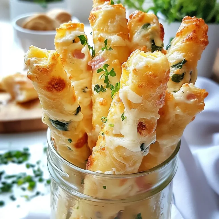 Für diese leckeren Ham & Cheese Tortilla Sticks brauchen Sie: - 4 große Weizentortillas - 1 Tasse gekochter Schinken, gewürfelt - 1 Tasse geriebener Mozzarella-Käse - 1 Tasse frischer Spinat, grob gehackt - 1/2 Tasse Frischkäse, weich Diese Zutaten sind einfach zu finden. Die Weizentortillas sind die perfekte Hülle. Sie geben den Sticks Form und Halt. Der gewürfelte Schinken sorgt für herzhaften Geschmack. Mozzarella-Käse schmilzt wunderbar und macht alles cremig. Der frische Spinat bringt Farbe und etwas Frische in das Gericht. Der Frischkäse bindet alles zusammen und macht die Füllung schön weich. Wenn Sie etwas Abwechslung wollen, probieren Sie diese Optionen: - Vegane Optionen: Nutzen Sie vegane Tortillas und pflanzlichen Käse. - Low-Carb Alternativen: Wählen Sie Tortillas aus Blumenkohl oder Mandeln. - Glutenfreie Tortillas: Achten Sie auf spezielle glutenfreie Varianten im Laden. Diese Alternativen haben ihren eigenen Charme. Vegane Optionen sind toll für pflanzenbasierte Ernährung. Low-Carb Alternativen helfen, die Kohlenhydrate zu reduzieren. Glutenfreie Tortillas sind perfekt für Menschen mit Glutenunverträglichkeit. So findet jeder eine passende Variante. {{ingredient_image_2}} Heize deinen Ofen auf 200 °C vor. Das sorgt dafür, dass die Tortilla-Sticks gleichmäßig garen. Lege ein Backblech mit Backpapier aus, damit die Sticks nicht kleben bleiben. Jetzt kommt der spannende Teil! Nimm eine Rührschüssel und füge 1/2 Tasse weichen Frischkäse hinzu. Gib 1 Esslöffel Dijon-Senf, 1/2 Teelöffel Knoblauchpulver und 1/4 Teelöffel schwarzen Pfeffer dazu. Rühre alles gut um, bis die Mischung glatt ist. Diese Füllung bringt viel Geschmack! Nehme eine Weizentortilla und verteile eine großzügige Schicht der Frischkäsemischung darauf. Achte darauf, dass du genug Platz lässt. Lege auf eine Hälfte der Tortilla 1 Tasse gewürfelten Schinken, 1 Tasse geriebenen Mozzarella und 1 Tasse grob gehackten Spinat. Falte die Tortilla dann in der Mitte und drücke sie leicht zusammen. So bleibt die Füllung gut drin. Jetzt wird es kreativ! Schneide jede gefaltete Tortilla in etwa 2,5 cm breite Streifen. So entstehen die leckeren Sticks. Lege die Streifen auf das Backblech. Achte darauf, dass sie etwas Platz haben. Backe die Tortilla-Sticks im vorgeheizten Ofen für 12-15 Minuten. Achte darauf, dass sie goldbraun und knusprig sind. Das sieht nicht nur gut aus, sondern schmeckt auch fantastisch! Nach dem Backen, nimm das Blech aus dem Ofen und lasse die Sticks ein paar Minuten abkühlen, bevor du sie servierst. Um die perfekte Knusprigkeit zu erreichen, backen Sie die Tortilla-Sticks bei 200 °C. Achten Sie darauf, sie gleichmäßig mit Olivenöl zu bestreichen. So werden sie schön goldbraun. Vermeiden Sie aufgeweichten Teig, indem Sie die Füllung nicht zu dick auftragen. Eine dünne Schicht reicht aus, um eine gute Konsistenz zu sichern. Präsentieren Sie die Sticks in einem hohen Glas oder einem Einmachglas. Dies sieht nicht nur gut aus, sondern macht das Essen auch einfacher. Garnieren Sie mit frischen Kräutern für einen frischen Look. Für Dips empfehle ich Marinara- oder Ranch-Dressing. Diese passen perfekt zu dem herzhaften Geschmack der Sticks. Ein häufiger Fehler ist ungleichmäßiges Backen. Stellen Sie sicher, dass die Sticks genug Platz auf dem Blech haben. So kann die heiße Luft gut zirkulieren. Wenn die Füllung herausläuft, drücken Sie die Ränder gut zusammen, bevor Sie sie schneiden. Das hilft, die Füllung innen zu halten und macht die Tortilla-Sticks stabiler. Pro Tipps Frischkäse auf Zimmertemperatur: Stellen Sie sicher, dass der Frischkäse weich und streichfähig ist, um eine gleichmäßige Verteilung auf den Tortillas zu gewährleisten. Variationen der Füllung: Experimentieren Sie mit verschiedenen Käsesorten oder fügen Sie zusätzliches Gemüse wie Paprika oder Zwiebeln hinzu, um die Aromen zu variieren. Knusprigere Sticks: Für extra knusprige Tortilla-Sticks können Sie diese mit etwas mehr Olivenöl bestreichen oder in einem Airfryer zubereiten. Servieroptionen: Servieren Sie die Sticks mit verschiedenen Dips wie Salsa, Guacamole oder einem scharfen Dip, um das Geschmackserlebnis zu erhöhen. {{image_4}} Für mehr Abwechslung können Sie andere Käsesorten verwenden. Cheddar gibt einen scharfen Geschmack. Gouda bietet eine süßere Note. Sie können auch zusätzliche Gemüsesorten hinzufügen. Paprika oder Zucchini passen gut. Diese Optionen bringen frische Aromen in die Tortilla-Sticks. Wenn Sie Vegetarier sind, lassen Sie den Schinken einfach weg. Verwenden Sie stattdessen mehr Gemüse. Für laktosefreie Optionen wählen Sie laktosefreien Käse. Das Rezept bleibt dabei lecker und gesund. Diese Anpassungen sorgen dafür, dass jeder genießen kann. Tortilla-Sticks sind perfektes Fingerfood für Partys. Sie sind leicht zu essen und machen Spaß. Für Feiertage können Sie die Sticks weihnachtlich dekorieren. Fügen Sie frische Kräuter oder bunte Paprika hinzu. So wird das Gericht festlich und ein echter Hingucker. Um die Frische deiner Tortilla-Sticks zu bewahren, wähle die richtigen Behälter. Verwende luftdichte Behälter oder Folie, um sie gut zu verpacken. So bleibt der Geschmack erhalten und die Sticks bleiben knusprig. Im Kühlschrank sind die Sticks gut für etwa drei Tage haltbar. Wenn du sie länger aufbewahren möchtest, friere sie ein. Im Gefrierfach halten sie bis zu drei Monate. Achte darauf, sie in Portionen zu verpacken, um das Auftauen zu erleichtern. Wie lange sind die Sticks haltbar? Im Kühlschrank höchstens drei Tage, im Gefrierfach bis zu drei Monate. Der Geschmack kann sich jedoch ändern, wenn sie zu lange aufbewahrt werden. Um Geschmackseinbußen zu vermeiden, friere sie schnell ein, nachdem sie abgekühlt sind. So bleiben Aromen und Textur optimal. Die besten Methoden zum Wiedererwärmen sind der Ofen oder die Pfanne. Heize den Ofen auf 180 °C vor und backe die Sticks für etwa 10 Minuten. So werden sie wieder knusprig. In der Pfanne kannst du sie bei niedriger Hitze auf jeder Seite goldbraun braten. Vermeide die Mikrowelle, denn sie kann die Sticks weich machen. So bleibt das knusprige Gefühl erhalten und du hast einen leckeren Snack. Wenn Sie keinen Schinken haben, gibt es viele Alternativen. Sie können Truthahn oder Hähnchen verwenden. Für eine pflanzliche Option wählen Sie gebratene Pilze oder gebratene Zucchini. Auch geräucherte Tofuwürfel sind eine tolle Wahl. Diese Alternativen bieten viel Geschmack und Farbe. Ja, Sie können die Tortilla-Sticks im Airfryer zubereiten! Heizen Sie den Airfryer auf 180 °C vor. Legen Sie die Sticks in einer Schicht hinein. Backen Sie sie für etwa 10 Minuten. Wenden Sie die Sticks nach der Hälfte der Zeit, damit sie gleichmäßig knusprig werden. Genießen Sie die schnelle Zubereitung! Zu diesen Tortilla-Sticks passen viele Dips. Marinara-Sauce ist ein Klassiker, der gut harmoniert. Ranch-Dressing bringt einen cremigen Geschmack. Auch Guacamole oder Salsa sind tolle Optionen. Wenn Sie etwas Schärferes mögen, probieren Sie scharfe Paprika-Sauce. Diese Dips machen das Essen noch besser. Das Rezept ergibt vier Portionen. Jede Portion besteht aus mehreren Sticks. Sie können die Menge leicht erhöhen, indem Sie mehr Tortillas verwenden. So sind die Sticks perfekt für Partys oder als Snack für die Familie. Einfach die Zutaten nach Bedarf anpassen. Ja, Sie können die Sticks im Voraus machen! Bereiten Sie die Füllung und die Tortillas vor. Wickeln Sie sie dann in Frischhaltefolie und kühlen Sie sie. Sie können die Sticks bis zu einem Tag im Voraus zubereiten. Backen Sie sie einfach frisch vor dem Servieren. So bleiben sie knusprig und lecker. Diese Anleitung für Tortilla-Sticks bietet viele einfache Schritte und Tipps. Du hast gelernt, welche Hauptzutaten du verwenden kannst und welche Alternativen es gibt. Die Schritt-für-Schritt-Anleitung hilft dir, perfekte Sticks zu erstellen. Denke daran, dass Variationen wichtig sind, um verschiedenen Vorlieben gerecht zu werden. Lagere Reste richtig, um den Geschmack zu bewahren. Mit dieser Anleitung gelingt dir ein leckerer Snack für jede Gelegenheit! Jetzt bist du bereit, sie selbst zu machen und zu genießen!