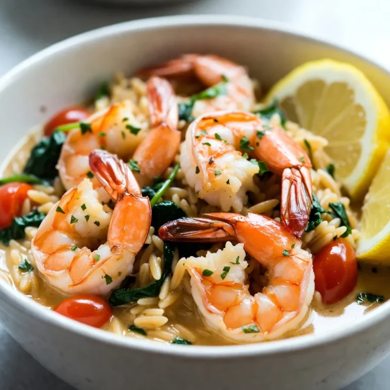 Für dieses leckere Gericht benötigst du: - 450 g große Garnelen, geschält und entdarmt - 200 g Orzo-Nudeln - 4 Esslöffel ungesalzene Butter - 4 Knoblauchzehen, fein gehackt - 1 kleine Zwiebel, fein gewürfelt - 500 ml Hühnerbrühe - 150 g Cherry-Tomaten, halbiert - 100 g frischer Spinat Diese Zutaten sind die Basis für unser köstliches One-Pot-Gericht. Die Garnelen bringen einen feinen Geschmack, während die Orzo-Nudeln die perfekte Textur bieten. Das Gericht ist einfach und schnell zuzubereiten. Wichtige Gewürze und Aromen, die du brauchst: - 1 Teelöffel Paprika - 1 Teelöffel Zitronenzeste - Salz und Pfeffer nach Geschmack Paprika verleiht dem Gericht eine schöne Farbe und einen milden Geschmack. Die Zitronenzeste sorgt für Frische und hebt die Aromen hervor. Vergiss nicht, das Gericht am Ende abzuschmecken! Um das Gericht schön zu präsentieren, kannst du Folgendes verwenden: - Frische Petersilie, gehackt (zum Garnieren) - Zitronenspalten (zum Servieren) Die Petersilie bringt Farbe und Frische, während die Zitronenspalten ein wenig zusätzliche Säure hinzufügen. Serviere das Gericht in tiefen Schalen für die beste Wirkung! {{ingredient_image_2}} Um alles leicht zuzubereiten, sammeln Sie zuerst alle Zutaten. Sie brauchen: - 450 g große Garnelen, geschält und entdarmt - 200 g Orzo-Nudeln - 4 Esslöffel ungesalzene Butter - 4 Knoblauchzehen, fein gehackt - 1 kleine Zwiebel, fein gewürfelt - 500 ml Hühnerbrühe - 150 g Cherry-Tomaten, halbiert - 100 g frischer Spinat - 1 Teelöffel Paprika - 1 Teelöffel Zitronenzeste - Salz und Pfeffer nach Geschmack - Frische Petersilie, gehackt (zum Garnieren) - Zitronenspalten (zum Servieren) Stellen Sie sicher, dass alles gut vorbereitet ist, bevor Sie mit dem Kochen beginnen. Dies macht den Prozess einfacher und schneller. Erhitzen Sie einen großen Topf oder eine tiefe Pfanne bei mittlerer Hitze. Fügen Sie 2 Esslöffel Butter hinzu und lassen Sie sie schmelzen. Geben Sie jetzt die gehackten Knoblauchzehen und die gewürfelte Zwiebel in den Topf. Rühren Sie alles gut um, bis die Zwiebel glasig ist, was etwa 3-4 Minuten dauert. Jetzt ist es Zeit für die Garnelen. Fügen Sie die Garnelen hinzu und würzen Sie sie mit Paprika, Salz und Pfeffer. Lassen Sie die Garnelen 2-3 Minuten kochen, bis sie rosa werden. Nehmen Sie die Garnelen aus dem Topf und legen Sie sie beiseite. Im selben Topf fügen Sie die Orzo-Nudeln hinzu. Rösten Sie die Nudeln leicht in der Butter, bis sie goldbraun sind, etwa 2 Minuten. Jetzt kommt der spannende Teil. Gießen Sie die Hühnerbrühe in den Topf und bringen Sie alles zum Kochen. Reduzieren Sie die Hitze und lassen Sie die Mischung unbedeckt 8-10 Minuten köcheln. Rühren Sie gelegentlich um, bis die Orzo al dente ist und die meiste Flüssigkeit aufgenommen wurde. Nach dem Kochen fügen Sie die halbierten Cherry-Tomaten, den frischen Spinat, die Zitronenzeste und die restlichen 2 Esslöffel Butter hinzu. Rühren Sie alles gut um, bis es gut vermischt ist. Geben Sie die Garnelen zurück in den Topf. Mischen Sie vorsichtig, bis alles erhitzt ist und der Spinat zusammengefallen ist. Abschmecken und nach Bedarf nachwürzen. Lassen Sie das Gericht vor dem Servieren ein paar Minuten ruhen. Ein häufiger Fehler ist, die Garnelen zu lange zu kochen. Sie sollten rosa und zart sein. Überkochte Garnelen werden gummiartig. Achten Sie darauf, die Garnelen nur 2-3 Minuten zu garen, bis sie die richtige Farbe haben. Ein weiterer Fehler ist, die Orzo-Nudeln nicht richtig zu rühren. Rühren Sie während des Kochens gelegentlich um, damit die Nudeln nicht zusammenkleben. So bleibt das Gericht schön cremig und die Textur stimmt. Die Garzeiten sind wichtig, um ein perfektes Gericht zu kreieren. Die Orzo-Nudeln brauchen etwa 8-10 Minuten, um al dente zu werden. Prüfen Sie die Konsistenz nach 8 Minuten. Wenn sie noch hart sind, kochen Sie weiter und probieren Sie alle 1-2 Minuten. Die Garnelen sind schnell fertig. Sie brauchen nur ein paar Minuten. Achten Sie darauf, sie nach dem Anbraten sofort aus der Pfanne zu nehmen. So bleiben sie saftig und lecker. Die Aromen können Sie nach Ihrem Geschmack anpassen. Fügen Sie mehr Knoblauch hinzu, wenn Sie es kräftiger mögen. Ein Spritzer Zitrone bringt Frische. Experimentieren Sie auch mit anderen Kräutern wie Basilikum oder Dill. Wenn Sie etwas Schärfe mögen, können Sie rote Pfefferflocken verwenden. Diese geben dem Gericht einen schönen Kick. Seien Sie kreativ und passen Sie die Gewürze an, um Ihre perfekte Mischung zu finden. Pro Tipps Frische Garnelen wählen: Verwenden Sie frische oder gut gefrorene Garnelen, um den besten Geschmack und die beste Textur zu erzielen. Orzo richtig kochen: Achten Sie darauf, die Orzo-Nudeln nicht zu überkochen. Sie sollten al dente sein, um die perfekte Konsistenz zu erreichen. Butter zum Schluss hinzufügen: Fügen Sie die restliche Butter am Ende hinzu, um einen cremigen und reichhaltigen Geschmack zu erzielen. Variationen mit Gemüse: Experimentieren Sie mit verschiedenen Gemüsesorten wie Zucchini oder Paprika, um zusätzliche Aromen und Nährstoffe hinzuzufügen. {{image_4}} Wenn du eine vegetarische Option suchst, kannst du die Garnelen einfach weglassen. Nutze stattdessen Tofu oder Pilze. Beide sind tolle Zutaten, die den Umami-Geschmack gut einbringen. Du kannst auch Kichererbsen verwenden. Sie sind nahrhaft und fügen eine schöne Textur hinzu. Es gibt viele Möglichkeiten, das Rezept zu variieren. Du kannst Hähnchenbrust oder Lachs verwenden. Diese Proteine kochen gut mit Orzo. Wenn du eine andere Meeresfrucht magst, probiere Jakobsmuscheln oder Muscheln. Beide passen gut zu Knoblauch und Butter. Gemüse gibt dem Gericht Farbe und Nährstoffe. Du kannst Zucchini oder Paprika hinzufügen. Diese Gemüse bringen Frische und Knackigkeit. Auch Brokkoli oder grüne Bohnen sind gute Optionen. Sie sorgen für eine schöne Textur und ein gesundes Gericht. Um die Reste von One-Pot Knoblauch-Butter-Garnelen Orzo zu lagern, lassen Sie das Gericht zuerst abkühlen. Teilen Sie es in Portionsgrößen auf. Nutzen Sie luftdichte Behälter, um die Frische zu bewahren. So bleibt der Geschmack erhalten. Reste halten sich gut, wenn Sie sie im Kühlschrank aufbewahren. Für das Wiedererwärmen empfehle ich die Mikrowelle oder eine Pfanne. Wenn Sie die Mikrowelle nutzen, stellen Sie die Leistung auf mittel. Fügen Sie einen Esslöffel Wasser hinzu, um das Gericht feucht zu halten. In der Pfanne erwärmen Sie das Gericht bei mittlerer Hitze. Rühren Sie regelmäßig um, um ein Anbrennen zu vermeiden. Vermeiden Sie zu hohe Temperaturen, damit die Garnelen nicht zäh werden. Im Kühlschrank bleiben die Reste für 2 bis 3 Tage frisch. Sie können das Gericht auch einfrieren. In einem luftdichten Behälter hält es sich bis zu 2 Monate. Zum Auftauen lassen Sie es über Nacht im Kühlschrank. So bleibt die Textur und der Geschmack am besten erhalten. Du kannst die Reste in einem luftdichten Behälter im Kühlschrank bis zu drei Tage aufbewahren. Achte darauf, das Gericht gut abzukühlen, bevor du es in den Kühlschrank stellst. Wenn du die Reste länger aufbewahren willst, kannst du sie auch einfrieren. Dazu einfach in einem gefrierfesten Behälter lagern. So bleiben sie bis zu drei Monate frisch. Ja, du kannst die Garnelen durch verschiedene Proteine ersetzen. Hähnchenbrust oder Tofu sind gute Alternativen. Wenn du Hähnchen verwendest, schneide es in kleine Stücke und koche es, bis es gar ist. Tofu kannst du in Würfel schneiden und ebenfalls anbraten. Jede Proteinquelle bringt ihren eigenen Geschmack mit. Auf jeden Fall! Du kannst Orzo durch Reis oder andere kleine Nudeln ersetzen. Wenn du Reis nimmst, achte darauf, die Kochzeit anzupassen. Kurze Pasta wie Farfalle oder kleine Muscheln sind ebenfalls eine gute Wahl. Das Gericht bleibt lecker und einfach, egal welche Teigwaren du verwendest. In diesem Artikel haben wir die Hauptzutaten für One-Pot Knoblauch-Butter-Garnelen mit Orzo erkundet. Wir haben die perfekte Zubereitung der Garnelen und das Kochen der Orzo behandelt. Tipps und Tricks halfen dir, Fehler zu vermeiden und Garzeiten zu optimieren. Außerdem gab es leckere Variationen und Lagerungshinweise. Probiere dieses Rezept aus und passe es nach deinem Geschmack an. So erzielst du jedes Mal ein köstliches Gericht, das allen schmeckt!