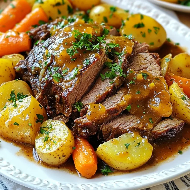 - 1,4 bis 1,8 kg Rinderschmorbraten (Beef Chuck) - 60 ml Ahornsirup - 60 ml Dijon-Senf - 4 mittelgroße Karotten, geschält und in grobe Stücke geschnitten - 3 mittelgroße Kartoffeln, geschält und in Würfel geschnitten - 1 große Zwiebel, geviertelt - 3 Knoblauchzehen, fein gehackt - 2 Teelöffel getrockneter Thymian - 2 Teelöffel getrockneter Rosmarin - Salz und Pfeffer nach Geschmack - 480 ml Rinderbrühe - Frische Petersilie zum Garnieren In diesem Rezept benutzen wir Rinderschmorbraten. Das Fleisch wird zart und saftig. Ahornsirup und Dijon-Senf geben eine spannende Geschmackskombination. Die Karotten und Kartoffeln sorgen für eine schöne Beilage. Zwiebeln und Knoblauch fügen mehr Aroma hinzu. Gewürze wie Thymian und Rosmarin bringen Frische in das Gericht. Die Rinderbrühe sorgt für eine reichhaltige Flüssigkeit, die das Fleisch umgibt. Am Ende garnieren wir das Gericht mit frischer Petersilie. So sieht der Slow Cooker Pot Roast nicht nur gut aus, sondern schmeckt auch köstlich! {{ingredient_image_2}} Zuerst würzen Sie den Rinderschmorbraten. Benutzen Sie viel Salz und Pfeffer. Dies bringt den Geschmack hervor. In einer kleinen Schüssel mischen Sie Ahornsirup und Dijon-Senf. Rühren Sie gut, bis alles vermischt ist. Bestreichen Sie die Hälfte der Mischung auf dem Schmorbraten. Dadurch bleibt das Fleisch saftig und lecker. Für das Gemüse legen Sie die geviertelten Zwiebeln und den gehackten Knoblauch in den Slow Cooker. Diese bilden eine aromatische Basis. Danach schichten Sie die Karotten und Kartoffeln darüber. Bestreuen Sie das Gemüse mit Thymian und Rosmarin. Diese Kräuter geben dem Gericht einen schönen Geschmack. Jetzt setzen Sie den Schmorbraten auf das Gemüse. Gießen Sie die Rinderbrühe an den Seiten des Topfes. So bleibt die Glasur am Fleisch. Träufeln Sie die restliche Mischung über den Schmorbraten. Decken Sie den Slow Cooker ab und stellen Sie ihn auf niedrige Stufe. Lassen Sie das Gericht 8 bis 10 Stunden garen. Das Fleisch wird so zart, dass es leicht zerfällt. Um den Geschmack zu verbessern, können Sie verschiedene Gewürze verwenden. Fügen Sie etwas Paprika für eine rauchige Note hinzu. Auch eine Prise Kreuzkümmel gibt dem Gericht Tiefe. Experimentieren Sie mit anderen Senfsorten, wie grobkörnigem Senf, um eine andere Textur zu erhalten. Sie können auch frische Kräuter wie Thymian und Rosmarin verwenden, um den Geschmack zu verfeinern. Wählen Sie die Temperatur mit Bedacht. Niedrige Temperaturen über lange Zeit ergeben zartes Fleisch. Bei hoher Temperatur sollten Sie die Garzeit verkürzen. Die Garzeit ist entscheidend für die Zartheit des Fleisches. Prüfen Sie nach der Mindestzeit, ob das Fleisch leicht zerfällt. Servieren Sie den Schmorbraten mit Beilagen wie gedämpftem Brokkoli oder Kartoffelpüree. Ein frischer grüner Salat passt auch gut dazu. Für Getränke sind ein leichter Rotwein oder ein spritziger Apfelsaft ideal. Anrichten können Sie das Gericht auf einer großen Platte, dekoriert mit frischer Petersilie. So wird es besonders ansprechend. Pro Tipps Fleisch zart machen: Lassen Sie das Rinderschmorbraten vor dem Garen mindestens 30 Minuten bei Zimmertemperatur ruhen, um eine gleichmäßige Garung zu gewährleisten. Aromen intensivieren: Braten Sie den Schmorbraten vor dem Kochen in einer Pfanne an, um eine schöne Kruste und zusätzliche Aromen zu erzeugen. Gemüse richtig wählen: Verwenden Sie saisonales Gemüse, um frische Aromen zu erhalten. Kürbis oder Pastinaken sind ebenfalls gute Alternativen zu Karotten und Kartoffeln. Reste clever nutzen: Verwenden Sie übrig gebliebenes Fleisch in Sandwiches oder Salaten, um den Geschmack in neuen Gerichten zu genießen. {{image_4}} Sie können das Rezept leicht anpassen. Verwenden Sie Hühnchen oder Schweinefleisch. Diese Optionen sind lecker und schnell zubereitet. Hühnchen wird zart und saftig. Schweinefleisch hat einen tollen Geschmack. Für eine vegetarische Variante nutzen Sie Jackfruit oder Tofu. Diese Zutaten nehmen die Aromen gut auf. Experimentieren Sie mit verschiedenen Senfsorten. Senf mit Honig gibt eine süßere Note. Scharfer Senf sorgt für mehr Würze. Sie können auch zusätzliche Gemüsesorten ausprobieren. Zucchini, Sellerie oder Paprika passen gut dazu. Diese Gemüsesorten bringen neue Texturen und Geschmack. Lassen Sie sich von anderen Küchen inspirieren. Mexikanische Gewürze wie Kreuzkümmel und Chili bringen einen neuen Twist. Asiatische Aromen können mit Sojasauce und Ingwer ergänzt werden. Diese Anpassungen machen das Gericht spannend und vielseitig. Spielen Sie mit den Gewürzen, um Ihre eigene Note zu finden. Reste vom Schmorbraten sind einfach zu lagern. Kühl sie schnell ab, um Bakterien zu vermeiden. Verwende einen luftdichten Behälter, um die Frische zu bewahren. Ich empfehle, die Reste innerhalb von drei Tagen zu essen. So bleibt der Geschmack am besten. Du kannst den Schmorbraten auch einfrieren. Achte darauf, das Fleisch in Portionen zu schneiden. Nutze gefriergeeignete Behälter oder -beutel. So bleibt der Braten bis zu drei Monate haltbar. Zum Auftauen legst du das Fleisch einfach über Nacht in den Kühlschrank. So bleibt die Textur gut. Übrig gebliebenes Fleisch ist vielseitig. Du kannst es in Sandwiches verwenden oder in einer Suppe kochen. Ein weiteres leckeres Rezept ist ein Rindfleisch-Eintopf. Einfach Gemüse und Brühe hinzufügen. Die Möglichkeiten sind endlos! Die Garzeit hängt von der Größe des Fleisches ab. Für einen Rinderschmorbraten von 1,4 bis 1,8 kg empfehle ich, ihn 8 bis 10 Stunden auf niedriger Stufe zu garen. Auf hoher Stufe sind 4 bis 6 Stunden ideal. Ein kleinerer Braten braucht weniger Zeit, während ein größerer Braten mehr Zeit benötigt. Achten Sie darauf, das Fleisch zart zu machen. Wenn Sie unsicher sind, stechen Sie mit einer Gabel hinein. Das Fleisch sollte leicht zerteilen. Ja, Sie können gefrorenes Fleisch verwenden. Es hat jedoch Vor- und Nachteile. Der Vorteil ist, dass es frisch bleibt und Sie es nicht vorher auftauen müssen. Der Nachteil ist, dass gefrorenes Fleisch länger braucht, um zu garen. Außerdem kann es ungleichmäßig garen. Wenn Sie gefrorenes Fleisch verwenden, erhöhen Sie die Garzeit um 1 bis 2 Stunden. Überprüfen Sie regelmäßig die Temperatur des Fleisches. Wenn der Schmorbraten zu trocken ist, gibt es Lösungen. Eine Möglichkeit ist, mehr Brühe hinzuzufügen. Stellen Sie sicher, dass das Fleisch während des Garens ausreichend Flüssigkeit hat. Wenn Sie sehen, dass das Fleisch austrocknet, können Sie die Temperatur senken. Eine andere Lösung ist, das Fleisch während des Garens mit der Garflüssigkeit zu übergießen. So bleibt es saftig und zart. Zusammengefasst zeigt dieser Artikel, wie man ein schmackhaftes Rinderschmorbraten im Slow Cooker zubereitet. Wir haben die Hauptzutaten besprochen, den richtigen Ablauf und wichtige Tipps gegeben. Außerdem habe ich Variationen für verschiedene Geschmäcker vorgestellt. Denke daran, dass du beim Kochen experimentieren kannst. Du kannst die Zutaten oder Gewürze anpassen, um dein ideales Gericht zu finden. Das Beste ist, dass Zubereitung und Lagerung einfach sind. Der Slow Cooker macht alles leichter und du kannst die Reste kreativ verwenden. Viel Spaß beim Kochen!