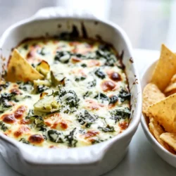 - 2 Tassen frischer Spinat, grob gehackt - 1 Tasse Artischockenherzen, abgetropft und grob gehackt - 1 Tasse Frischkäse, weich gerührt - 1 Tasse Sauerrahm - 1 Tasse geriebener Mozzarella - 1/2 Tasse geriebener Parmesan Die Hauptzutaten sind der Schlüssel zu einem großartigen Dip. Frischer Spinat sorgt für eine lebendige Farbe und einen tollen Geschmack. Die Artischockenherzen bringen eine zarte Textur und einen leicht nussigen Geschmack. Der Frischkäse und der Sauerrahm machen den Dip schön cremig. Mozzarella und Parmesan fügen Tiefe und eine würzige Note hinzu. Diese Kombination ist einfach köstlich! - 2 Knoblauchzehen, fein gehackt - 1 Teelöffel Zwiebelpulver - 1/2 Teelöffel rote Paprikaflocken (optional) - Salz und Pfeffer nach Geschmack Die Gewürze geben dem Dip das gewisse Etwas. Knoblauch sorgt für einen herzhaften Geschmack. Zwiebelpulver fügt eine subtile Süße hinzu. Rote Paprikaflocken bringen eine leichte Schärfe, die den Dip aufregend macht. Denken Sie daran, Salz und Pfeffer nach Ihrem Geschmack zu verwenden. So wird der Dip perfekt abgestimmt. - Tortilla-Chips - Baguette-Scheiben Für das Servieren empfehle ich Tortilla-Chips oder Baguette-Scheiben. Beide Optionen sind knusprig und passen perfekt zu dem cremigen Dip. Tortilla-Chips sind ideal für einen rustikalen Snack. Baguette-Scheiben sind elegant und perfekt für Partys. Stellen Sie sicher, dass Sie genug zum Dippen haben! {{ingredient_image_2}} Zuerst brauchst du frischen Spinat und Artischockenherzen. - Nimm 2 Tassen frischen Spinat und hacke ihn grob. - Öffne 1 Tasse Artischockenherzen aus der Dose. Abtropfen und grob hacken. Jetzt bereitest du die Käse und Gewürze vor. - Nimm 1 Tasse Frischkäse und mache ihn weich. - Bereite 1 Tasse Sauerrahm, 1 Tasse geriebenen Mozzarella und 1/2 Tasse geriebenen Parmesan vor. - Hacke 2 Knoblauchzehen fein und stelle 1 Teelöffel Zwiebelpulver bereit. - Halte 1/2 Teelöffel rote Paprikaflocken, Salz und Pfeffer für den Geschmack bereit. Jetzt kommen wir zur Dip-Mischung. - Mische in einer großen Schüssel den weichen Frischkäse, Sauerrahm, Mozzarella und Parmesan. - Rühre alles gut, bis die Masse glatt ist. Füge dann den Spinat und die Artischocken hinzu. - Gib den gehackten Spinat, die Artischocken, den Knoblauch und das Zwiebelpulver in die Schüssel. - Wenn du magst, füge die roten Paprikaflocken hinzu. - Schmecke die Mischung mit Salz und Pfeffer ab und rühre vorsichtig um. Nun heizt du den Ofen vor. - Stelle den Ofen auf 190°C (375°F). Gib die Mischung in eine backofenfeste Form. - Verteile die Dip-Mischung gleichmäßig in der Form. Backe den Dip für 25 bis 30 Minuten. - Achte darauf, dass der Dip sprudelnd und goldbraun wird. - Lass ihn kurz abkühlen, bevor du ihn servierst. Um den perfekten Dip zu machen, nutzen Sie Frischkäse und Sauerrahm. Diese Zutaten liefern die nötige Cremigkeit. Frischkäse sorgt für eine glatte Basis. Sauerrahm gibt dem Dip eine leichte Säure. Mischen Sie diese beiden gut. So wird der Dip schön weich. Wenn Sie den Dip leichter machen möchten, verwenden Sie fettarmen Frischkäse. Reduzieren Sie auch die Menge an Käse. Fügen Sie mehr Spinat hinzu, um Volumen zu gewinnen. Das hält den Dip leicht und frisch. Vermeiden Sie es, den Dip zu überbacken. Wenn der Dip zu lange im Ofen bleibt, trocknet er aus. Achten Sie darauf, die Backzeit genau zu verfolgen. Nach 25 Minuten sollten Sie den Dip prüfen. Er ist fertig, wenn er sprudelt und goldbraun aussieht. Eine gleichmäßige Mischung ist wichtig. Achten Sie darauf, dass alle Zutaten gut vermischt sind. So bekommt jeder Bissen den gleichen Geschmack. Vermeiden Sie es, die Zutaten zu grob zu hacken. Kleinere Stücke sorgen für eine bessere Textur. Für die Präsentation können Sie den Dip warm in der Backform servieren. Garnieren Sie ihn mit frischer Petersilie oder etwas geriebenem Parmesan. Das sieht nicht nur gut aus, sondern schmeckt auch lecker. Stellen Sie eine Schüssel mit Tortilla-Chips oder Baguette-Scheiben bereit. So kann jeder nach Belieben dippen. Das macht das Essen gesellig und macht Spaß. Pro Tipps Frischer Spinat: Verwenden Sie frischen Spinat anstelle von gefrorenem, um die beste Textur und den besten Geschmack zu erzielen. Variation der Käsesorten: Experimentieren Sie mit verschiedenen Käsesorten wie Gouda oder Cheddar für einen anderen Geschmack. Würze anpassen: Passen Sie die Gewürze nach Ihrem Geschmack an, indem Sie beispielsweise mehr Knoblauch oder Chili hinzufügen. Vorbereitung im Voraus: Bereiten Sie die Mischung im Voraus vor und backen Sie sie kurz vor dem Servieren, um Zeit zu sparen. {{image_4}} Um diesen Dip vegan zu machen, können Sie pflanzlichen Frischkäse und Sauerrahm verwenden. Diese Produkte bieten die gleiche Cremigkeit. Sie finden sie in vielen Supermärkten. Auch zusätzliche pflanzliche Käseoptionen sind möglich. Kokosnuss- oder Mandelkäse verleihen dem Dip einen tollen Geschmack. Für mehr Geschmack können Sie verschiedene Käsevarianten ausprobieren. Feta oder Cheddar bringen neue Aromen. Gewürze und Kräuter hinzufügen kann den Dip verbessern. Frische Kräuter wie Petersilie oder Basilikum machen ihn lebendig. Wenn Sie auf Kohlenhydrate achten, können Sie eine Low-Carb-Version machen. Verwenden Sie mehr Spinat und weniger Käse. Auch einen reduzierten Käsegehalt kann man wählen. So bleibt der Dip leichter, aber voller Geschmack. - Kühlschranklagerung: Bewahre den Dip in einem luftdichten Behälter auf. Er bleibt frisch für etwa 3 Tage. Vor dem Servieren, stelle sicher, dass du ihn gut umrührst. - Gefrieroptionen: Du kannst den Dip auch einfrieren. Fülle ihn in einen gefrierfesten Behälter und decke ihn gut ab. So bleibt er bis zu 2 Monate haltbar. - Beste Methoden zum Aufwärmen: Um den Dip aufzuwärmen, benutze die Mikrowelle oder den Ofen. In der Mikrowelle benötigst du nur 1-2 Minuten bei mittlerer Hitze. Im Ofen kann er bei 180°C für 15-20 Minuten erwärmt werden. - Sollte der Dip wieder cremig sein?: Ja, der Dip sollte wieder cremig sein. Falls er zu fest ist, füge etwas Sauerrahm oder Frischkäse hinzu und rühre gut um. - Wie lange hält der Dip im Kühlschrank?: Im Kühlschrank bleibt der Dip etwa 3 Tage frisch. Achte darauf, dass er gut verpackt ist. - Hinweise zur Frische: Überprüfe immer den Geruch und das Aussehen des Dips. Wenn er komisch riecht oder sich verfärbt hat, solltest du ihn lieber wegwerfen. Die gesamte Zubereitungszeit beträgt etwa 40 Minuten. Die Vorbereitung nimmt nur 10 Minuten in Anspruch. Danach backen Sie den Dip für 25 bis 30 Minuten. Achten Sie darauf, den Ofen auf 190°C vorzuheizen. Wenn der Dip sprudelnd und goldbraun ist, ist er fertig. Ja, Sie können frischen Spinat verwenden. Frischer Spinat hat einen lebhafteren Geschmack und eine bessere Textur. Er enthält auch mehr Nährstoffe. Wenn Sie frischen Spinat nutzen, waschen Sie ihn gut und hacken Sie ihn grob. Die Menge bleibt gleich, also verwenden Sie zwei Tassen. Für den besten Geschmack empfehle ich eine Mischung aus Mozzarella und Parmesan. Mozzarella macht den Dip schön cremig, während Parmesan einen würzigen Kick gibt. Sie können auch andere Käsesorten ausprobieren, wie Cheddar oder Gouda, um neue Aromen zu entdecken. Ja, dieses Rezept ist glutenfrei. Die Zutaten enthalten kein Gluten. Achten Sie jedoch auf die Servieroptionen. Tortilla-Chips sind oft glutenfrei, aber überprüfen Sie die Verpackung. Baguette-Scheiben sind nicht glutenfrei, also wählen Sie glutenfreies Brot, wenn nötig. Wir haben die Hauptzutaten für einen köstlichen Spinat-Artischocken-Dip besprochen. Frischer Spinat, Artischockenherzen und verschiedene Käsesorten machen diesen Dip besonders lecker. Gewürze wie Knoblauch und rote Paprikaflocken geben ihm den perfekten Kick. Ich habe auch erklärt, wie man ihn zubereitet, von der Vorbereitung bis zum Backen. Egal, ob du ihn mit Tortilla-Chips oder Baguette servierst, dieser Dip wird gut ankommen. Mit ein paar Anpassungen kannst du ihn sogar vegan oder gesundheitsbewusst gestalten. Probiere es aus und genieße jeden Bissen!