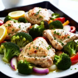 - 4 Hähnchenschenkel ohne Knochen und Haut - 2 Tassen Broccoliröschen - 1 Paprika, in Scheiben (jede Farbe) - 1 rote Zwiebel, in Spalten geschnitten - 2 Esslöffel Olivenöl - 1 Teelöffel getrockneter Oregano - 1 Teelöffel getrockneter Thymian - 3 Knoblauchzehen, gehackt - 2 Zitronen (abgerieben und ausgepresst) - Salz und Pfeffer nach Geschmack In diesem Rezept sind frische und einfache Zutaten wichtig. Die Hähnchenschenkel bringen viel Geschmack und sind zart. Das Gemüse fügt eine schöne Farbe hinzu und ist gesund. Broccoliröschen geben Crunch und Vitamine. Paprika bringt Süße und die rote Zwiebel sorgt für einen tollen Geschmack. Die Kombination von Olivenöl, Kräutern und Knoblauch macht die Marinade besonders. Zitronen sorgen für Frische und eine tolle Säure. Salz und Pfeffer runden alles ab und bringen die Aromen zum Leben. Achte darauf, frische Zutaten zu wählen. Sie machen einen großen Unterschied. Mit diesen Zutaten bereitest du ein leckeres und gesundes Gericht, das schnell geht. {{ingredient_image_2}} Heize den Ofen auf 220°C vor. Das ist wichtig, um das Hähnchen und Gemüse gleichmäßig zu garen. Nimm eine große Schüssel und vermische das Olivenöl, die Zitronenschale, den Zitronensaft, den gehackten Knoblauch, Oregano, Thymian, Salz und Pfeffer. Das ergibt eine tolle Marinade. Lege die Hähnchenschenkel in die Marinade. Achte darauf, dass sie gut bedeckt sind. Lass sie mindestens 15 Minuten marinieren. Für mehr Geschmack kannst du sie auch bis zu einer Stunde im Kühlschrank lassen. Während das Hähnchen mariniert, bereite das Gemüse vor. In einer separaten Schüssel vermische die Broccoliröschen, die Paprika und die rote Zwiebel mit einem Spritzer Olivenöl, Salz und Pfeffer. Lege ein großes Backblech mit Backpapier aus. Das hilft dir, die Reinigung zu erleichtern. Platziere die marinierten Hähnchenschenkel auf einer Seite des Backblechs. Ordne das Gemüse auf der anderen Seite an. Gieße die restliche Marinade über das Hähnchen und das Gemüse. So wird alles schön gewürzt. Backe alles im vorgeheizten Ofen für 25-30 Minuten. Achte darauf, dass das Hähnchen eine innere Temperatur von 75°C erreicht. Das Gemüse sollte zart sein. Schalte den Ofen für die letzten 2-3 Minuten auf Grillfunktion. Das gibt dem Hähnchen und Gemüse eine schöne Farbe. Behalte alles gut im Auge, um ein Anbrennen zu vermeiden. Nimm das Blech nach dem Garen aus dem Ofen und lasse alles 5 Minuten ruhen. Vor dem Servieren garniere mit frischer Petersilie. Du kannst das Gericht direkt vom Backblech servieren. Das sieht rustikal und einladend aus. Marinierzeit für mehr Geschmack Mariniere das Hähnchen mindestens 15 Minuten. Für mehr Geschmack lasse es bis zu 1 Stunde im Kühlschrank. Die Marinade zieht dann tiefer ins Fleisch ein. Das macht das Hähnchen saftiger und würziger. Zusätzliche Gewürzideen Du kannst die Marinade anpassen. Probiere Paprikapulver für mehr Schärfe. Füge etwas Honig für eine süße Note hinzu. Du kannst auch frische Kräuter verwenden. Basilikum oder Rosmarin passen gut zu diesem Gericht. Auswahl alternativer Gemüsesorten Jedes Gemüse funktioniert gut in diesem Rezept. Du kannst Karotten und Zucchini verwenden. Auch Blumenkohl oder grüne Bohnen sind lecker. Wähle das Gemüse, das du magst oder das du übrig hast. Tipps zur perfekten Garzeit Denke daran, dass Gemüse unterschiedliche Garzeiten hat. Broccoli braucht etwa 25 Minuten, während Paprika weniger Zeit braucht. Schneide das Gemüse gleichmäßig, damit alles gleichmäßig gart. Prüfe einfach mit einer Gabel, ob es zart ist. Zubereitung auf dem Grill Du kannst das Hähnchen auch grillen. Lege das marinierte Hähnchen auf den Grill. Stelle sicher, dass der Grill heiß genug ist. Das Gemüse kannst du in einer Grillpfanne zubereiten. So erhält alles einen tollen Grillgeschmack. Kochen in einer Pfanne als Alternative Wenn du keinen Ofen hast, kannst du das Hähnchen in einer Pfanne zubereiten. Brate das Hähnchen in Olivenöl an. Füge das Gemüse später hinzu. So wird das Gericht trotzdem lecker und einfach. Pro Tipps Marinierzeit maximieren: Lasse das Hähnchen länger als 1 Stunde marinieren, um den Geschmack zu intensivieren. Gemüsevariation: Experimentiere mit verschiedenen Gemüsesorten wie Zucchini oder Karotten für mehr Vielfalt und Farbe. Grillfunktion nutzen: Verwende die Grillfunktion am Ende des Garprozesses, um eine knusprige Oberfläche zu erzielen. Achte darauf, es im Auge zu behalten, um Anbrennen zu vermeiden. Frische Kräuter hinzufügen: Füge frische Kräuter wie Basilikum oder Dill nach dem Garen hinzu, um zusätzliche Frische und Geschmack zu erhalten. {{image_4}} Eine einfache Art, dein Gericht zu verändern, ist die Würzung. Du kannst eine asiatische Note hinzufügen. Verwende Sojasauce und Ingwer. Das gibt deinem Hühnchen einen neuen Geschmack. Für eine mediterrane Version probiere frische Kräuter. Thymian und Basilikum passen gut. Du kannst auch etwas Feta-Käse hinzufügen. Diese Variationen machen jedes Mal Spaß. Wenn du eine glutenfreie Option suchst, ist dieses Rezept ideal. Alle Zutaten sind von Natur aus glutenfrei. Du kannst auch Low-Carb oder Keto-Varianten machen. Lass einfach die Kartoffeln weg und füge mehr Gemüse hinzu. Zucchini oder Blumenkohl sind tolle Alternativen. So bleibst du in deiner Diät und genießt dennoch den Geschmack. Dieses Gericht passt gut zu verschiedenen Beilagen. Reis oder Quinoa sind einfache Optionen. Sie nehmen die Aromen gut auf. Du kannst auch einen frischen Salat dazu servieren. Ein einfacher grüner Salat mit Zitronen-Dressing passt perfekt. Oder probiere einen Couscous-Salat mit Gemüse. So hast du ein komplettes und leckeres Essen. Nach dem Essen bleiben oft leckere Reste. Du solltest sie sicher lagern. - Kühlschrank und Kühlzeit: Bewahre die Reste in einem luftdichten Behälter auf. So bleiben sie frisch. Du kannst die Reste bis zu drei Tage im Kühlschrank lagern. Achte darauf, die Reste schnell abzukühlen. Das hilft, Bakterien zu vermeiden. - Einfrieren der Reste: Wenn du die Reste länger aufbewahren möchtest, friere sie ein. Teile das Hähnchen und Gemüse in Portionen. Verwende gefrierfeste Beutel oder Behälter. So bleiben sie bis zu drei Monate haltbar. Vergiss nicht, das Datum auf den Beuteln zu schreiben. Reste sind oft noch besser, wenn du sie richtig aufwärmst. - Tipps zum sanften Aufwärmen: Erhitze die Reste langsam, um den Geschmack zu bewahren. Du kannst das Hähnchen und Gemüse in einer Pfanne oder im Ofen aufwärmen. Das sorgt für eine schöne Textur. - Mikrowelle versus Ofen: Die Mikrowelle ist schnell, aber der Ofen gibt dir bessere Ergebnisse. Wenn du den Ofen nutzt, heize ihn auf 180°C vor. Lege die Reste auf ein Backblech und decke sie mit Folie ab. So trocknen sie nicht aus. Erhitze sie für 15 bis 20 Minuten. In der Mikrowelle dauert es nur 2 bis 3 Minuten. Achte darauf, sie gleichmäßig zu erhitzen. So bleibt das Hähnchen saftig. Die gesamte Zubereitung dauert etwa 40 Minuten. Die Vorbereitungszeit ist nur 10 Minuten. Du musst auch 25 bis 30 Minuten backen. Das Hähnchen muss eine Innentemperatur von 75°C haben. So ist es sicher und lecker. Wenn du mehr Zeit für die Marinade willst, lasse das Hähnchen eine Stunde im Kühlschrank. Dies gibt mehr Geschmack. Ja, du kannst das Hühnchen und das Gemüse im Voraus zubereiten. Marinieren kannst du das Hühnchen bis zu 24 Stunden vorher. Bewahre es in einem luftdichten Behälter im Kühlschrank auf. Das Gemüse kannst du auch schneiden und im Kühlschrank lagern. Mische das Gemüse erst kurz vor dem Backen mit Öl und Gewürzen. So bleibt es frisch und knackig. Es gibt viele kreative Variationen, die du ausprobieren kannst. Du kannst andere Gemüsesorten wie Zucchini oder Karotten verwenden. Für einen asiatischen Touch füge Sojasauce hinzu. Möchtest du es mediterran? Verwende frische Kräuter wie Basilikum oder Rosmarin. Du kannst auch das Hähnchen durch Tofu oder Fisch ersetzen, um verschiedene Geschmäcker zu entdecken. Diese Anleitung zeigt, wie man ein köstliches Hähnchen mit Gemüse zubereitet. Wir haben frische Zutaten gewählt, von Hauptzutaten bis zu Gewürzen. Die Schritt-für-Schritt-Anleitung erleichtert das Nachkochen. Getränke und Beilagen ergänzen das Gericht. Zudem gibt es Tipps zur Aufbewahrung und Variationen für jeden Geschmack. Egal, ob du etwas Gesundes oder Schnelles suchst, diese Rezepte sind einfach und lecker. Probiere verschiedene Varianten und finde deine Favoriten!