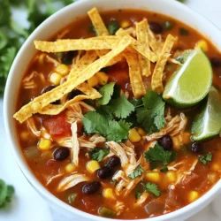 Für diese leckere Suppe brauche ich folgende Hauptzutaten: - 450 g Hähnchenbrustfilets, ohne Haut und Knochen - 1 Dose (425 g) schwarze Bohnen, abgespült und abgetropft - 1 Dose (425 g) Mais, abgetropft - 1 Dose (425 g) gewürfelte Tomaten mit grünen Chilischoten - 1 mittelgroße Zwiebel, fein gehackt - 2 Knoblauchzehen, fein gehackt - 1 Liter Hühnerbrühe Diese Zutaten bilden die Basis für die Suppe. Das Hähnchen sorgt für zarten Geschmack. Die Bohnen und der Mais geben Textur und Fülle. Für das richtige Aroma benutze ich folgende Gewürze: - 1 Esslöffel Chilipulver - 1 Teelöffel Kreuzkümmel - 1 Teelöffel geräuchertes Paprikapulver - Salz und Pfeffer nach Geschmack - Saft von 1 Limette Diese Gewürze sind der Schlüssel zu einem vollen Geschmack. Chilipulver bringt die Schärfe, während Kreuzkümmel und Paprika eine rauchige Note hinzufügen. Die Garnierungen sind wichtig, um das Gericht zu vervollständigen. Ich empfehle: - Tortillastreifen zur Servierung - Frischer Koriander, gehackt, zur Garnierung - Avocadoscheiben zur Garnierung (optional) Die Tortillastreifen geben einen schönen Crunch. Koriander bringt Frische, und Avocadoscheiben machen das Gericht cremig. Mit diesen Zutaten wird die Crockpot-Hühnchen-Tortilla-Suppe ein echter Genuss! {{ingredient_image_2}} Zuerst sammeln wir alle Zutaten. Du brauchst: - 450 g Hähnchenbrustfilets, ohne Haut und Knochen - 1 Dose (425 g) schwarze Bohnen, abgespült und abgetropft - 1 Dose (425 g) Mais, abgetropft - 1 Dose (425 g) gewürfelte Tomaten mit grünen Chilischoten - 1 mittelgroße Zwiebel, fein gehackt - 2 Knoblauchzehen, fein gehackt - 1 Liter Hühnerbrühe - 1 Esslöffel Chilipulver - 1 Teelöffel Kreuzkümmel - 1 Teelöffel geräuchertes Paprikapulver - Salz und Pfeffer nach Geschmack - Saft von 1 Limette - Tortillastreifen zur Servierung - Frischer Koriander, gehackt, zur Garnierung - Avocadoscheiben zur Garnierung (optional) Sorge dafür, dass alles frisch und bereit ist. Das macht das Kochen einfacher. Jetzt geht es los mit dem Kochen. Lege die Hähnchenbrustfilets direkt in den Boden des Crockpots. Dann verteile die gehackte Zwiebel, den Knoblauch, die schwarzen Bohnen, den Mais und die gewürfelten Tomaten gleichmäßig darüber. Gieße die Hühnerbrühe über die Mischung. Alle Zutaten müssen gut mit Flüssigkeit bedeckt sein. Streue das Chilipulver, Kreuzkümmel, geräuchertes Paprikapulver, Salz und Pfeffer gleichmäßig darüber. Setze den Deckel auf den Crockpot. Koche die Suppe 6-8 Stunden auf niedriger Stufe oder 3-4 Stunden auf hoher Stufe. Das Hähnchen sollte durchgegart sein und sich leicht zerteilen lassen. Nach dem Kochen nimm die Hähnchenbrustfilets aus dem Crockpot. Zerkleinere sie mit zwei Gabeln. Gib das zerkleinerte Hähnchen zurück in die Suppe. Füge den Limettensaft hinzu und rühre alles gut um. Serviere die Suppe heiß. Garniere sie mit Tortillastreifen, frischem Koriander und optionalen Avocadoscheiben. So wird dein Gericht noch köstlicher! Um die ideale Konsistenz für deine Crockpot-Hühnchen-Tortilla-Suppe zu erreichen, achte auf die Menge der Hühnerbrühe. Zu viel Brühe kann die Suppe wässrig machen. Verwende etwa 1 Liter für eine gute Balance. Wenn du eine dickere Suppe magst, füge mehr Bohnen oder Mais hinzu. Diese Zutaten geben der Suppe mehr Substanz. Die Gewürze sind der Schlüssel zu einem tollen Geschmack. Probiere, das Chilipulver nach deinem Wunsch anzupassen. Wenn du es schärfer magst, füge mehr Chilipulver hinzu. Für einen rauchigen Geschmack ist geräuchertes Paprikapulver perfekt. Vergiss auch nicht, am Ende etwas Limettensaft hinzuzufügen. Dies bringt Frische und hebt die Aromen. Die Reste deiner Suppe können vielseitig genutzt werden. Du kannst sie zu Tacos oder Burritos hinzufügen. Auch als Füllung für Tortillas sind sie lecker. Eine weitere Idee ist, die Suppe über Reis zu gießen. So hast du eine komplette Mahlzeit. Reste lassen sich gut im Kühlschrank aufbewahren oder sogar einfrieren. Pro Tipps Hähnchen marinieren: Marinieren Sie die Hähnchenbrustfilets über Nacht, um den Geschmack zu intensivieren und das Fleisch zarter zu machen. Zusätzliche Gewürze hinzufügen: Experimentieren Sie mit verschiedenen Gewürzen wie Oregano oder Cayennepfeffer, um die Suppe nach Ihrem Geschmack zu personalisieren. Gemüse variieren: Fügen Sie zusätzliches Gemüse wie Paprika oder Karotten hinzu, um die Nährstoffe zu erhöhen und die Textur zu verbessern. Vorbereitung im Voraus: Bereiten Sie die Zutaten am Vorabend vor und bewahren Sie sie im Kühlschrank auf, um die Zubereitungszeit am Kochtag zu verkürzen. {{image_4}} Wenn du eine vegetarische Option für die Tortilla-Suppe suchst, ersetze das Hähnchen. Nutze stattdessen Kichererbsen oder Tofu. Diese Zutaten sind proteinreich und lecker. Du kannst auch mehr Gemüse hinzufügen. Zucchini, Paprika oder Karotten passen gut. Achte darauf, die Brühe durch Gemüsebrühe zu ersetzen. Um den Geschmack deiner Suppe zu verändern, spiele mit den Gewürzen. Verwende statt Chilipulver eine Mischung aus Kreuzkümmel und Paprika. Für eine schärfere Note füge ein wenig Cayennepfeffer hinzu. Du kannst auch frische Kräuter wie Oregano oder Thymian verwenden. Diese geben der Suppe eine frische Note. Du kannst deiner Suppe viele leckere Zutaten hinzufügen. Probiere schwarze Oliven oder Jalapeños für mehr Geschmack. Frische Limetten- oder Zitronenscheiben bringen Frische. Auch ein Schuss Sahne kann die Suppe cremiger machen. Für mehr Textur kannst du Tortillastreifen direkt in die Suppe geben. Nachdem Sie Ihre köstliche Crockpot-Hühnchen-Tortilla-Suppe gekocht haben, ist die richtige Lagerung wichtig. Lassen Sie die Suppe zuerst auf Raumtemperatur abkühlen. Füllen Sie die Suppe dann in einen luftdichten Behälter. So bleibt der Geschmack frisch. Im Kühlschrank hält sich die Suppe bis zu fünf Tage. Achten Sie darauf, die Suppe gut zu kennzeichnen, falls Sie mehrere Gerichte haben. Wenn Sie mehr Suppe gekocht haben, können Sie sie auch einfrieren. Füllen Sie die abgekühlte Suppe in gefriergeeignete Behälter oder Beutel. Lassen Sie dabei etwas Platz, damit die Suppe beim Gefrieren ausdehnen kann. So bleibt die Suppe bis zu drei Monate haltbar. Beim Auftauen ist es am besten, die Suppe über Nacht im Kühlschrank zu lassen. Die Haltbarkeit der Suppe hängt von der Lagerung ab. Im Kühlschrank bleibt sie fünf Tage frisch. Im Gefrierfach kann sie bis zu drei Monate genossen werden. Achten Sie immer auf Geruch und Aussehen, bevor Sie die Suppe essen. Wenn sie komisch riecht oder die Farbe sich ändert, sollten Sie sie entsorgen. Die Zubereitung der Suppe dauert nur 15 Minuten. Du musst die Zutaten vorbereiten und sie in den Crockpot geben. Danach kannst du die Suppe für 6-8 Stunden auf niedriger Stufe oder 3-4 Stunden auf hoher Stufe kochen. So hast du genug Zeit, um andere Dinge zu erledigen, während die Aromen sich entwickeln. Ja, du kannst frische Zutaten verwenden! Frisches Gemüse wie Paprika oder Zucchini passt gut dazu. Frische Kräuter wie Koriander bringen zusätzlichen Geschmack. Denke daran, die Garzeit eventuell leicht anzupassen, wenn du frische Zutaten verwendest, da sie schneller garen können. Ja, die Suppe ist gesund. Sie enthält mageres Hähnchenfleisch, Bohnen und Gemüse. Schwarze Bohnen liefern Ballaststoffe und Eiweiß. Tomaten enthalten viele Vitamine und Antioxidantien. Du kannst die Suppe leicht anpassen, um sie noch gesünder zu machen, indem du weniger Salz oder mehr Gemüse hinzufügst. Die Crockpot-Hühnchen-Tortilla-Suppe ist einfach und lecker. Wir haben die Hauptzutaten, Gewürze und viele Möglichkeiten zur Garnierung besprochen. Die Schritt-für-Schritt-Anleitung macht das Kochen im Crockpot leicht. Tipps helfen dir, die perfekte Konsistenz zu erreichen und Reste clever zu nutzen. Variationen wie vegetarische Optionen bieten noch mehr Freude. Du kannst die Suppe gut lagern und einfrieren. Ich hoffe, du probierst dieses Rezept aus und passt es deinem Geschmack an! Lass die Kreativität in der Küche fließen.