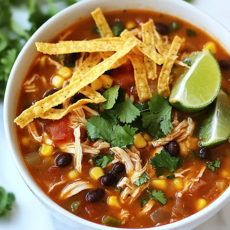 Für diese leckere Suppe brauche ich folgende Hauptzutaten: - 450 g Hähnchenbrustfilets, ohne Haut und Knochen - 1 Dose (425 g) schwarze Bohnen, abgespült und abgetropft - 1 Dose (425 g) Mais, abgetropft - 1 Dose (425 g) gewürfelte Tomaten mit grünen Chilischoten - 1 mittelgroße Zwiebel, fein gehackt - 2 Knoblauchzehen, fein gehackt - 1 Liter Hühnerbrühe Diese Zutaten bilden die Basis für die Suppe. Das Hähnchen sorgt für zarten Geschmack. Die Bohnen und der Mais geben Textur und Fülle. Für das richtige Aroma benutze ich folgende Gewürze: - 1 Esslöffel Chilipulver - 1 Teelöffel Kreuzkümmel - 1 Teelöffel geräuchertes Paprikapulver - Salz und Pfeffer nach Geschmack - Saft von 1 Limette Diese Gewürze sind der Schlüssel zu einem vollen Geschmack. Chilipulver bringt die Schärfe, während Kreuzkümmel und Paprika eine rauchige Note hinzufügen. Die Garnierungen sind wichtig, um das Gericht zu vervollständigen. Ich empfehle: - Tortillastreifen zur Servierung - Frischer Koriander, gehackt, zur Garnierung - Avocadoscheiben zur Garnierung (optional) Die Tortillastreifen geben einen schönen Crunch. Koriander bringt Frische, und Avocadoscheiben machen das Gericht cremig. Mit diesen Zutaten wird die Crockpot-Hühnchen-Tortilla-Suppe ein echter Genuss! {{ingredient_image_2}} Zuerst sammeln wir alle Zutaten. Du brauchst: - 450 g Hähnchenbrustfilets, ohne Haut und Knochen - 1 Dose (425 g) schwarze Bohnen, abgespült und abgetropft - 1 Dose (425 g) Mais, abgetropft - 1 Dose (425 g) gewürfelte Tomaten mit grünen Chilischoten - 1 mittelgroße Zwiebel, fein gehackt - 2 Knoblauchzehen, fein gehackt - 1 Liter Hühnerbrühe - 1 Esslöffel Chilipulver - 1 Teelöffel Kreuzkümmel - 1 Teelöffel geräuchertes Paprikapulver - Salz und Pfeffer nach Geschmack - Saft von 1 Limette - Tortillastreifen zur Servierung - Frischer Koriander, gehackt, zur Garnierung - Avocadoscheiben zur Garnierung (optional) Sorge dafür, dass alles frisch und bereit ist. Das macht das Kochen einfacher. Jetzt geht es los mit dem Kochen. Lege die Hähnchenbrustfilets direkt in den Boden des Crockpots. Dann verteile die gehackte Zwiebel, den Knoblauch, die schwarzen Bohnen, den Mais und die gewürfelten Tomaten gleichmäßig darüber. Gieße die Hühnerbrühe über die Mischung. Alle Zutaten müssen gut mit Flüssigkeit bedeckt sein. Streue das Chilipulver, Kreuzkümmel, geräuchertes Paprikapulver, Salz und Pfeffer gleichmäßig darüber. Setze den Deckel auf den Crockpot. Koche die Suppe 6-8 Stunden auf niedriger Stufe oder 3-4 Stunden auf hoher Stufe. Das Hähnchen sollte durchgegart sein und sich leicht zerteilen lassen. Nach dem Kochen nimm die Hähnchenbrustfilets aus dem Crockpot. Zerkleinere sie mit zwei Gabeln. Gib das zerkleinerte Hähnchen zurück in die Suppe. Füge den Limettensaft hinzu und rühre alles gut um. Serviere die Suppe heiß. Garniere sie mit Tortillastreifen, frischem Koriander und optionalen Avocadoscheiben. So wird dein Gericht noch köstlicher! Um die ideale Konsistenz für deine Crockpot-Hühnchen-Tortilla-Suppe zu erreichen, achte auf die Menge der Hühnerbrühe. Zu viel Brühe kann die Suppe wässrig machen. Verwende etwa 1 Liter für eine gute Balance. Wenn du eine dickere Suppe magst, füge mehr Bohnen oder Mais hinzu. Diese Zutaten geben der Suppe mehr Substanz. Die Gewürze sind der Schlüssel zu einem tollen Geschmack. Probiere, das Chilipulver nach deinem Wunsch anzupassen. Wenn du es schärfer magst, füge mehr Chilipulver hinzu. Für einen rauchigen Geschmack ist geräuchertes Paprikapulver perfekt. Vergiss auch nicht, am Ende etwas Limettensaft hinzuzufügen. Dies bringt Frische und hebt die Aromen. Die Reste deiner Suppe können vielseitig genutzt werden. Du kannst sie zu Tacos oder Burritos hinzufügen. Auch als Füllung für Tortillas sind sie lecker. Eine weitere Idee ist, die Suppe über Reis zu gießen. So hast du eine komplette Mahlzeit. Reste lassen sich gut im Kühlschrank aufbewahren oder sogar einfrieren. Pro Tipps Hähnchen marinieren: Marinieren Sie die Hähnchenbrustfilets über Nacht, um den Geschmack zu intensivieren und das Fleisch zarter zu machen. Zusätzliche Gewürze hinzufügen: Experimentieren Sie mit verschiedenen Gewürzen wie Oregano oder Cayennepfeffer, um die Suppe nach Ihrem Geschmack zu personalisieren. Gemüse variieren: Fügen Sie zusätzliches Gemüse wie Paprika oder Karotten hinzu, um die Nährstoffe zu erhöhen und die Textur zu verbessern. Vorbereitung im Voraus: Bereiten Sie die Zutaten am Vorabend vor und bewahren Sie sie im Kühlschrank auf, um die Zubereitungszeit am Kochtag zu verkürzen. {{image_4}} Wenn du eine vegetarische Option für die Tortilla-Suppe suchst, ersetze das Hähnchen. Nutze stattdessen Kichererbsen oder Tofu. Diese Zutaten sind proteinreich und lecker. Du kannst auch mehr Gemüse hinzufügen. Zucchini, Paprika oder Karotten passen gut. Achte darauf, die Brühe durch Gemüsebrühe zu ersetzen. Um den Geschmack deiner Suppe zu verändern, spiele mit den Gewürzen. Verwende statt Chilipulver eine Mischung aus Kreuzkümmel und Paprika. Für eine schärfere Note füge ein wenig Cayennepfeffer hinzu. Du kannst auch frische Kräuter wie Oregano oder Thymian verwenden. Diese geben der Suppe eine frische Note. Du kannst deiner Suppe viele leckere Zutaten hinzufügen. Probiere schwarze Oliven oder Jalapeños für mehr Geschmack. Frische Limetten- oder Zitronenscheiben bringen Frische. Auch ein Schuss Sahne kann die Suppe cremiger machen. Für mehr Textur kannst du Tortillastreifen direkt in die Suppe geben. Nachdem Sie Ihre köstliche Crockpot-Hühnchen-Tortilla-Suppe gekocht haben, ist die richtige Lagerung wichtig. Lassen Sie die Suppe zuerst auf Raumtemperatur abkühlen. Füllen Sie die Suppe dann in einen luftdichten Behälter. So bleibt der Geschmack frisch. Im Kühlschrank hält sich die Suppe bis zu fünf Tage. Achten Sie darauf, die Suppe gut zu kennzeichnen, falls Sie mehrere Gerichte haben. Wenn Sie mehr Suppe gekocht haben, können Sie sie auch einfrieren. Füllen Sie die abgekühlte Suppe in gefriergeeignete Behälter oder Beutel. Lassen Sie dabei etwas Platz, damit die Suppe beim Gefrieren ausdehnen kann. So bleibt die Suppe bis zu drei Monate haltbar. Beim Auftauen ist es am besten, die Suppe über Nacht im Kühlschrank zu lassen. Die Haltbarkeit der Suppe hängt von der Lagerung ab. Im Kühlschrank bleibt sie fünf Tage frisch. Im Gefrierfach kann sie bis zu drei Monate genossen werden. Achten Sie immer auf Geruch und Aussehen, bevor Sie die Suppe essen. Wenn sie komisch riecht oder die Farbe sich ändert, sollten Sie sie entsorgen. Die Zubereitung der Suppe dauert nur 15 Minuten. Du musst die Zutaten vorbereiten und sie in den Crockpot geben. Danach kannst du die Suppe für 6-8 Stunden auf niedriger Stufe oder 3-4 Stunden auf hoher Stufe kochen. So hast du genug Zeit, um andere Dinge zu erledigen, während die Aromen sich entwickeln. Ja, du kannst frische Zutaten verwenden! Frisches Gemüse wie Paprika oder Zucchini passt gut dazu. Frische Kräuter wie Koriander bringen zusätzlichen Geschmack. Denke daran, die Garzeit eventuell leicht anzupassen, wenn du frische Zutaten verwendest, da sie schneller garen können. Ja, die Suppe ist gesund. Sie enthält mageres Hähnchenfleisch, Bohnen und Gemüse. Schwarze Bohnen liefern Ballaststoffe und Eiweiß. Tomaten enthalten viele Vitamine und Antioxidantien. Du kannst die Suppe leicht anpassen, um sie noch gesünder zu machen, indem du weniger Salz oder mehr Gemüse hinzufügst. Die Crockpot-Hühnchen-Tortilla-Suppe ist einfach und lecker. Wir haben die Hauptzutaten, Gewürze und viele Möglichkeiten zur Garnierung besprochen. Die Schritt-für-Schritt-Anleitung macht das Kochen im Crockpot leicht. Tipps helfen dir, die perfekte Konsistenz zu erreichen und Reste clever zu nutzen. Variationen wie vegetarische Optionen bieten noch mehr Freude. Du kannst die Suppe gut lagern und einfrieren. Ich hoffe, du probierst dieses Rezept aus und passt es deinem Geschmack an! Lass die Kreativität in der Küche fließen.
