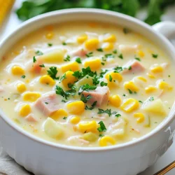 Für meine cremige Schinken- und Mais-Cremesuppe benötigst du einige einfache, frische Zutaten. Diese sind: - 1 Tasse gewürfelter Schinken - 1 mittelgroße Zwiebel, fein gehackt - 2 Knoblauchzehen, gewalzt - 3 mittelgroße Kartoffeln, geschält und gewürfelt - 1 Dose (425 g) süßer Mais, abgetropft - 4 Tassen Hühnerbrühe - 1 Tasse Schlagsahne - 2 Esslöffel Butter - 1 Teelöffel getrockneter Thymian - Salz und Pfeffer nach Geschmack - Frische Petersilie, gehackt (zum Garnieren) Diese Zutaten geben der Suppe ihren vollen, reichen Geschmack. Der gewürfelte Schinken bringt eine herzliche Note, während der süße Mais die Suppe lebendig macht. Die Gewürze und Kräuter sind der Schlüssel zu einem tollen Geschmack. Der getrocknete Thymian bringt eine aromatische Tiefe. Salz und Pfeffer helfen, die Aromen zu balancieren. Du kannst auch frische Kräuter verwenden, wenn du möchtest. Petersilie macht die Suppe frisch und hübsch. Falls du einige Zutaten nicht hast, gibt es tolle Alternativen. Du kannst den Schinken durch Speck oder Truthahn ersetzen. Wenn du die Brühe nicht hast, benutze Gemüsebrühe für eine vegetarische Option. Für eine cremigere Textur kannst du auch Crème fraîche anstelle von Schlagsahne verwenden. Wenn du keinen frischen Mais hast, ist gefrorener Mais eine gute Wahl. Mit diesen Tipps kannst du die Suppe leicht anpassen. {{ingredient_image_2}} Beginne mit einem großen Topf. Schmelze die Butter bei mittlerer Hitze. Füge die gehackte Zwiebel hinzu. Dünste die Zwiebel zusammen mit dem Knoblauch. Rühre alles gut um, bis die Zwiebel glasig ist. Das dauert etwa 4 bis 5 Minuten. Jetzt kommt der gewürfelte Schinken. Rühre ihn für 3 Minuten ein. So verbinden sich die Aromen gut. Danach gib die gewürfelten Kartoffeln in den Topf. Füge die Hühnerbrühe und den getrockneten Thymian hinzu. Bringe alles zum Kochen. Reduziere die Hitze und lasse es 15 bis 20 Minuten köcheln. Die Kartoffeln sollten weich sein. Nachdem die Kartoffeln gar sind, füge den süßen Mais hinzu. Gieße die Schlagsahne dazu und rühre gut um. Lass die Suppe 5 Minuten köcheln. So wird sie leicht dick. Schmecke die Suppe mit Salz und Pfeffer ab. Nimm den Topf vom Herd und lasse die Suppe kurz ruhen. Um die beste Konsistenz für deine cremige Schinken- und Mais-Cremesuppe zu bekommen, ist es wichtig, die Kartoffeln richtig zu garen. Sie sollten weich sein, aber nicht zerfallen. Achte darauf, die Kartoffeln in gleich große Würfel zu schneiden. So garen sie gleichmäßig. Wenn die Suppe zu dünn ist, lasse sie ein paar Minuten länger köcheln. Möchtest du eine dickere Suppe? Püriere einen Teil der Suppe mit einem Stabmixer. Das macht sie schön cremig. Um den Geschmack deiner Suppe zu verbessern, verwende frische Zutaten. Achte darauf, frische Zwiebeln und Knoblauch zu verwenden. Frische Kräuter wie Thymian geben der Suppe Tiefe. Du kannst auch eine Prise geräucherten Paprika hinzufügen. Das bringt eine interessante Note. Probiere auch, etwas Speck zu braten und ihn am Ende hinzuzufügen. Der Rauchgeschmack wird die Suppe noch leckerer machen. Serviere die Suppe heiß in schönen Schalen. Garniere sie mit frischer Petersilie für einen schönen Farbkontrast. Ein Spritzer Schlagsahne in einem Spiralmuster sieht toll aus und macht die Suppe noch cremiger. Diese Suppe passt hervorragend zu knusprigem Brot oder einem frischen Salat. Du kannst auch ein paar geröstete Croutons darüber streuen. Das gibt einen tollen Crunch! Pro Tipps Schinken anbraten: Brate den Schinken vor dem Hinzufügen zur Suppe an, um einen intensiveren Geschmack zu erzielen. Frische Kräuter verwenden: Frische Kräuter wie Thymian oder Petersilie verstärken das Aroma der Suppe erheblich. Die Konsistenz anpassen: Für eine cremigere Suppe kannst du die Kartoffeln vorher pürieren oder einen Stabmixer verwenden. Variationen ausprobieren: Füge zusätzliches Gemüse wie Karotten oder Sellerie hinzu, um die Suppe noch nährstoffreicher zu gestalten. {{image_4}} Für eine vegetarische Suppe tausche einfach den Schinken gegen geräucherten Tofu. Das gibt einen tollen Geschmack. Du kannst auch geröstete Paprika oder geräucherte Zucchini hinzufügen. Diese Zutaten machen die Suppe reichhaltig und lecker. Die cremige Schinken- und Mais-Cremesuppe kann leicht angepasst werden. Füge Karotten, Sellerie oder Erbsen hinzu. Diese Gemüsesorten bringen Farbe und mehr Nährstoffe in die Suppe. Achte darauf, sie klein zu schneiden, damit sie schnell garen. Das sorgt für eine schöne Textur in der Suppe. Frische Kräuter können viel Geschmack hinzufügen. Petersilie, Schnittlauch oder Basilikum passen perfekt. Hacke die Kräuter fein und füge sie kurz vor dem Servieren hinzu. So bleiben die Aromen frisch und intensiv. Sie verleihen der Suppe auch eine schöne Optik. Lass die Suppe zuerst abkühlen. Fülle sie dann in einen luftdichten Behälter. Im Kühlschrank bleibt die Suppe frisch für bis zu drei Tage. Achte darauf, sie gut abzudecken, um Gerüche zu vermeiden. Vor dem Servieren kannst du die Suppe gut umrühren, um die Cremigkeit zu bewahren. Wenn du die Suppe länger aufbewahren möchtest, kannst du sie einfrieren. Lass die Suppe vollständig abkühlen und fülle sie in gefriergeeignete Behälter. Lasse etwas Platz im Behälter, damit die Suppe beim Einfrieren expandieren kann. So bleibt die Suppe bis zu drei Monate haltbar. Vergiss nicht, das Datum auf den Behälter zu schreiben. Um die Suppe wieder zu erwärmen, nimm sie aus dem Kühlschrank oder Gefrierfach. Wenn sie gefroren ist, lasse sie zuerst über Nacht im Kühlschrank auftauen. Erhitze die Suppe langsam in einem Topf bei mittlerer Hitze. Rühre gut um, damit sie gleichmäßig warm wird. Füge bei Bedarf etwas Brühe oder Sahne hinzu, um die Konsistenz zu verbessern. Die Suppe bleibt im Kühlschrank etwa drei bis vier Tage frisch. Stelle sicher, dass du die Suppe in einem luftdichten Behälter aufbewahrst. So bleibt sie lange lecker. Wenn du die Suppe länger aufbewahren möchtest, friere sie einfach ein. Im Gefrierfach hält sie bis zu drei Monate. Ja, frischer Mais ist eine tolle Wahl! Du kannst frische Maiskörner von der Kolben abtrennen. Das gibt der Suppe einen knackigen Biss und frischen Geschmack. Achte darauf, den Mais vor dem Hinzufügen kurz zu kochen. So wird er zart und passt gut zur Suppe. Zu dieser Suppe passen viele Beilagen. Eine gute Wahl ist knuspriges Brot. Es ergänzt die Cremigkeit der Suppe perfekt. Auch ein einfacher Salat macht sich gut dazu. Du kannst auch Cracker oder Baguette servieren. So hast du eine komplette Mahlzeit. Diese Anleitung hat dir alles gegeben, um eine köstliche Schinken- und Mais-Cremesuppe zu machen. Wir haben die Hauptzutaten, Gewürze und Zubereitungsschritte behandelt. Tipps zur perfekten Konsistenz und verschiedene Variationen helfen dir, kreativ zu sein. Die Lagerungshinweise zeigen, wie du die Suppe frisch hältst. Probiere neue Zutaten und genieße die Vielfalt! Du wirst Freude daran haben, die Suppe immer wieder neu zu gestalten. Versuche alles, was dir einfällt!