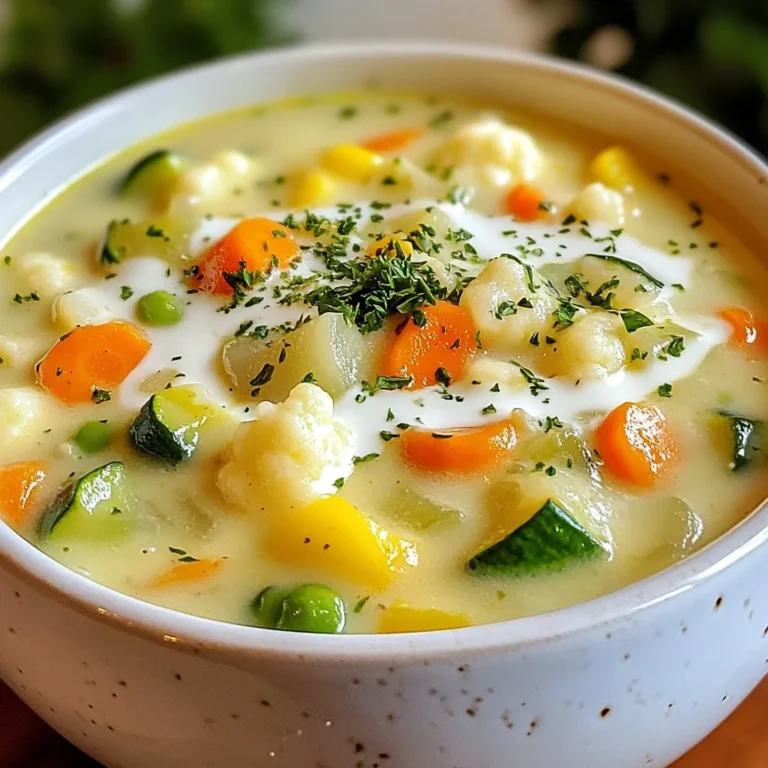 Um eine leckere cremige Gemüsesuppe zu machen, brauchst du frische und gesunde Zutaten. Hier sind die Hauptzutaten: - 1 Esslöffel Olivenöl - 1 mittelgroße Zwiebel, gewürfelt - 2 Knoblauchzehen, fein gehackt - 2 mittelgroße Karotten, geschält und gewürfelt - 2 Stangen Sellerie, gewürfelt - 1 Zucchini, gewürfelt - 1 Tasse grüne Bohnen, geputzt und in 2,5 cm lange Stücke geschnitten - 1 Tasse Blumenkohlröschen - 4 Tassen Gemüsebrühe - 1 Tasse Kokosmilch (oder Sahne für eine reichhaltigere Textur) - 1 Teelöffel getrockneter Thymian - 1 Teelöffel getrockneter Basilikum - Salz und Pfeffer nach Geschmack - Frische Petersilie, gehackt (zur Garnierung) Diese Zutaten bieten dir eine bunte Mischung aus Vitaminen und Mineralstoffen. Du kannst die Zwiebel und den Knoblauch in Olivenöl anbraten, um den Geschmack zu intensivieren. Das Gemüse sorgt für eine tolle Textur und Farbe. Die richtigen Gewürze machen deine Suppe besonders. Ich empfehle getrockneten Thymian und Basilikum. Diese Kräuter geben der Suppe einen frischen und herzhaften Geschmack. Ein Spritzer Zitronensaft kann auch helfen, die Aromen zu heben. Salz und Pfeffer sind wichtig, um den Geschmack zu intensivieren. Du kannst die Gewürze nach deinem Geschmack anpassen. Probiere es einfach aus! Wenn du keine Kokosmilch magst, gibt es Alternativen. Du kannst Sahne verwenden, um die Suppe reichhaltiger zu machen. Auch pflanzliche Milchsorten wie Mandel- oder Sojamilch sind gute Optionen. Diese Alternativen geben der Suppe eine andere Note, ohne den cremigen Effekt zu verlieren. Experimentiere, um zu sehen, was dir am besten schmeckt! {{ingredient_image_2}} Zuerst benötigst du frische Zutaten. Hier sind die Hauptzutaten: - 1 Esslöffel Olivenöl - 1 mittelgroße Zwiebel, gewürfelt - 2 Knoblauchzehen, fein gehackt - 2 mittelgroße Karotten, geschält und gewürfelt - 2 Stangen Sellerie, gewürfelt - 1 Zucchini, gewürfelt - 1 Tasse grüne Bohnen, geputzt und in 2,5 cm lange Stücke geschnitten - 1 Tasse Blumenkohlröschen - 4 Tassen Gemüsebrühe - 1 Tasse Kokosmilch (oder Sahne für eine reichhaltigere Textur) - 1 Teelöffel getrockneter Thymian - 1 Teelöffel getrockneter Basilikum - Salz und Pfeffer nach Geschmack - Frische Petersilie, gehackt (zur Garnierung) Wasche alles gründlich. Schneide das Gemüse in kleine Stücke. Dies hilft beim Garen. Erhitze das Olivenöl in einem großen Topf bei mittlerer Hitze. Füge die Zwiebel und den Knoblauch hinzu. Brate sie etwa 3-4 Minuten an, bis sie weich sind. Gib die Karotten und Sellerie dazu. Koche sie weitere 5 Minuten. Danach füge die Zucchini, grünen Bohnen und Blumenkohl hinzu. Koche alles für 3-4 Minuten. Jetzt kommt die Gemüsebrühe ins Spiel. Bring die Mischung zum Kochen. Reduziere dann die Hitze und lass die Suppe 15 Minuten köcheln. Das Gemüse sollte zart sein. Füge den getrockneten Thymian und Basilikum hinzu. Gieße die Kokosmilch dazu und rühre gut um. Lass die Suppe weitere 5 Minuten köcheln. Nimm den Topf vom Herd. Um die Suppe zu pürieren, benutze einen Stabmixer. Mixe die Suppe, bis sie glatt ist. Alternativ kannst du die Suppe in Portionsgrößen in einen Standmixer geben. Mixe sie ebenfalls zu einer samtigen Konsistenz. Achte darauf, nicht zu viel auf einmal zu pürieren. So vermeidest du Kleckern. Garnier die Suppe mit frischer Petersilie und serviere sie warm. Um die beste Konsistenz zu bekommen, püriere die Suppe gut. Nutze einen Stabmixer oder einen Standmixer. Achte darauf, die Suppe nicht zu lange zu mixen. So bleibt sie cremig, nicht wässrig. Wenn die Suppe zu dick ist, füge etwas Gemüsebrühe hinzu. Das macht die Suppe leichter und flüssiger. Für mehr Effizienz, schneide dein Gemüse im Voraus. Du kannst es auch schon am Vortag vorbereiten. Lagere das geschnittene Gemüse in einem luftdichten Behälter im Kühlschrank. Das spart Zeit und macht das Kochen schneller. Eine weitere Zeitersparnis ist, die Zwiebel und den Knoblauch zusammen mit dem Öl zu braten. So sparst du einen Schritt und steigerst den Geschmack. Jedes Gemüse hat seine eigene Garzeit. Karotten und Sellerie brauchen länger als Zucchini oder grüne Bohnen. Beginne also immer mit dem Gemüse, das länger braucht. Lege die Karotten und den Sellerie zuerst in den Topf. Füge die weicheren Gemüsesorten später hinzu. So bleibt alles gleichmäßig gar und behält die perfekte Textur. Blumenkohl kocht schnell, also achte darauf, ihn nicht zu lange zu lassen. Pro Tipps Frisches Gemüse wählen: Verwende frisches, saisonales Gemüse aus deinem Garten oder dem Markt für den besten Geschmack und Nährwert. Variiere die Gewürze: Experimentiere mit verschiedenen Kräutern und Gewürzen, um der Suppe eine persönliche Note zu geben. Cremige Konsistenz erreichen: Für eine noch cremigere Suppe kannst du zusätzlich etwas Frischkäse oder einen Schuss Sahne einrühren. Reste kreativ verwenden: Die Suppe lässt sich auch gut einfrieren oder als Basis für andere Gerichte verwenden, beispielsweise als Soße für Pasta. {{image_4}} Du kannst viele verschiedene Gemüsesorten für deine cremige Gemüsesuppe nutzen. Zum Beispiel: - Brokkoli - Kürbis - Paprika - Spinat - Erbsen Diese Gemüsesorten bringen neue Farben und Geschmäcker in die Suppe. Wenn du mehr Gemüse hinzufügst, denke daran, die Kochzeit leicht anzupassen. So bleibt alles schön zart und schmackhaft. Kokosmilch sorgt für eine cremige Textur. Wenn du aber keine Kokosmilch magst, gibt es gute Alternativen. Du kannst Sahne oder pflanzliche Milch verwenden. Hier einige Alternativen: - Mandelmilch für einen nussigen Geschmack - Hafermilch für eine leichte Süße - Joghurt für etwas Säure und Frische Diese Optionen verändern den Geschmack leicht, aber die Suppe bleibt lecker. Wenn du es etwas schärfer magst, füge einfach Gewürze hinzu. Du kannst Chili-Flocken oder frischen Ingwer verwenden. Diese Zutaten geben der Suppe einen tollen Kick. Hier sind ein paar Ideen: - 1 Teelöffel Chili-Flocken - 1 Esslöffel frisch geriebener Ingwer - 1 Teelöffel Curry-Pulver für exotische Aromen Diese Gewürze machen die Suppe besonders und aufregend. Experimentiere mit den Mengen, bis du den perfekten Geschmack findest. Wenn du Suppe übrig hast, lass sie zuerst auf Zimmertemperatur abkühlen. Danach füllst du sie in einen luftdichten Behälter. So bleibt sie frisch. Du kannst die Suppe bis zu drei Tage im Kühlschrank aufbewahren. Achte darauf, sie vor dem Servieren gut umzurühren. Um die Suppe länger zu lagern, friere sie ein. Gieße die abgekühlte Suppe in gefriergeeignete Behälter. Lass ein wenig Platz im Behälter, denn die Suppe dehnt sich beim Einfrieren aus. Die Suppe kann bis zu drei Monate eingefroren werden. Zum Auftauen legst du sie einfach über Nacht in den Kühlschrank. Um die Suppe wieder zu erwärmen, stelle sie in einen Topf auf mittlere Hitze. Rühre die Suppe gut um, damit sie gleichmäßig warm wird. Wenn die Suppe zu dick ist, füge einfach etwas Wasser oder Brühe hinzu. Du kannst die Suppe auch in der Mikrowelle erwärmen. Achte darauf, sie immer in kurzen Intervallen zu erhitzen und zwischendurch umzurühren. So bleibt die Suppe cremig und lecker. Du kannst die Suppe bis zu fünf Tage im Kühlschrank aufbewahren. Stelle sicher, dass du sie in einem luftdichten Behälter lagern. So bleibt die Frische erhalten. Wenn du die Suppe länger aufbewahren möchtest, friere sie ein. Im Gefrierschrank hält sie bis zu drei Monate. Ja, frisches Gemüse ist eine tolle Wahl! Du kannst Karotten, Sellerie, Zucchini und Bohnen frisch verwenden. Frisches Gemüse hat oft mehr Geschmack und Nährstoffe. Achte darauf, das Gemüse gleichmäßig zu schneiden, damit es gleichmäßig gart. Wenn die Suppe zu dick ist, füge einfach etwas Gemüsebrühe oder Wasser hinzu. Erhitze die Suppe leicht, während du umrührst, bis die gewünschte Konsistenz erreicht ist. Du kannst auch etwas Kokosmilch hinzufügen, um die Suppe cremiger zu machen und den Geschmack zu verbessern. Diese cremige Gemüsesuppe ist einfach zuzubereiten und sehr nahrhaft. Wir haben die Hauptzutaten, Gewürze und mögliche Alternativen besprochen. Die Schritt-für-Schritt-Anleitung zeigt dir, wie du perfekt kochst und pürierst. Unsere Tipps helfen dir, die richtige Konsistenz zu erreichen und Zeit zu sparen. Außerdem kannst du die Zutaten nach deinem Geschmack variieren und die Suppe lagern oder einfrieren. Ich hoffe, du probierst dieses Rezept aus und genießt die Vielfalt, die es bietet!