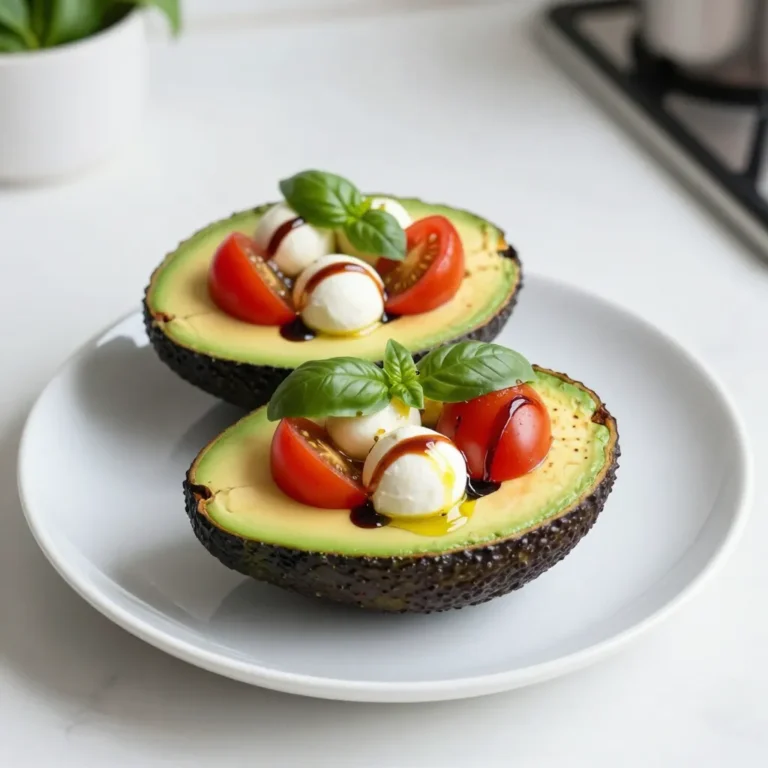 - 2 reife Avocados - 1 Tasse Cherry-Tomaten, halbiert - 1 Tasse frische Mozzarellabällchen (Bocconcini), halbiert Die Hauptzutaten machen dieses Gericht frisch und lecker. Avocados sind cremig und gesund. Sie bieten gesunde Fette. Cherry-Tomaten bringen Süße und Farbe. Mozzarellabällchen fügen eine milde, zarte Note hinzu. Diese Zutaten ergänzen sich perfekt. - 2 Esslöffel Balsamico-Glaßur - 1 Esslöffel Olivenöl - Salz und Pfeffer nach Geschmack Die Gewürze und Öle sind wichtig für den Geschmack. Balsamico-Glaßur gibt eine süß-säuerliche Note. Olivenöl sorgt für eine samtige Textur. Salz und Pfeffer heben die Aromen hervor. Diese einfachen Zutaten machen das Gericht besonders schmackhaft. {{ingredient_image_2}} - Halbiere jede Avocado der Länge nach und entferne den Kern. - Nutze einen Löffel, um das Fruchtfleisch vorsichtig herauszuschaben. Schaffe so Platz für die Füllung. - Vermenge in einer Schüssel die halbierten Cherry-Tomaten, die Mozzarellabällchen und die zerrissenen Basilikumblätter. - Träufle das Olivenöl darüber. Würze die Mischung mit Salz und Pfeffer. Mische alles vorsichtig. - Fülle die Avocadohälften großzügig mit der Tomaten-Mozzarella-Mischung. - Träufle die Balsamico-Glaßur über die gefüllten Avocados. So erhältst du einen extra Geschmacks-Kick. Um die gefüllten Avocados schön zu präsentieren, lege sie auf einen dekorativen Teller. Wähle einen Teller mit einem schönen Muster oder in einer hellen Farbe. Das hebt die frischen Farben der Zutaten hervor. Garniere die Avocados mit einigen zerrissenen Basilikumblättern. Das sieht nicht nur gut aus, sondern verstärkt auch den Geschmack. Du kannst die Füllung anpassen, um neue Geschmäcker zu entdecken. Füge etwas von dem herausgenommenen Avocadofleisch zur Mischung hinzu. Das macht die Füllung cremiger und geschmackvoller. Experimentiere auch mit anderen Kräutern wie Petersilie oder Oregano. So erhältst du verschiedene Aromen, die das Gericht noch spannender machen. Die Zutaten in diesen gefüllten Avocados sind sehr gesund. Avocados sind reich an gesunden Fetten, die gut für das Herz sind. Tomaten bieten viele Vitamine und Antioxidantien. Mozzarella hat Calcium, das für starke Knochen wichtig ist. Basilikum hat entzündungshemmende Eigenschaften und gibt dem Gericht eine frische Note. Diese Kombination unterstützt deine Gesundheit und macht das Essen lecker. Pro Tipps Reife Avocados wählen: Achte darauf, dass die Avocados leicht nachgeben, wenn du sanft drückst. Dies zeigt an, dass sie reif und bereit zum Verzehr sind. Variationen hinzufügen: Du kannst die Füllung nach Belieben variieren, indem du Zutaten wie gehackte Oliven, geröstete Pinienkerne oder sogar etwas zerkleinertes Pesto hinzufügst. Frische Zutaten verwenden: Für den besten Geschmack solltest du frische Zutaten verwenden, insbesondere die Basilikumblätter und die Mozzarella-Bällchen. Vorbereitung im Voraus: Du kannst die Avocados und die Füllung separat vorbereiten und sie kurz vor dem Servieren zusammenstellen, um eine Bräunung der Avocado zu vermeiden. {{image_4}} Du kannst die Füllung für deine Caprese gefüllten Avocados ganz nach deinem Geschmack anpassen. Für eine vegetarische Alternative probiere schwarze Oliven oder Paprika. Diese Zutaten geben den Avocados einen tollen Geschmack. Außerdem kannst du frische Kräuter wie Oregano oder Petersilie verwenden. Eine andere leckere Option ist es, gegrilltes Gemüse hinzuzufügen. Zucchini, Paprika und Auberginen passen perfekt zu den Aromen von Mozzarella und Tomaten. Das Gemüse gibt einen rauchigen, herzhaften Geschmack. Grill das Gemüse vorher und lass es abkühlen, bevor du es mit den anderen Zutaten vermischst. Die gefüllten Avocados sind ein toller Snack oder eine leichte Mahlzeit. Du kannst sie mit einem frischen grünen Salat servieren. Ein einfacher Rucola- oder Spinatsalat passt hervorragend dazu. Das gibt jedem Bissen einen schönen Crunch. Baguette oder Brötchen sind auch eine großartige Beilage. Das Brot ergänzt die Cremigkeit der Avocados. Du kannst das Brot leicht rösten, um zusätzlichen Geschmack zu erzielen. So genießt du eine ausgewogene und schmackhafte Mahlzeit. Eine der besten Möglichkeiten, die gefüllten Avocados zu variieren, ist die Verwendung von saisonalen Zutaten. Im Sommer schmecken frische, reife Tomaten am besten. Im Herbst kannst du Kürbis oder Süßkartoffeln hinzufügen. Diese Zutaten bringen neue Farben und Aromen in dein Gericht. Achte darauf, die frischen Zutaten der Saison zu nutzen, um das Beste aus deinem Essen herauszuholen. - Lagere gefüllte Avocados im Kühlschrank. Sie bleiben frisch und lecker. - Die maximale Haltbarkeit beträgt etwa 1 Tag. Danach können sie braun werden. - Du kannst die Füllung im Voraus zubereiten. So sparst du Zeit beim Servieren. - Fülle die Avocados kurz vor dem Servieren. So bleiben sie frisch und schön. Um die Avocados frisch zu halten, gibt es einige einfache Tricks. Eine Möglichkeit ist, die Avocado mit Zitronensaft zu bestreichen. Die Säure hilft, die Verfärbung zu stoppen. Du kannst auch die Avocadohälften in ein luftdichtes Behältnis legen. Lege sie mit der Schnittfläche nach oben, um die Luft zu reduzieren. Eine andere Option ist, die Kerne in der Avocado zu lassen, da sie helfen, die Frische zu bewahren. Wenn du die Avocados mit etwas Zwiebel zusammen lagerst, kann das ebenfalls helfen, die Farbe zu erhalten. Die gefüllten Avocados sind am besten frisch. Du kannst die Füllung jedoch im Voraus zubereiten. Mische die Tomaten, Mozzarella und Basilikum und stelle die Mischung in den Kühlschrank. Die Avocados solltest du erst kurz vor dem Servieren füllen. Dies verhindert, dass sie braun werden. Wenn du die Avocados im Voraus füllst, lagere sie in einem luftdichten Behälter. Achte darauf, etwas Zitronensaft auf die Oberfläche zu geben, um die Frische zu bewahren. Die gefüllten Avocados sind nicht vegan, da sie Mozzarella enthalten. Du kannst jedoch eine vegane Variante zubereiten. Ersetze den Käse durch pflanzliche Alternativen oder nutze Tofu für eine ähnliche Konsistenz. Achte darauf, dass alle anderen Zutaten, wie Olivenöl und Balsamico, vegan sind. So kannst du ein leckeres und gesundes Gericht genießen, das auch ohne tierische Produkte köstlich schmeckt. Die gefüllten Avocados sind einfach zuzubereiten und sehr lecker. Wir haben die Hauptzutaten wie Avocados, Cherry-Tomaten und Mozzarella besprochen. Dazu kamen die richtigen Gewürze und eine Schritt-für-Schritt-Anleitung. Ich hoffe, die Tipps zur Präsentation und Variationen der Füllung helfen dir weiter. Nutze die Lagerungshinweise, um die frischen Avocados zu bewahren. Mit diesen Infos bist du gut gerüstet, um köstliche gefüllte Avocados zuzubereiten. Viel Spaß beim Ausprobieren!