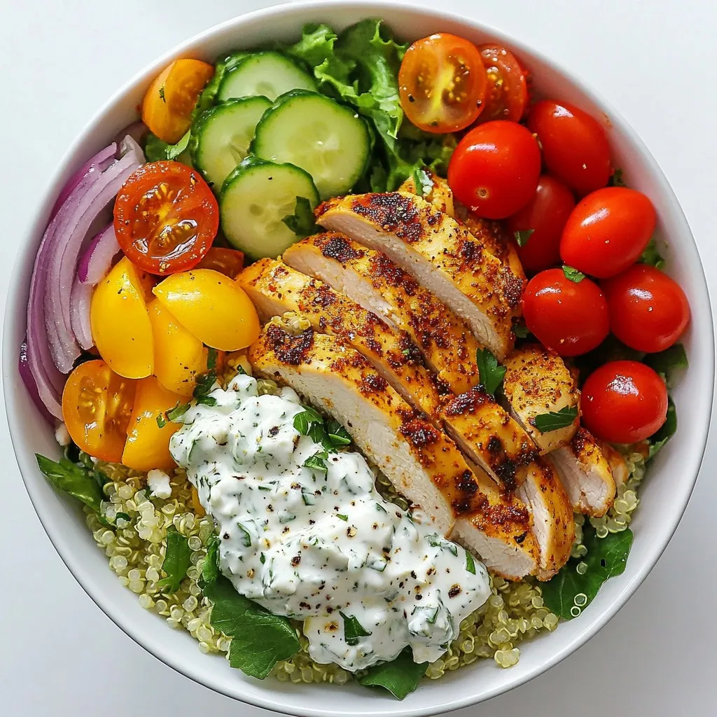 Für eine schmackhafte Gyro-Bowl benötigst du folgende Zutaten: - 1 Tasse gekochte Quinoa - 450 g Hähnchenbrust, dünn geschnitten - 2 Esslöffel Olivenöl - 1 Teelöffel geräuchertes Paprikapulver - 1 Teelöffel Knoblauchpulver - 1 Teelöffel getrockneter Oregano - Salz und Pfeffer nach Geschmack - 1 Tasse Kirschtomaten, halbiert - 1 Gurke, gewürfelt - 1 kleine rote Zwiebel, dünn geschnitten - 1 Tasse gemischtes Gemüse (Spinat, Rucola usw.) - Feta-Käse, zerbröckelt (optional) - Frische Petersilie, gehackt (zum Garnieren) Diese Zutaten bilden die Basis für eine bunte und nahrhafte Mahlzeit. Quinoa gibt dir eine gute Portion Protein. Das Hähnchen bringt Geschmack und Fülle. Die frischen Zutaten sorgen für einen tollen Biss. Das Tzatziki ist ein unverzichtbarer Begleiter. Hier sind die Zutaten, die du dafür brauchst: - 1 Tasse griechischer Joghurt - 1 Gurke, gerieben und abgetropft - 2 Knoblauchzehen, fein gehackt - 1 Esslöffel Zitronensaft - Salz nach Geschmack - Frischer Dill, gehackt (optional) Tzatziki bringt Frische und eine cremige Textur in die Bowl. Der Joghurt ist reichhaltig und die Gurke sorgt für Knackigkeit. Dill fügt einen feinen Geschmack hinzu, wenn du ihn magst. Du kannst deine Gyro-Bowl nach Belieben anpassen. Hier sind einige Ideen für Toppings: - Zerbröckelter Feta-Käse für mehr Würze - Avocado-Scheiben für eine cremige Note - Oliven für einen salzigen Kick - Gegrillte Paprika oder Zucchini für extra Gemüse Diese Optionen machen deine Bowl noch bunter und geschmackvoller. Sei kreativ und finde die Kombination, die dir am besten gefällt! {{ingredient_image_2}} Zuerst bereiten wir das Hähnchen vor. Nimm eine große Schüssel. Füge die dünn geschnittene Hähnchenbrust hinzu. Gib 2 Esslöffel Olivenöl dazu. Dann streue 1 Teelöffel geräuchertes Paprikapulver, 1 Teelöffel Knoblauchpulver und 1 Teelöffel getrockneten Oregano hinein. Mische alles gut. So wird das Hähnchen gleichmäßig gewürzt. Vergiss nicht, etwas Salz und Pfeffer nach Geschmack hinzuzufügen. Jetzt erhitze eine Pfanne auf mittlerer bis hoher Hitze. Wenn die Pfanne heiß ist, gib das marinierte Hähnchen hinein. Brate es für etwa 8-10 Minuten. Das Hähnchen sollte schön gebräunt und durchgegart sein. Sobald es fertig ist, nimm die Pfanne vom Herd und stelle das Hähnchen beiseite. Während das Hähnchen brät, kannst du das Tzatziki zubereiten. Nimm eine Schüssel und füge 1 Tasse griechischen Joghurt hinzu. Reibe 1 Gurke und drücke sie gut aus, damit sie trocken ist. Gib die Gurke zum Joghurt. Füge 2 fein gehackte Knoblauchzehen und 1 Esslöffel Zitronensaft hinzu. Streue etwas Salz nach Geschmack hinein. Mische alles gut. Wenn du magst, füge frischen Dill hinzu. Lass das Tzatziki für mindestens 10 Minuten im Kühlschrank. Jetzt kommt der spaßige Teil: die Bowl zusammenstellen! Nimm eine Servierschale und fülle sie mit 1 Tasse gekochter Quinoa. Lege das gebratene Hähnchen darauf. Arrangiere die Kirschtomaten, die gewürfelte Gurke, die geschnittene rote Zwiebel und das gemischte Gemüse rund um das Hähnchen. Träufle eine großzügige Menge Tzatziki über die Bowl. Wenn du magst, streue zerbröckelten Feta-Käse darüber. Garniere die Bowl mit frischer, gehackter Petersilie. Jetzt ist deine Gyro-Bowl bereit zum Genießen! Um das Hähnchen perfekt zu marinieren, beginne mit frischen Zutaten. Das Hähnchen sollte dünn geschnitten sein. Mische Olivenöl, Paprikapulver, Knoblauchpulver, Oregano, Salz und Pfeffer in einer Schüssel. Lege das Hähnchen in diese Mischung und lasse es mindestens 30 Minuten ziehen. So nehmen die Aromen gut auf. Du kannst das Hähnchen auch über Nacht marinieren, um den Geschmack zu intensivieren. Dies macht dein Gericht besonders lecker. Tzatziki ist ein Schlüssel zu deiner Gyro-Bowl. Um es aromatischer zu machen, verwende frischen Dill. Mische den geriebenen Joghurt und die Gurke gut. Ein Spritzer Zitronensaft bringt Frische. Lass das Tzatziki 10 Minuten im Kühlschrank ruhen. So verbinden sich die Aromen besser. Probiere auch, etwas Minze hinzuzufügen. Das gibt dem Tzatziki eine spannende Note. Präsentiere deine Gyro-Bowl in großen, flachen Schalen. Platziere die Zutaten hübsch in Sektionen. Beginne mit der Quinoa als Basis. Lege das Hähnchen darüber und ordne die frischen Tomaten, Gurken und Zwiebeln an. Ein Hauch von Feta-Käse bringt zusätzlichen Geschmack. Vergiss nicht, Tzatziki großzügig darüber zu geben. Garniere die Bowl mit frischer Petersilie für eine schöne Farbe. Dies macht deine Bowl nicht nur lecker, sondern auch ansprechend. Pro Tipps Hähnchen marinieren: Marinieren Sie das Hähnchen mindestens 30 Minuten, um den Geschmack zu intensivieren. Idealerweise über Nacht im Kühlschrank lassen. Quinoa kochen: Für extra Geschmack, kochen Sie die Quinoa in Gemüsebrühe anstelle von Wasser. Tzatziki kühlen: Lassen Sie das Tzatziki für mindestens 1 Stunde im Kühlschrank ruhen, damit sich die Aromen entfalten. Frische Zutaten: Verwenden Sie frisches Gemüse und Kräuter für den besten Geschmack und die beste Textur in Ihrer Bowl. {{image_4}} Für diese Gyro-Bowl können Sie einfach das Hähnchen durch Tofu oder Tempeh ersetzen. Tofu hat einen milden Geschmack und nimmt Gewürze gut auf. Marinieren Sie den Tofu wie das Hähnchen, um den vollen Geschmack zu erhalten. Sie können auch Kichererbsen verwenden. Rösten Sie sie mit Gewürzen im Ofen. So erhalten sie eine knusprige Textur. Veganer Joghurt eignet sich hervorragend für das Tzatziki. Nutzen Sie Kokos- oder Soja-Joghurt. Wenn Sie eine andere Fleischsorte ausprobieren möchten, nehmen Sie Lamm oder Rind. Diese Sorten bringen einen anderen Geschmack in Ihre Bowl. Marinieren Sie das Fleisch genauso wie das Hähnchen. Eine weitere Möglichkeit ist, Hähnchenschenkel zu verwenden. Diese sind saftiger und haben mehr Geschmack. Sie können auch Putenbrust nehmen, die ebenfalls sehr gut schmeckt. Für eine glutenfreie Version sind die meisten Zutaten bereits geeignet. Achten Sie jedoch darauf, dass alle Gewürze und Saucen glutenfrei sind. Wenn Sie Brot oder Wraps hinzufügen, wählen Sie glutenfreies Brot. Wenn Sie auf Kohlenhydrate verzichten möchten, lassen Sie die Quinoa weg. Fügen Sie stattdessen mehr Gemüse wie Blumenkohl oder Zucchini hinzu. So bleibt die Bowl leicht und gesund. Um die Gyro-Bowl frisch zu halten, lagere die einzelnen Zutaten getrennt. Bewahre die gekochte Quinoa in einem luftdichten Behälter auf. Das Hähnchen bleibt saftig, wenn du es gut abdeckst. Gemüse wie Kirschtomaten und Gurken sollten in einer Schüssel mit Deckel liegen. Tzatziki hält sich gut in einem kleinen Behälter. Wenn du die Gyro-Bowl aufwärmen möchtest, mache das langsam. Erhitze das Hähnchen in einer Pfanne bei niedriger Hitze. Füge etwas Wasser hinzu, um es feucht zu halten. Die Quinoa kann ebenfalls in der Pfanne oder in der Mikrowelle erwärmt werden. Achte darauf, das Gemüse nicht zu kochen, damit es knackig bleibt. Im Kühlschrank hält sich die Gyro-Bowl bis zu drei Tage. Quinoa und Hähnchen bleiben frisch, während das Gemüse innerhalb von zwei Tagen gegessen werden sollte. Tzatziki bleibt bis zu fünf Tage haltbar. Achte darauf, alles gut abzudecken, damit es nicht den Kühlschrankgeruch annimmt. Du kannst die Gyro-Bowl im Voraus zubereiten, indem du die einzelnen Komponenten vorbereitest. Koche die Quinoa und das Hähnchen. Stelle sie in einem luftdichten Behälter in den Kühlschrank. Mach das Tzatziki und bewahre es ebenfalls im Kühlschrank auf. Wenn du bereit bist zu essen, stelle die Bowl zusammen. Das spart Zeit und du hast eine frische Mahlzeit. Zu einer Gyro-Bowl passen viele Beilagen. Hier sind einige gute Optionen: - Pita-Brot - Frittierte Zucchini - Oliven - Griechischer Salat Diese Beilagen bringen mehr Geschmack und Textur. Sie machen das Essen noch besser. Tzatziki lässt sich leicht vegan zubereiten. Du kannst griechischen Joghurt durch pflanzlichen Joghurt ersetzen. Nutze Soja-, Kokos- oder Mandeljoghurt. Der Rest des Rezeptes bleibt gleich. Die anderen Zutaten sind bereits vegan. Das macht es einfach, eine leckere vegane Sauce zu machen. Ja, du kannst frisches Gemüse austauschen. Verwende das, was du magst oder was du hast. Hier sind einige Ideen: - Paprika - Karotten - Brokkoli Diese Gemüsesorten bringen verschiedene Farben und Geschmack in die Bowl. Sei kreativ und passe die Bowl deinem Geschmack an! Die Gyro-Bowl ist lecker und einfach zuzubereiten. Du hast die Hauptzutaten, das Tzatziki und tolle Variationen kennengelernt. Beachte die Tipps zum Marinieren und Servieren, damit dein Gericht noch besser schmeckt. Variationen für Vegetarier, Veganer und Diäten machen das Rezept vielseitig. Achte auf Lagerung und Haltbarkeit für frische Komponenten. Mit diesen Ideen und Tricks kannst du deine eigene perfekte Gyro-Bowl genießen. Guten Appetit!