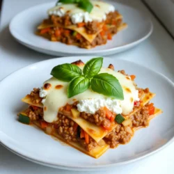 - 12 Lasagne-Nudeln - 450 g Rinder- oder Putenhackfleisch - 500 g Ricotta-Käse - 500 g geriebener Mozzarella-Käse - 100 g geriebener Parmesan-Käse - 1 mittelgroße Zwiebel, gewürfelt - 3 Knoblauchzehen, fein gehackt - 1 Karotte, fein gerieben - 1 Zucchini, gerieben - 1 Paprika, gewürfelt - 2 Teelöffel getrockneter Oregano - 1 Teelöffel getrocknetes Basilikum - 2 Esslöffel Olivenöl - 1 Dose (800 g) gehackte Tomaten - Salz und Pfeffer nach Geschmack - Frische Basilikumblätter zum Garnieren Die Zutaten sind einfach zu finden. Die Lasagne-Nudeln sind die Basis. Das Hackfleisch bringt Geschmack. Ricotta sorgt für Cremigkeit. Mozzarella und Parmesan geben die goldene Kruste. Das Gemüse bringt Farbe und Nährstoffe. Zwiebel und Knoblauch machen den Duft. Karotte und Zucchini fügen Süße hinzu. Paprika gibt einen knackigen Biss. Oregano und Basilikum runden das Gericht ab. Olivenöl hilft beim Anbraten. Die gehackten Tomaten geben eine tolle Sauce. Salz und Pfeffer sind wichtig für den Geschmack. Frische Basilikumblätter sind die perfekte Garnitur. Jede Zutat trägt zur Gesamtqualität bei. Sie machen die Sonntags-Lasagne zu einem Festessen. {{ingredient_image_2}} - Ofen vorheizen: Heize deinen Ofen auf 190 °C (375 °F) vor. - Lasagne-Nudeln kochen: Bringe in einem großen Topf gesalzenes Wasser zum Kochen. Koche die Lasagne-Nudeln gemäß der Anleitung. Achte darauf, dass sie al dente sind. Gieße sie ab und stelle sie beiseite. - Zwiebel und Knoblauch anbraten: Erhitze 2 Esslöffel Olivenöl in einer großen Pfanne. Füge die gewürfelte Zwiebel und den gehackten Knoblauch hinzu. Brate alles 3-4 Minuten an, bis die Zwiebel weich ist. - Fleisch bräunen: Gib 450 g Rinder- oder Putenhackfleisch in die Pfanne. Brate das Fleisch an, bis es braun ist. Zerbrich es mit einem Spatel in kleine Stücke. Gieße überschüssiges Fett ab. - Erste Schicht: Gib eine dünne Schicht der Fleischsauce auf den Boden einer großen Auflaufform (33x23 cm). Lege 4 gekochte Nudeln darauf. Darauf kommt die Hälfte des Ricotta-Käses, die Hälfte der Fleischsauce, 1 Tasse Mozzarella-Käse und ein Hauch Parmesan. - Weitere Schichten: Wiederhole die Schichtung mit 4 Nudeln, dem restlichen Ricotta, der restlichen Fleischsauce und dem verbleibenden Mozzarella- und Parmesan-Käse. Schließe mit 4 Nudeln ab und verteile den restlichen Mozzarella-Käse oben drauf. - Backen: Decke die Auflaufform mit Aluminiumfolie ab. Backe die Lasagne 25 Minuten lang. Entferne die Folie und backe sie weitere 15-20 Minuten, bis der Käse blubbernd ist. Lass die Lasagne 10-15 Minuten abkühlen. Garniere sie mit frischen Basilikumblättern, bevor du sie servierst. Um die perfekte Lasagne zu machen, ist das Kochen der Nudeln wichtig. Kochen Sie die Lasagne-Nudeln al dente. Das bedeutet, sie sollten bissfest sein. Wenn Sie die Nudeln zu lange kochen, wird die Lasagne matschig. Achten Sie auf die Packungsanweisung. Beim Anbraten des Fleisches ist es wichtig, eine große Pfanne zu verwenden. Das gibt dem Fleisch Platz, um gleichmäßig zu bräunen. Erhitzen Sie das Olivenöl zuerst. Fügen Sie dann die Zwiebel und den Knoblauch hinzu. Braten Sie sie an, bis sie weich sind. Danach geben Sie das Hackfleisch dazu. Zerbrechen Sie es mit einem Spatel und braten Sie es, bis es schön braun ist. Für einen tollen Geschmack verwenden Sie hochwertigen Käse. Ricotta, Mozzarella und Parmesan sollten frisch sein. Frischer Käse schmelzt besser und hat mehr Geschmack. Wenn Sie eine andere Käseoption möchten, können Sie auch Feta oder Gouda verwenden. Diese Käsesorten bringen einen neuen Geschmack in die Lasagne. Die Präsentation ist wichtig für den Genuss. Servieren Sie die Lasagne warm in schönen Stücke auf Tellern. Garnieren Sie jedes Stück mit frischen Basilikumblättern. Ein wenig extra Parmesan oben drauf sieht toll aus. So wird Ihre Lasagne zu einem echten Hingucker. Pro Tipps Nudeln richtig kochen: Achten Sie darauf, die Lasagne-Nudeln nur bis zum al dente zu kochen, da sie beim Backen noch weiter garen und die perfekte Konsistenz erreichen müssen. Fleisch gut anbraten: Braten Sie das Hackfleisch gründlich an, bis es eine schöne braune Farbe hat, um den vollen Geschmack zu entfalten. Gemüse variieren: Fühlen Sie sich frei, mit verschiedenen Gemüsesorten wie Spinat, Auberginen oder Pilzen zu experimentieren, um zusätzliche Aromen und Nährstoffe hinzuzufügen. Auskühlen lassen: Lassen Sie die Lasagne nach dem Backen mindestens 10-15 Minuten ruhen, bevor Sie sie anschneiden, damit sich die Schichten setzen und das Servieren erleichtert wird. {{image_4}} Wenn Sie keinen Fleisch mögen, können Sie die Lasagne leicht anpassen. Ersetzen Sie das Fleisch durch mehr Gemüse. Denken Sie an Spinat, Pilze oder Auberginen. Diese geben der Lasagne einen tollen Geschmack. Sie können auch Linsen oder Kichererbsen nutzen. Diese sind gesund und sättigend. Achten Sie darauf, das Gemüse gut zu würzen. So bleibt es geschmackvoll. Für eine glutenfreie Lasagne wählen Sie spezielle glutenfreie Lasagne-Nudeln. Diese sind oft aus Reis oder Mais. Sie kochen fast genauso wie normale Nudeln. Achten Sie darauf, die Packungsanweisungen zu lesen. Manchmal ist die Kochzeit länger oder kürzer. So bleibt die Lasagne trotzdem lecker und bleibt im Gluten-freien Rahmen. Die Sauce ist der Herzschlag der Lasagne. Versuchen Sie verschiedene Tomatensaucen. Eine scharfe Sauce kann dem Gericht mehr Kick geben. Mögen Sie es milder? Wählen Sie eine klassische Marinara. Fügen Sie Kräuter wie frisches Basilikum oder Thymian hinzu. Diese geben der Sauce eine frische Note. Experimentieren Sie auch mit Beigaben wie Oliven oder Peperoni. Sie machen die Lasagne noch interessanter. Um die Lasagne richtig einzufrieren, lassen Sie sie zuerst auskühlen. Schneiden Sie sie in Portionen. Wickeln Sie jede Portion in Frischhaltefolie. Legen Sie die Portionen dann in einen Gefrierbeutel oder eine gefriergeeignete Schüssel. So bleibt die Lasagne frisch. Sie können sie bis zu drei Monate im Gefrierfach aufbewahren. Die Lasagne hält sich im Kühlschrank etwa drei bis fünf Tage. Lagern Sie sie in einem luftdichten Behälter. Achten Sie darauf, die Temperatur unter 4 °C zu halten. So bleibt der Geschmack und die Textur der Lasagne erhalten. Um die Lasagne aufzuwärmen, nehmen Sie eine Portion heraus. Legen Sie sie auf einen Teller. Decken Sie sie mit einem feuchten Küchentuch ab. Mikrowellen Sie die Portion für zwei bis drei Minuten. Alternativ können Sie die Lasagne im Ofen bei 180 °C für etwa 20 Minuten aufwärmen. So bleibt sie saftig und lecker. Die Zubereitung dauert insgesamt etwa eine Stunde. Du solltest 30 Minuten für die Vorbereitungen einplanen. Das Kochen der Nudeln und das Zubereiten der Fleischsauce sind die Hauptaufgaben. Danach schichtest du die Lasagne und backst sie. Die Backzeit beträgt 40 bis 45 Minuten. Ja, du kannst die Lasagne im Voraus zubereiten. Bereite die Fleischsauce und die Nudeln einen Tag vorher vor. Schichte alles in die Auflaufform und stelle sie in den Kühlschrank. Du kannst die Lasagne auch einfrieren. Achte darauf, sie gut abzudecken. Lass sie vor dem Backen etwas auftauen. Wenn du keinen Ricotta-Käse hast, gibt es viele Alternativen. Du kannst Hüttenkäse verwenden, um eine ähnliche Textur zu erreichen. Frischkäse ist eine weitere gute Wahl, besonders für einen cremigen Geschmack. Auch Mascarpone-Käse funktioniert gut. Wenn du vegan kochen möchtest, nutze Tofu oder Cashew-Creme als Ersatz. In diesem Artikel haben wir die besten Zutaten für eine leckere Lasagne besprochen. Wir haben die Hauptzutaten, die Schritte zur Zubereitung und Tipps für Variationen behandelt. Beim Kochen geht es um Spaß und Kreativität. Du kannst die Lasagne ganz nach deinem Geschmack anpassen. Gutes Essen bringt Freude und verbindet Menschen. Also, lege los und genieße deine eigene, frisch zubereitete Lasagne!