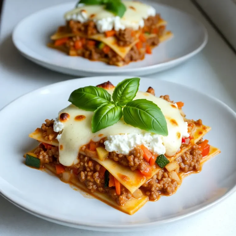 - 12 Lasagne-Nudeln - 450 g Rinder- oder Putenhackfleisch - 500 g Ricotta-Käse - 500 g geriebener Mozzarella-Käse - 100 g geriebener Parmesan-Käse - 1 mittelgroße Zwiebel, gewürfelt - 3 Knoblauchzehen, fein gehackt - 1 Karotte, fein gerieben - 1 Zucchini, gerieben - 1 Paprika, gewürfelt - 2 Teelöffel getrockneter Oregano - 1 Teelöffel getrocknetes Basilikum - 2 Esslöffel Olivenöl - 1 Dose (800 g) gehackte Tomaten - Salz und Pfeffer nach Geschmack - Frische Basilikumblätter zum Garnieren Die Zutaten sind einfach zu finden. Die Lasagne-Nudeln sind die Basis. Das Hackfleisch bringt Geschmack. Ricotta sorgt für Cremigkeit. Mozzarella und Parmesan geben die goldene Kruste. Das Gemüse bringt Farbe und Nährstoffe. Zwiebel und Knoblauch machen den Duft. Karotte und Zucchini fügen Süße hinzu. Paprika gibt einen knackigen Biss. Oregano und Basilikum runden das Gericht ab. Olivenöl hilft beim Anbraten. Die gehackten Tomaten geben eine tolle Sauce. Salz und Pfeffer sind wichtig für den Geschmack. Frische Basilikumblätter sind die perfekte Garnitur. Jede Zutat trägt zur Gesamtqualität bei. Sie machen die Sonntags-Lasagne zu einem Festessen. {{ingredient_image_2}} - Ofen vorheizen: Heize deinen Ofen auf 190 °C (375 °F) vor. - Lasagne-Nudeln kochen: Bringe in einem großen Topf gesalzenes Wasser zum Kochen. Koche die Lasagne-Nudeln gemäß der Anleitung. Achte darauf, dass sie al dente sind. Gieße sie ab und stelle sie beiseite. - Zwiebel und Knoblauch anbraten: Erhitze 2 Esslöffel Olivenöl in einer großen Pfanne. Füge die gewürfelte Zwiebel und den gehackten Knoblauch hinzu. Brate alles 3-4 Minuten an, bis die Zwiebel weich ist. - Fleisch bräunen: Gib 450 g Rinder- oder Putenhackfleisch in die Pfanne. Brate das Fleisch an, bis es braun ist. Zerbrich es mit einem Spatel in kleine Stücke. Gieße überschüssiges Fett ab. - Erste Schicht: Gib eine dünne Schicht der Fleischsauce auf den Boden einer großen Auflaufform (33x23 cm). Lege 4 gekochte Nudeln darauf. Darauf kommt die Hälfte des Ricotta-Käses, die Hälfte der Fleischsauce, 1 Tasse Mozzarella-Käse und ein Hauch Parmesan. - Weitere Schichten: Wiederhole die Schichtung mit 4 Nudeln, dem restlichen Ricotta, der restlichen Fleischsauce und dem verbleibenden Mozzarella- und Parmesan-Käse. Schließe mit 4 Nudeln ab und verteile den restlichen Mozzarella-Käse oben drauf. - Backen: Decke die Auflaufform mit Aluminiumfolie ab. Backe die Lasagne 25 Minuten lang. Entferne die Folie und backe sie weitere 15-20 Minuten, bis der Käse blubbernd ist. Lass die Lasagne 10-15 Minuten abkühlen. Garniere sie mit frischen Basilikumblättern, bevor du sie servierst. Um die perfekte Lasagne zu machen, ist das Kochen der Nudeln wichtig. Kochen Sie die Lasagne-Nudeln al dente. Das bedeutet, sie sollten bissfest sein. Wenn Sie die Nudeln zu lange kochen, wird die Lasagne matschig. Achten Sie auf die Packungsanweisung. Beim Anbraten des Fleisches ist es wichtig, eine große Pfanne zu verwenden. Das gibt dem Fleisch Platz, um gleichmäßig zu bräunen. Erhitzen Sie das Olivenöl zuerst. Fügen Sie dann die Zwiebel und den Knoblauch hinzu. Braten Sie sie an, bis sie weich sind. Danach geben Sie das Hackfleisch dazu. Zerbrechen Sie es mit einem Spatel und braten Sie es, bis es schön braun ist. Für einen tollen Geschmack verwenden Sie hochwertigen Käse. Ricotta, Mozzarella und Parmesan sollten frisch sein. Frischer Käse schmelzt besser und hat mehr Geschmack. Wenn Sie eine andere Käseoption möchten, können Sie auch Feta oder Gouda verwenden. Diese Käsesorten bringen einen neuen Geschmack in die Lasagne. Die Präsentation ist wichtig für den Genuss. Servieren Sie die Lasagne warm in schönen Stücke auf Tellern. Garnieren Sie jedes Stück mit frischen Basilikumblättern. Ein wenig extra Parmesan oben drauf sieht toll aus. So wird Ihre Lasagne zu einem echten Hingucker. Pro Tipps Nudeln richtig kochen: Achten Sie darauf, die Lasagne-Nudeln nur bis zum al dente zu kochen, da sie beim Backen noch weiter garen und die perfekte Konsistenz erreichen müssen. Fleisch gut anbraten: Braten Sie das Hackfleisch gründlich an, bis es eine schöne braune Farbe hat, um den vollen Geschmack zu entfalten. Gemüse variieren: Fühlen Sie sich frei, mit verschiedenen Gemüsesorten wie Spinat, Auberginen oder Pilzen zu experimentieren, um zusätzliche Aromen und Nährstoffe hinzuzufügen. Auskühlen lassen: Lassen Sie die Lasagne nach dem Backen mindestens 10-15 Minuten ruhen, bevor Sie sie anschneiden, damit sich die Schichten setzen und das Servieren erleichtert wird. {{image_4}} Wenn Sie keinen Fleisch mögen, können Sie die Lasagne leicht anpassen. Ersetzen Sie das Fleisch durch mehr Gemüse. Denken Sie an Spinat, Pilze oder Auberginen. Diese geben der Lasagne einen tollen Geschmack. Sie können auch Linsen oder Kichererbsen nutzen. Diese sind gesund und sättigend. Achten Sie darauf, das Gemüse gut zu würzen. So bleibt es geschmackvoll. Für eine glutenfreie Lasagne wählen Sie spezielle glutenfreie Lasagne-Nudeln. Diese sind oft aus Reis oder Mais. Sie kochen fast genauso wie normale Nudeln. Achten Sie darauf, die Packungsanweisungen zu lesen. Manchmal ist die Kochzeit länger oder kürzer. So bleibt die Lasagne trotzdem lecker und bleibt im Gluten-freien Rahmen. Die Sauce ist der Herzschlag der Lasagne. Versuchen Sie verschiedene Tomatensaucen. Eine scharfe Sauce kann dem Gericht mehr Kick geben. Mögen Sie es milder? Wählen Sie eine klassische Marinara. Fügen Sie Kräuter wie frisches Basilikum oder Thymian hinzu. Diese geben der Sauce eine frische Note. Experimentieren Sie auch mit Beigaben wie Oliven oder Peperoni. Sie machen die Lasagne noch interessanter. Um die Lasagne richtig einzufrieren, lassen Sie sie zuerst auskühlen. Schneiden Sie sie in Portionen. Wickeln Sie jede Portion in Frischhaltefolie. Legen Sie die Portionen dann in einen Gefrierbeutel oder eine gefriergeeignete Schüssel. So bleibt die Lasagne frisch. Sie können sie bis zu drei Monate im Gefrierfach aufbewahren. Die Lasagne hält sich im Kühlschrank etwa drei bis fünf Tage. Lagern Sie sie in einem luftdichten Behälter. Achten Sie darauf, die Temperatur unter 4 °C zu halten. So bleibt der Geschmack und die Textur der Lasagne erhalten. Um die Lasagne aufzuwärmen, nehmen Sie eine Portion heraus. Legen Sie sie auf einen Teller. Decken Sie sie mit einem feuchten Küchentuch ab. Mikrowellen Sie die Portion für zwei bis drei Minuten. Alternativ können Sie die Lasagne im Ofen bei 180 °C für etwa 20 Minuten aufwärmen. So bleibt sie saftig und lecker. Die Zubereitung dauert insgesamt etwa eine Stunde. Du solltest 30 Minuten für die Vorbereitungen einplanen. Das Kochen der Nudeln und das Zubereiten der Fleischsauce sind die Hauptaufgaben. Danach schichtest du die Lasagne und backst sie. Die Backzeit beträgt 40 bis 45 Minuten. Ja, du kannst die Lasagne im Voraus zubereiten. Bereite die Fleischsauce und die Nudeln einen Tag vorher vor. Schichte alles in die Auflaufform und stelle sie in den Kühlschrank. Du kannst die Lasagne auch einfrieren. Achte darauf, sie gut abzudecken. Lass sie vor dem Backen etwas auftauen. Wenn du keinen Ricotta-Käse hast, gibt es viele Alternativen. Du kannst Hüttenkäse verwenden, um eine ähnliche Textur zu erreichen. Frischkäse ist eine weitere gute Wahl, besonders für einen cremigen Geschmack. Auch Mascarpone-Käse funktioniert gut. Wenn du vegan kochen möchtest, nutze Tofu oder Cashew-Creme als Ersatz. In diesem Artikel haben wir die besten Zutaten für eine leckere Lasagne besprochen. Wir haben die Hauptzutaten, die Schritte zur Zubereitung und Tipps für Variationen behandelt. Beim Kochen geht es um Spaß und Kreativität. Du kannst die Lasagne ganz nach deinem Geschmack anpassen. Gutes Essen bringt Freude und verbindet Menschen. Also, lege los und genieße deine eigene, frisch zubereitete Lasagne!