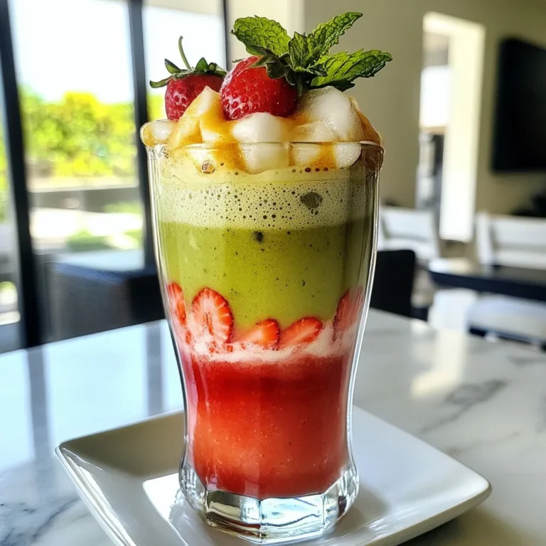 Für diesen leckeren Erdbeer-Matcha-Eis Latte brauchst du einige Hauptzutaten: - 1 Esslöffel Matcha-Grünteepulver - 1 Tasse Milch nach Wahl (Mandel, Hafer oder Kuhmilch) - 1 Tasse frische Erdbeeren, entstielt und in Scheiben geschnitten - 2 Esslöffel Honig oder Ahornsirup (nach Geschmack anpassen) - 1/2 Tasse Eiswürfel - Eine Prise Meersalz - Frische Minzblätter zum Garnieren (optional) Jede Zutat spielt eine wichtige Rolle. Das Matcha-Pulver sorgt für einen schönen Farbton und einen feinen Geschmack. Die Erdbeeren bringen Frische und Süße. Du kannst zusätzliche Zutaten hinzufügen, um deinen Latte zu personalisieren: - Vanilleextrakt für mehr Aroma - Chiasamen für extra Nährstoffe - Kokosmilch für eine tropische Note Diese Optionen helfen dir, deinen perfekten Drink zu finden. Variiere die Süße nach deinem Geschmack. Wenn du Zutaten auswählst, achte auf die Qualität: - Wähle frische Erdbeeren aus. Sie sollten rot und fest sein. - Achte darauf, dass dein Matcha-Pulver von guter Qualität ist. Hochwertiger Matcha hat einen lebendigen Farbton. - Entscheide dich für Milch, die dir am besten schmeckt. Mandel- und Hafermilch sind tolle pflanzliche Optionen. Mit diesen Tipps stellst du sicher, dass dein Erdbeer-Matcha-Eis Latte schmackhaft und gesund ist. {{ingredient_image_2}} Zuerst benötigen wir frische Erdbeeren. Nimm eine Tasse Erdbeeren, entstiele sie und schneide sie in Scheiben. Gib die Erdbeeren und zwei Esslöffel Honig oder Ahornsirup in einen Mixer. Mixe die Mischung, bis sie ganz glatt wird. Wenn du es stückiger magst, pulsiere die Mischung in kurzen Intervallen. Stelle dein Erdbeerpüree dann beiseite, während wir uns um den Matcha kümmern. Nimm nun einen kleinen Schüssel und sieben das Matcha-Grünteepulver hinein. Dies hilft, Klumpen zu entfernen. Füge zwei bis drei Esslöffel warmes Wasser hinzu. Rühre mit einem kleinen Schneebesen, bis eine glatte grüne Paste entsteht. Danach vermenge die restliche Tasse Milch. Du kannst Mandel-, Hafer- oder Kuhmilch verwenden. Rühre alles gut durch, bis du eine homogene Mischung hast. Jetzt kommt der spannende Teil: die Schichtung! Nimm ein großes Glas. Gib zuerst das Erdbeerpüree hinein. Füge eine Handvoll Eiswürfel hinzu, um es kühl zu halten. Jetzt gieße die Matcha-Milch langsam über die Eiswürfel. Dadurch entsteht ein schöner Schichteffekt. Wenn du magst, garniere das Getränk mit frischen Minzblättern für einen zusätzlichen Farbtupfer und frischen Duft. Rühre vorsichtig um, bevor du es trinkst, um die Aromen zu mischen. Jetzt kannst du deinen erfrischenden Erdbeer-Matcha-Eis Latte genießen! Wenn du deinen Erdbeer-Matcha-Eis Latte machst, gibt es einige Fehler, die du vermeiden solltest: - Erdbeeren nicht pürieren: Das Pürieren sorgt für einen tollen Geschmack. Verwende frische Erdbeeren für das beste Ergebnis. - Matcha klumpig machen: Siebe das Matcha-Pulver vor dem Mischen. Das hilft, Klumpen zu vermeiden. - Zu viel Wasser für Matcha: Nutze nur 2-3 Esslöffel warmes Wasser. So bleibt die Paste schön dick. Du kannst deinen Latte leicht anpassen. Hier sind einige Ideen: - Früchte mischen: Probiere andere Früchte wie Himbeeren oder Mango. Das gibt neue Geschmäcker. - Süßungsmittel variieren: Anstelle von Honig kannst du auch Agavendicksaft verwenden. Das macht es vegan. - Kräuter hinzufügen: Frische Minze oder Basilikum passen gut zu diesem Getränk. Sie geben einen frischen Kick. Die richtige Konsistenz macht den Latte besonders lecker. Hier sind ein paar Tipps: - Eiswürfel gut lagern: Verwende frische Eiswürfel, um das Getränk kühl zu halten. Alte Eiswürfel können den Geschmack beeinträchtigen. - Milch kalt verwenden: Kalte Milch sorgt für eine bessere Schichtung. Das sieht schön aus und schmeckt gut. - Erdbeerpüree dünner machen: Füge etwas Wasser hinzu, wenn das Püree zu dick ist. So fließt es besser. Pro Tipps Frische Erdbeeren verwenden: Je frischer die Erdbeeren, desto intensiver wird der Geschmack des Pürees. Achten Sie darauf, reife, saftige Erdbeeren zu wählen. Matcha richtig zubereiten: Um Klumpen zu vermeiden, sieben Sie das Matcha-Pulver vor der Zugabe von Wasser. Dies sorgt für eine glatte und gleichmäßige Konsistenz. Kreative Variationen: Experimentieren Sie mit verschiedenen pflanzlichen Milchsorten oder Süßungsmitteln, um das Getränk nach Ihrem Geschmack anzupassen und neue Aromen zu entdecken. Schichtungstechnik: Gießen Sie die Matcha-Milch langsam über die Eiswürfel, um einen schönen Schichteffekt zu erzielen. So bleibt das Erdbeerpüree sichtbar und das Getränk sieht ansprechend aus. {{image_4}} Wenn du eine vegane Variante des Erdbeer-Matcha-Eis Lattes möchtest, ist das einfach! Du kannst Pflanzenmilch wie Mandel- oder Hafermilch verwenden. Diese Milcharten sind lecker und passen gut zum Matcha. Statt Honig nimm einfach Ahornsirup oder Agavendicksaft. Das sorgt für die nötige Süße und bleibt vegan. So kannst du diesen erfrischenden Genuss ohne tierische Produkte erleben. Erdbeeren sind großartig, aber du kannst auch andere Früchte ausprobieren. Himbeeren oder Blaubeeren bringen eine tolle Farbe und Geschmack. Mixe einfach die Früchte deiner Wahl, um das Püree zu machen. Du kannst auch eine Mischung aus Erdbeeren und Banane verwenden. Das gibt deinem Getränk eine cremigere Konsistenz und mehr Süße. Sei kreativ und finde deinen Lieblingsmix! Möchtest du einen koffeinfreien Erdbeer-Matcha-Eis Latte? Das ist möglich! Verwende einfach ein koffeinfreies Matcha-Pulver oder ersetze es durch einen Kräutertee. Der Geschmack wird anders sein, aber das Getränk bleibt köstlich. Du kannst sogar einen Erdbeer-Milchshake machen, ohne Matcha. So hast du ein erfrischendes Getränk, das du jederzeit genießen kannst. Erdbeeren bleiben am besten frisch, wenn Sie sie kühl lagern. Legen Sie die Erdbeeren in den Kühlschrank. Bewahren Sie sie in einer offenen Schüssel auf. Vermeiden Sie es, sie in einer Plastiktüte zu lagern. So können sie atmen und bleiben knackig. Prüfen Sie die Erdbeeren regelmäßig. Entfernen Sie beschädigte oder überreife Beeren sofort, um Schimmel zu vermeiden. Wenn Sie Erdbeeren frühzeitig waschen, können sie schneller verderben. Waschen Sie sie also erst kurz vor dem Verzehr. Matcha-Pulver sollte in einem luftdichten Behälter aufbewahrt werden. Lagern Sie es an einem kühlen, dunklen Ort. Hitze und Licht können die Qualität beeinträchtigen. Verwenden Sie den Matcha innerhalb von drei bis sechs Monaten für den besten Geschmack. Achten Sie darauf, den Behälter immer gut zu schließen, nachdem Sie etwas entnommen haben. So bleibt das Pulver frisch und aromatisch. Der Erdbeer-Matcha-Eis Latte schmeckt frisch am besten. Wenn Sie Reste haben, stellen Sie sicher, dass Sie sie in den Kühlschrank stellen. Das Getränk bleibt bis zu zwei Tage frisch. Rühren Sie es gut um, bevor Sie es trinken. Das Getränk könnte sich trennen, aber das ist normal. Wenn es zu lange steht, kann der Geschmack schwächer werden. Genießen Sie es also frisch, wenn Sie können! Du kannst viele Süßstoffe verwenden. Zum Beispiel ist Ahornsirup eine gute Wahl. Er hat einen anderen Geschmack, aber er passt gut zu Erdbeeren. Du kannst auch Agavendicksaft oder Kokosblütenzucker versuchen. Diese Alternativen sind ebenfalls lecker und gesund. Achte darauf, die Menge nach deinem Geschmack anzupassen. Ja, gefrorene Erdbeeren sind eine tolle Option. Sie sind oft reif geerntet und sehr süß. Lass sie einfach etwas auftauen, bevor du sie pürierst. Das macht das Mixen einfacher. Gefrorene Erdbeeren geben deinem Getränk auch eine kühle Note. Das ist besonders erfrischend an warmen Tagen. Matcha hat viele Vorteile. Er ist reich an Antioxidantien, die gut für deinen Körper sind. Diese helfen, freie Radikale zu bekämpfen. Zudem kann Matcha deine Energie steigern und die Konzentration fördern. Es hat auch weniger Koffein als Kaffee, was sanfter für deinen Körper ist. Wenn du Matcha in deiner Ernährung hast, profitiert deine Gesundheit. Erdbeer-Matcha-Eis Latte ist ein leckeres Getränk, das leicht zu machen ist. Wir haben die besten Zutaten, Zubereitungsschritte und Tipps besprochen. Variationen und Lagerung helfen dir, das Getränk frisch zu halten. Denke daran, bei den Zutaten kreativ zu sein. Experimentiere mit verschiedenen Früchten oder veganen Alternativen. So kannst du deinen eigenen perfekten Erdbeer-Matcha-Eis Latte kreieren. Viel Spaß beim Ausprobieren und Genießen!