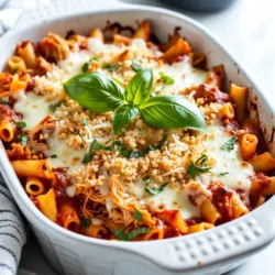 Für den Hähnchen Parmesan Auflauf brauchst du folgende Zutaten: - 2 Tassen gekochte Rotini-Pasta - 4 Tassen gekochte Hähnchenbrust, zerrupft - 2 Tassen Marinara-Sauce - 1 Teelöffel getrockneter Oregano - 1 Teelöffel Knoblauchpulver - 2 Tassen geriebener Mozzarella-Käse - 1 Tasse geriebener Parmesan-Käse - 1 Tasse Semmelbrösel - 2 Esslöffel frisches Basilikum, gehackt (zum Garnieren) - Salz und Pfeffer nach Geschmack Frische Kräuter bringen mehr Geschmack. Wenn du frisches Basilikum verwendest, schneide es fein. Getrocknete Kräuter sind jedoch praktisch und haben lange Haltbarkeit. Wenn du Oregano verwendest, achte darauf, dass er gut aromatisch ist. Meistens benutze ich eine Mischung aus beiden. So bekommst du ein tolles Aroma. Für einen cremigen Auflauf sind Mozzarella und Parmesan perfekt. Mozzarella schmilzt schön und gibt eine tolle Textur. Parmesan fügt einen herzhaften Geschmack hinzu. Du kannst auch andere Käsesorten ausprobieren. Gouda oder Provolone sind ebenfalls gut. Mischst du verschiedene Käsesorten, erhältst du einen einzigartigen Geschmack. {{ingredient_image_2}} Zuerst heize ich meinen Ofen auf 190°C vor. Das sorgt dafür, dass der Auflauf gleichmäßig gart. Ich schnapp mir eine große Rührschüssel. In diese gebe ich die gekochte Rotini-Pasta und das zerrupfte Hähnchen. So kann ich sicherstellen, dass alles gut vermischt wird. Jetzt füge ich die Marinara-Sauce hinzu. Das gibt dem Auflauf einen tollen Geschmack. Ich streue auch den getrockneten Oregano und das Knoblauchpulver hinein. Salz und Pfeffer runden das Ganze ab. Mit einem Löffel mische ich alles gut. Es ist wichtig, dass die Pasta und das Hähnchen gleichmäßig mit der Sauce bedeckt sind. Ich nehme eine Backform, die 23x33 cm groß ist, und fette sie ein. Zuerst verteile ich die Hälfte der Pasta- und Hähnchenmischung gleichmäßig auf dem Boden. Darauf streue ich die Hälfte des Mozzarella- und Parmesan-Käses. Dann kommt die restliche Mischung darauf. Ich belege das Ganze mit dem restlichen Käse. Zum Schluss streue ich Semmelbrösel darüber. Diese geben dem Auflauf eine knusprige Kruste. Ich decke die Form mit Aluminiumfolie ab und schiebe sie in den Ofen. Nach 25 Minuten entferne ich die Folie. Jetzt backe ich den Auflauf für weitere 15 Minuten. Ich achte darauf, dass die Oberseite goldbraun und blubbernd ist. Nach dem Backen lasse ich den Auflauf 5-10 Minuten abkühlen. Dann garniere ich ihn mit frischem Basilikum. So sieht er noch appetitlicher aus. Ein häufiger Fehler ist, die Pasta nicht vorab zu kochen. Achte darauf, die Rotini vorab zu kochen. So behält sie die richtige Konsistenz. Ein weiterer Fehler ist, zu viel oder zu wenig Marinara-Sauce zu verwenden. Die Sauce sollte die Pasta und das Hähnchen gut umhüllen. Überprüfe auch die Gewürze. Zu wenig Salz und Pfeffer können den Geschmack mindern. Um eine knusprige Kruste zu erhalten, verwende Semmelbrösel. Streue sie gleichmäßig über die Käseschicht. Du kannst auch etwas Olivenöl oder geschmolzene Butter darüber träufeln. Das hilft, die Kruste goldbraun zu machen. Ein weiterer Trick ist, die Folie in der letzten Backzeit zu entfernen. So kann die Oberseite schön bräunen. Du kannst die Zutaten nach deinem Geschmack anpassen. Füge mehr Gemüse wie Spinat oder Zucchini hinzu. Probiere verschiedene Käsesorten aus, wie Gouda oder Cheddar. Wenn du es würziger magst, füge etwas Chili oder Paprika hinzu. Für eine frische Note kannst du mehr Basilikum verwenden. Pro Tipps Die richtige Pasta wählen: Verwenden Sie Rotini-Pasta, da ihre Form die Sauce gut einfängt und die Aromen perfekt verteilt. Frisches Hähnchen verwenden: Wenn möglich, verwenden Sie frisches Hähnchenbrustfilet, um die beste Textur und den besten Geschmack zu erzielen. Käse nach Geschmack anpassen: Experimentieren Sie mit verschiedenen Käsesorten, wie Gouda oder Cheddar, um dem Auflauf eine individuelle Note zu verleihen. Vorbereitung im Voraus: Bereiten Sie den Auflauf am Vortag zu und lagern Sie ihn im Kühlschrank. So können die Aromen über Nacht durchziehen. {{image_4}} Möchten Sie eine vegetarische Variante? Ersetzen Sie das Hähnchen durch gebratene Auberginen oder Zucchini. Diese Gemüsesorten geben dem Auflauf einen tollen Geschmack. Achten Sie darauf, das Gemüse gut zu würzen, damit es nicht fade schmeckt. Verwenden Sie die gleiche Menge wie für das Hähnchen. Diese Version ist gesund und ebenso köstlich. Rotini ist großartig, aber andere Pasta funktioniert auch gut. Sie können Penne, Fusilli oder sogar Farfalle verwenden. Jede Sorte hat ihre eigene Textur und hält die Sauce anders. Experimentieren Sie mit verschiedenen Pasta, um Ihren Lieblingsgeschmack zu finden. Achten Sie darauf, die Kochzeit anzupassen, wenn Sie eine andere Pasta verwenden. Um mehr Geschmack zu erzielen, fügen Sie weitere Zutaten hinzu. Gegrillte Paprika, Oliven oder Spinat sind tolle Optionen. Sie bringen Farbe und zusätzliche Nährstoffe in den Auflauf. Auch frische Kräuter wie Thymian oder Rosmarin passen gut dazu. Scheuen Sie sich nicht, kreativ zu sein und neue Kombinationen auszuprobieren! Um den Hähnchen Parmesan Auflauf frisch zu halten, lasse ihn zuerst abkühlen. Danach teile ihn in Portionen. Nutze luftdichte Behälter oder Frischhaltefolie. Das hilft, den Auflauf vor Austrocknung zu schützen. Du kannst ihn auch in einer großen Form lagern. Stelle sicher, dass die Form gut abgedeckt ist. Wenn du den Auflauf aufwärmen möchtest, tue dies vorsichtig. Heize deinen Ofen auf 175°C vor. Decke den Auflauf mit Aluminiumfolie ab, um ein Austrocknen zu vermeiden. Backe ihn für 20 bis 30 Minuten. Prüfe zwischendurch, ob er durchgehend heiß ist. Du kannst auch die Mikrowelle benutzen, aber die Kruste wird nicht so knusprig. Im Kühlschrank hält sich der Hähnchen Parmesan Auflauf bis zu fünf Tage. Wenn du ihn länger aufbewahren möchtest, friere ihn ein. Im Gefrierschrank bleibt er bis zu drei Monate frisch. Achte darauf, ihn gut zu verpacken, um Gefrierbrand zu vermeiden. Vor dem Essen solltest du den Auflauf im Kühlschrank über Nacht auftauen. Ja, Sie können gefrorenes Hähnchen verwenden. Es ist wichtig, das Hähnchen zuerst vollständig aufzutauen. Das können Sie im Kühlschrank über Nacht machen. Wenn es schnell gehen muss, verwenden Sie die Mikrowelle. Stellen Sie sicher, dass das Hähnchen gleichmäßig auftaut. So bleibt es saftig und zart. Um den Auflauf glutenfrei zu machen, wählen Sie glutenfreie Pasta. Es gibt viele gute Alternativen im Laden. Achten Sie auch auf die Semmelbrösel. Sie können glutenfreie Semmelbrösel oder gemahlene Nüsse verwenden. Diese Optionen geben Ihnen eine tolle Kruste ohne Gluten. Zu diesem Auflauf passen viele Beilagen gut. Ein frischer grüner Salat ist eine gute Wahl. Auch gedünstetes Gemüse wie Brokkoli oder grüne Bohnen ergänzt das Gericht perfekt. Wenn Sie es herzhaft mögen, servieren Sie Knoblauchbrot dazu. So haben Sie eine komplette und leckere Mahlzeit. Der Hähnchen Parmesan Auflauf ist einfach zuzubereiten und lecker. Wir haben die Zutaten, die Schritte und nützliche Tipps besprochen. Vergiss nicht, frische Kräuter und den richtigen Käse für den besten Geschmack zu wählen. Variiere die Rezeptidee, um deinen eigenen Stil zu finden. Lagere die Reste richtig, damit sie lang frisch bleiben. Mit diesen Infos kannst du das Gericht genießen und Freunden servieren. Viel Spaß beim Kochen und Ausprobieren!