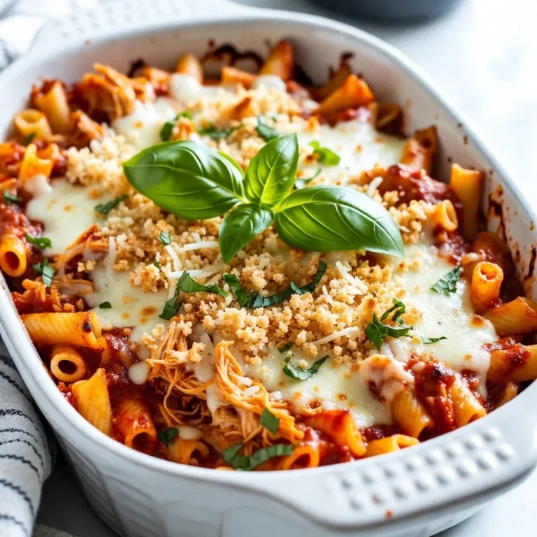 Für den Hähnchen Parmesan Auflauf brauchst du folgende Zutaten: - 2 Tassen gekochte Rotini-Pasta - 4 Tassen gekochte Hähnchenbrust, zerrupft - 2 Tassen Marinara-Sauce - 1 Teelöffel getrockneter Oregano - 1 Teelöffel Knoblauchpulver - 2 Tassen geriebener Mozzarella-Käse - 1 Tasse geriebener Parmesan-Käse - 1 Tasse Semmelbrösel - 2 Esslöffel frisches Basilikum, gehackt (zum Garnieren) - Salz und Pfeffer nach Geschmack Frische Kräuter bringen mehr Geschmack. Wenn du frisches Basilikum verwendest, schneide es fein. Getrocknete Kräuter sind jedoch praktisch und haben lange Haltbarkeit. Wenn du Oregano verwendest, achte darauf, dass er gut aromatisch ist. Meistens benutze ich eine Mischung aus beiden. So bekommst du ein tolles Aroma. Für einen cremigen Auflauf sind Mozzarella und Parmesan perfekt. Mozzarella schmilzt schön und gibt eine tolle Textur. Parmesan fügt einen herzhaften Geschmack hinzu. Du kannst auch andere Käsesorten ausprobieren. Gouda oder Provolone sind ebenfalls gut. Mischst du verschiedene Käsesorten, erhältst du einen einzigartigen Geschmack. {{ingredient_image_2}} Zuerst heize ich meinen Ofen auf 190°C vor. Das sorgt dafür, dass der Auflauf gleichmäßig gart. Ich schnapp mir eine große Rührschüssel. In diese gebe ich die gekochte Rotini-Pasta und das zerrupfte Hähnchen. So kann ich sicherstellen, dass alles gut vermischt wird. Jetzt füge ich die Marinara-Sauce hinzu. Das gibt dem Auflauf einen tollen Geschmack. Ich streue auch den getrockneten Oregano und das Knoblauchpulver hinein. Salz und Pfeffer runden das Ganze ab. Mit einem Löffel mische ich alles gut. Es ist wichtig, dass die Pasta und das Hähnchen gleichmäßig mit der Sauce bedeckt sind. Ich nehme eine Backform, die 23x33 cm groß ist, und fette sie ein. Zuerst verteile ich die Hälfte der Pasta- und Hähnchenmischung gleichmäßig auf dem Boden. Darauf streue ich die Hälfte des Mozzarella- und Parmesan-Käses. Dann kommt die restliche Mischung darauf. Ich belege das Ganze mit dem restlichen Käse. Zum Schluss streue ich Semmelbrösel darüber. Diese geben dem Auflauf eine knusprige Kruste. Ich decke die Form mit Aluminiumfolie ab und schiebe sie in den Ofen. Nach 25 Minuten entferne ich die Folie. Jetzt backe ich den Auflauf für weitere 15 Minuten. Ich achte darauf, dass die Oberseite goldbraun und blubbernd ist. Nach dem Backen lasse ich den Auflauf 5-10 Minuten abkühlen. Dann garniere ich ihn mit frischem Basilikum. So sieht er noch appetitlicher aus. Ein häufiger Fehler ist, die Pasta nicht vorab zu kochen. Achte darauf, die Rotini vorab zu kochen. So behält sie die richtige Konsistenz. Ein weiterer Fehler ist, zu viel oder zu wenig Marinara-Sauce zu verwenden. Die Sauce sollte die Pasta und das Hähnchen gut umhüllen. Überprüfe auch die Gewürze. Zu wenig Salz und Pfeffer können den Geschmack mindern. Um eine knusprige Kruste zu erhalten, verwende Semmelbrösel. Streue sie gleichmäßig über die Käseschicht. Du kannst auch etwas Olivenöl oder geschmolzene Butter darüber träufeln. Das hilft, die Kruste goldbraun zu machen. Ein weiterer Trick ist, die Folie in der letzten Backzeit zu entfernen. So kann die Oberseite schön bräunen. Du kannst die Zutaten nach deinem Geschmack anpassen. Füge mehr Gemüse wie Spinat oder Zucchini hinzu. Probiere verschiedene Käsesorten aus, wie Gouda oder Cheddar. Wenn du es würziger magst, füge etwas Chili oder Paprika hinzu. Für eine frische Note kannst du mehr Basilikum verwenden. Pro Tipps Die richtige Pasta wählen: Verwenden Sie Rotini-Pasta, da ihre Form die Sauce gut einfängt und die Aromen perfekt verteilt. Frisches Hähnchen verwenden: Wenn möglich, verwenden Sie frisches Hähnchenbrustfilet, um die beste Textur und den besten Geschmack zu erzielen. Käse nach Geschmack anpassen: Experimentieren Sie mit verschiedenen Käsesorten, wie Gouda oder Cheddar, um dem Auflauf eine individuelle Note zu verleihen. Vorbereitung im Voraus: Bereiten Sie den Auflauf am Vortag zu und lagern Sie ihn im Kühlschrank. So können die Aromen über Nacht durchziehen. {{image_4}} Möchten Sie eine vegetarische Variante? Ersetzen Sie das Hähnchen durch gebratene Auberginen oder Zucchini. Diese Gemüsesorten geben dem Auflauf einen tollen Geschmack. Achten Sie darauf, das Gemüse gut zu würzen, damit es nicht fade schmeckt. Verwenden Sie die gleiche Menge wie für das Hähnchen. Diese Version ist gesund und ebenso köstlich. Rotini ist großartig, aber andere Pasta funktioniert auch gut. Sie können Penne, Fusilli oder sogar Farfalle verwenden. Jede Sorte hat ihre eigene Textur und hält die Sauce anders. Experimentieren Sie mit verschiedenen Pasta, um Ihren Lieblingsgeschmack zu finden. Achten Sie darauf, die Kochzeit anzupassen, wenn Sie eine andere Pasta verwenden. Um mehr Geschmack zu erzielen, fügen Sie weitere Zutaten hinzu. Gegrillte Paprika, Oliven oder Spinat sind tolle Optionen. Sie bringen Farbe und zusätzliche Nährstoffe in den Auflauf. Auch frische Kräuter wie Thymian oder Rosmarin passen gut dazu. Scheuen Sie sich nicht, kreativ zu sein und neue Kombinationen auszuprobieren! Um den Hähnchen Parmesan Auflauf frisch zu halten, lasse ihn zuerst abkühlen. Danach teile ihn in Portionen. Nutze luftdichte Behälter oder Frischhaltefolie. Das hilft, den Auflauf vor Austrocknung zu schützen. Du kannst ihn auch in einer großen Form lagern. Stelle sicher, dass die Form gut abgedeckt ist. Wenn du den Auflauf aufwärmen möchtest, tue dies vorsichtig. Heize deinen Ofen auf 175°C vor. Decke den Auflauf mit Aluminiumfolie ab, um ein Austrocknen zu vermeiden. Backe ihn für 20 bis 30 Minuten. Prüfe zwischendurch, ob er durchgehend heiß ist. Du kannst auch die Mikrowelle benutzen, aber die Kruste wird nicht so knusprig. Im Kühlschrank hält sich der Hähnchen Parmesan Auflauf bis zu fünf Tage. Wenn du ihn länger aufbewahren möchtest, friere ihn ein. Im Gefrierschrank bleibt er bis zu drei Monate frisch. Achte darauf, ihn gut zu verpacken, um Gefrierbrand zu vermeiden. Vor dem Essen solltest du den Auflauf im Kühlschrank über Nacht auftauen. Ja, Sie können gefrorenes Hähnchen verwenden. Es ist wichtig, das Hähnchen zuerst vollständig aufzutauen. Das können Sie im Kühlschrank über Nacht machen. Wenn es schnell gehen muss, verwenden Sie die Mikrowelle. Stellen Sie sicher, dass das Hähnchen gleichmäßig auftaut. So bleibt es saftig und zart. Um den Auflauf glutenfrei zu machen, wählen Sie glutenfreie Pasta. Es gibt viele gute Alternativen im Laden. Achten Sie auch auf die Semmelbrösel. Sie können glutenfreie Semmelbrösel oder gemahlene Nüsse verwenden. Diese Optionen geben Ihnen eine tolle Kruste ohne Gluten. Zu diesem Auflauf passen viele Beilagen gut. Ein frischer grüner Salat ist eine gute Wahl. Auch gedünstetes Gemüse wie Brokkoli oder grüne Bohnen ergänzt das Gericht perfekt. Wenn Sie es herzhaft mögen, servieren Sie Knoblauchbrot dazu. So haben Sie eine komplette und leckere Mahlzeit. Der Hähnchen Parmesan Auflauf ist einfach zuzubereiten und lecker. Wir haben die Zutaten, die Schritte und nützliche Tipps besprochen. Vergiss nicht, frische Kräuter und den richtigen Käse für den besten Geschmack zu wählen. Variiere die Rezeptidee, um deinen eigenen Stil zu finden. Lagere die Reste richtig, damit sie lang frisch bleiben. Mit diesen Infos kannst du das Gericht genießen und Freunden servieren. Viel Spaß beim Kochen und Ausprobieren!