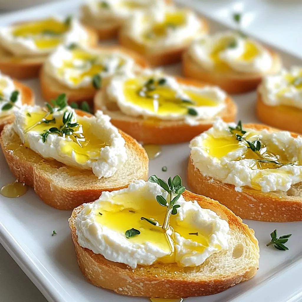 Für die Zubereitung der Whipped Feta & Hot Honey Crostini brauchst du folgende Hauptzutaten: - 225 g Feta-Käse, zerbröselt - 113 g Frischkäse, weich geknetet - 2 Esslöffel Olivenöl - 1 Esslöffel Zitronensaft - 1 Teelöffel Knoblauchpulver - 1 Teelöffel schwarzer Pfeffer - 1 Französisches Baguette, in 1,5 cm dicke Scheiben geschnitten - 60 ml scharfer Honig Diese Zutaten bilden die Basis für den cremigen Feta-Aufstrich und den süß-scharfen Honig. Der Feta gibt einen salzigen Geschmack, während der Honig für die Süße sorgt. Um deine Crostini noch ansprechender zu machen, kannst du diese zusätzlichen Zutaten verwenden: - Frische Kräuter wie Thymian oder Petersilie Die frischen Kräuter verleihen dem Gericht Farbe und einen frischen Geschmack. Sie sind das i-Tüpfelchen auf deinem Crostini. Qualität ist wichtig. Verwende frischen Feta-Käse, um den besten Geschmack zu erreichen. Du kannst auch einen hochwertigen Olivenöl verwenden, um das Aroma zu verbessern. Wenn du eine milde Variante möchtest, kannst du den scharfen Honig durch normalen Honig ersetzen. Alternativ geht auch ein fruchtiger Honig wie Himbeere oder Lavendel. Für eine vegane Version kannst du einen pflanzlichen Frischkäse und veganen Honig verwenden. Das sorgt für eine tolle Textur und bleibt im Geschmack spannend. {{ingredient_image_2}} Heize deinen Ofen auf 190°C vor. Das sorgt für knusprige Crostini. Nimm alle Zutaten aus dem Kühlschrank. Du brauchst Feta-Käse, Frischkäse, Olivenöl, Zitronensaft, Knoblauchpulver und Pfeffer. Vergiss das Baguette nicht! Schneide es in 1,5 cm dicke Scheiben. So hast du die perfekte Basis für deine Crostini. Nimm eine Küchenmaschine und gib den zerbröselten Feta-Käse, den Frischkäse, Olivenöl, Zitronensaft, Knoblauchpulver und Pfeffer hinein. Mixe alles gut. Du willst eine glatte und cremige Mischung. Probiere die Mischung und passe die Würze an. Manchmal braucht es etwas mehr Pfeffer oder Zitronensaft. Lege die Baguettescheiben auf ein Backblech. Bestreiche beide Seiten leicht mit Olivenöl. Das gibt einen tollen Geschmack. Backe die Brotscheiben im Ofen für 5-7 Minuten. Sie sollten goldbraun und knusprig sein. Lass sie kurz abkühlen, bevor du sie belegst. Gib einen großen Klecks der Whipped Feta-Mischung auf jede Crostini. Achte darauf, dass du genug nimmst. Jetzt kommt der scharfe Honig. Beträufle die Crostini großzügig damit. Je nach deinem Geschmack kannst du mehr oder weniger verwenden. Garnieren mit frischen Kräutern macht das Gericht schön und aromatisch. Am besten schmeckt es, wenn du die Crostini sofort servierst. Um die beste Konsistenz für die Feta-Mischung zu erhalten, verwende eine Küchenmaschine. Mische zerbröselten Feta-Käse und Frischkäse gut. Füge Olivenöl und Zitronensaft hinzu. Diese Zutaten helfen, die Mischung cremig zu machen. Knoblauchpulver und schwarzer Pfeffer geben den nötigen Geschmack. Mische alles, bis es glatt ist. Probiere die Mischung und passe die Gewürze an. Du solltest eine weiche, aber nicht flüssige Konsistenz erhalten. Für perfekte Crostini schneide dein Baguette in gleichmäßige Scheiben. Eine Dicke von 1,5 cm ist ideal. Bestreiche beide Seiten der Scheiben leicht mit Olivenöl. Das Öl hilft, eine goldbraune Farbe zu erzielen. Lege die Brotscheiben auf ein Backblech und röste sie im Ofen. Backe sie bei 190°C für 5-7 Minuten. Achte darauf, dass sie knusprig sind, aber nicht verbrennen. Drehe die Scheiben zur Hälfte um, um gleichmäßiges Rösten zu gewährleisten. Die Präsentation ist wichtig. Arrangiere die Crostini auf einer großen Servierplatte. Streue frische Kräuter um die Platte für Farbe. Dies macht das Gericht lebendiger. Du kannst auch eine kleine Schüssel mit scharfem Honig neben die Crostini stellen. So können Gäste nach Belieben nachlegen. Ein nettes Detail sind auch kleine Holzspieße. Diese machen es einfacher, die Crostini zu genießen. Pro Tipps Feta-Käse vorbereiten: Lassen Sie den Feta-Käse vor der Verwendung auf Zimmertemperatur kommen, damit er sich leichter vermischen lässt und die Aromen besser zur Geltung kommen. Variationen des Honigs: Experimentieren Sie mit verschiedenen Sorten von scharfem Honig, um den perfekten Geschmack für Ihre Crostini zu finden. Honig mit Chili oder Ingwer kann aufregende Akzente setzen. Knusprige Crostini: Achten Sie darauf, die Baguettescheiben gleichmäßig mit Olivenöl zu bestreichen, um ein gleichmäßiges Rösten und eine perfekte Knusprigkeit zu gewährleisten. Frische Kräuter hinzufügen: Verwenden Sie eine Mischung aus frischen Kräutern für die Garnitur, um zusätzliche Aromen zu erzeugen. Thymian, Petersilie oder Basilikum harmonieren hervorragend mit dem würzigen Feta. {{image_4}} Du kannst die Whipped Feta-Mischung nach deinem Geschmack anpassen. Hier sind einige Ideen: - Kräuter: Füge frische Kräuter wie Basilikum oder Oregano hinzu. Sie geben einen tollen Geschmack. - Nüsse: Mische gehackte Walnüsse oder Mandeln in die Feta-Mischung. Das gibt einen schönen Crunch. - Oliven: Zerhackte Oliven bringen eine salzige Note. Verwende schwarze oder grüne, je nach Vorliebe. Der scharfe Honig ist ein Hit, aber es gibt viele Alternativen. Probiere: - Blütenhonig: Ein milder Honig gibt süße Noten, ohne die Schärfe zu stark zu betonen. - Chili-Honig: Wenn du es wirklich scharf magst, nutze Chili-Honig. Er bringt noch mehr Feuer. - Ahornsirup: Für eine süßere, weniger scharfe Variante ist Ahornsirup eine gute Option. Kombiniere ihn mit etwas Cayennepfeffer für den Kick. Für eine vegetarische oder vegane Version kannst du Folgendes tun: - Feta ersetzen: Verwende veganen Feta oder einen Cashew-Creme-Käse. Beide bieten einen tollen Geschmack. - Frischkäse ersetzen: Nutze einen pflanzlichen Frischkäse. Diese gibt es in vielen Geschmäckern. - Honigersatz: Verwende Agavensirup oder Dattelsirup, um die Süße zu ersetzen. Diese sind vegan und lecker. Mit diesen Variationen kannst du das Rezept ganz nach deinem Geschmack gestalten. Um Reste von Whipped Feta und Hot Honey Crostini richtig zu lagern, sollten Sie die Crostini getrennt von der Feta-Mischung aufbewahren. Legen Sie die Crostini in einen luftdichten Behälter. Die Feta-Mischung kommt in einen anderen Behälter. So bleibt das Brot knusprig und die Feta-Mischung frisch. Lagern Sie alles im Kühlschrank. Sie können die Whipped Feta-Mischung im Voraus zubereiten. Sie bleibt bis zu drei Tage im Kühlschrank frisch. Mischen Sie die Zutaten und bewahren Sie sie in einem luftdichten Behälter auf. Rösten Sie die Baguettescheiben kurz vor dem Servieren. So sind die Crostini warm und knusprig. Dies spart Zeit, wenn Gäste kommen. Die Crostini sind am besten frisch, aber sie halten sich im Kühlschrank bis zu zwei Tage. Die Feta-Mischung bleibt bis zu drei Tage gut. Nutzen Sie Reste kreativ. Sie können die Feta-Mischung zu Pasta oder als Dip verwenden. So verschwenden Sie nichts und genießen neue Gerichte. Crostini schmecken am besten frisch. Du kannst sie aber auch aufbewahren. Lagere die Crostini in einem luftdichten Behälter. So bleiben sie knusprig. Sie halten sich bis zu zwei Tage. Wenn du sie aufwärmen möchtest, lege sie einfach kurz in den Ofen. So werden sie wieder knusprig. Ja, du kannst scharfen Honig leicht selbst machen. Nimm einfach einen milden Honig. Füge rote Chiliflocken oder frische Chilischoten hinzu. Lass die Mischung ein paar Tage stehen. So zieht der scharfe Geschmack in den Honig ein. Du kannst die Schärfe anpassen, je nach deinem Geschmack. Zu Whipped Feta & Hot Honey Crostini passen viele Beilagen gut. Hier sind einige Ideen: - Oliven: Sie bringen einen salzigen Geschmack. - Frisches Gemüse: Karotten oder Paprika sind knackig und frisch. - Aufschnitt: Prosciutto oder Salami ergänzen die Aromen. - Salate: Ein einfacher grüner Salat passt gut dazu. Diese Beilagen bieten Abwechslung und machen das Essen noch leckerer. Dieses Rezept für Whipped Feta und Hot Honey Crostini ist einfach und lecker. Wir haben die Hauptzutaten, kreative Variationen und Lagerungstipps durchgenommen. Egal, ob Sie gerne kochen oder einfach nur etwas Neues ausprobieren möchten, dieses Gericht wird sicher gut ankommen. Genießen Sie die Schritte zum Zubereiten und Servieren. Mit diesen Tipps gelingt es Ihnen, Crostini perfekt zu machen. Probieren Sie die verschiedenen Varianten aus und lassen Sie Ihrer Kreativität freien Lauf!