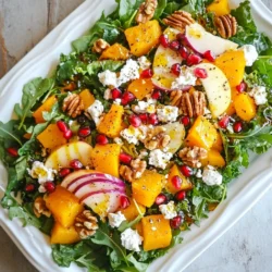 Für einen tollen Winter-Salat brauchte ich frische und bunte Zutaten. Hier sind die Hauptzutaten: - 2 Tassen gemischte Blattsalate (Spinat, Rucola und Grünkohl) - 1 Tasse Granatapfelkerne - 1 Apfel, dünn geschnitten (idealerweise Granny Smith) - 1/2 Tasse gerösteter, gewürfelter Butternut-Kürbis - 1/4 Tasse zerbröckelter Feta-Käse - 1/4 Tasse gehackte Walnüsse, geröstet - 1/4 Tasse rote Zwiebel, dünn geschnitten Jede Zutat bringt ihren eigenen Geschmack und Textur mit. Die Granatapfelkerne sorgen für einen fruchtigen Crunch. Der Butternut-Kürbis liefert Wärme und Süße. Die Gewürze und Öle sind wichtig, um den Salat zu verfeinern. Ich benutze: - 2 Esslöffel Olivenöl - 1 Esslöffel Balsamico-Essig - Salz und Pfeffer nach Geschmack Das Olivenöl macht den Salat reichhaltig. Der Balsamico-Essig bringt eine angenehme Säure. Salz und Pfeffer runden den Geschmack ab. Frische Zutaten sind der Schlüssel zu einem großartigen Salat. Achte auf diese Tipps: - Wähle Blattsalate, die knackig und grün sind. - Granatäpfel sollten schwer und prall sein. - Äpfel sollten fest und ohne Druckstellen sein. - Der Butternut-Kürbis sollte glatt und ohne Flecken sein. Frische Zutaten geben dem Salat mehr Geschmack und Nährstoffe. Sie machen jedes Essen besonders. {{ingredient_image_2}} Heizen Sie Ihren Ofen auf 200 °C vor. Nehmen Sie den gewürfelten Butternut-Kürbis und geben Sie ihn in eine Schüssel. Fügen Sie einen Spritzer Olivenöl, Salz und Pfeffer hinzu. Mischen Sie alles gut, bis der Kürbis gleichmäßig beschichtet ist. Verteilen Sie die Kürbiswürfel auf einem Backblech. Rösten Sie sie für 20-25 Minuten. Wenden Sie die Stücke zur Hälfte der Garzeit. Lassen Sie den Kürbis danach etwas abkühlen. Nehmen Sie eine große Schüssel für den Salat. Geben Sie die gemischten Blattsalate hinein. Fügen Sie die Granatapfelkerne und die dünn geschnittenen Äpfel hinzu. Geben Sie den gerösteten Kürbis dazu. Streuen Sie den zerbröckelten Feta, die gerösteten Walnüsse und die rote Zwiebel darüber. Mischen Sie alles vorsichtig, damit die Zutaten nicht zerdrückt werden. In einer kleinen Schüssel verrühren Sie das restliche Olivenöl und den Balsamico-Essig. Fügen Sie Salz und Pfeffer nach Geschmack hinzu. Rühren Sie gründlich, bis alles gut vermischt ist. Das Dressing sollte eine glatte Konsistenz haben. Gießen Sie das Dressing über den Salat. Wenden Sie alles vorsichtig, damit jede Zutat gut mit dem Dressing überzogen wird. Probieren Sie den Salat. Passen Sie die Würze an, falls nötig. Servieren Sie den Salat auf einer großen Platte. Bestreuen Sie ihn mit zusätzlichen Granatapfelkernen und Feta für einen festlichen Look. Um den perfekten Kürbis zu rösten, wähle frischen Butternut-Kürbis. Schneide ihn in gleichmäßige Würfel. Das sorgt für eine gleichmäßige Röstung. Mische die Kürbiswürfel mit Olivenöl, Salz und Pfeffer. Lege sie auf ein Backblech und röste sie bei 200 °C. Wende die Stücke nach der Hälfte der Zeit. So bleiben sie zart und goldbraun. Für das Dressing kannst du kreativ sein. Du kannst Honig oder Senf hinzufügen. Diese Zutaten geben dem Dressing eine süße oder würzige Note. Probiere auch verschiedene Essigsorten aus. Apfelessig oder Weißweinessig sind gute Alternativen. Wenn du Nüsse magst, füge gemahlene Mandeln oder Pistazien hinzu. Diese bringen mehr Textur und Geschmack. Ein häufiger Fehler ist, den Kürbis zu dick zu schneiden. Das macht ihn matschig. Achte darauf, die Stücke gleichmäßig zu schneiden. Ein weiterer Fehler ist, das Dressing zu früh hinzuzufügen. Das macht den Salat schnell schlaff. Mische den Salat erst kurz vor dem Servieren. So bleibt er frisch und knackig. Wenn du diese Tipps beachtest, wird dein Winter-Salat immer lecker und ansprechend sein. Pro Tipps Kürbis perfekt rösten: Um sicherzustellen, dass der Butternut-Kürbis gleichmäßig röstet, schneiden Sie ihn in gleichmäßige Würfel und wenden Sie ihn während des Röstens einmal, damit alle Seiten schön gebräunt werden. Aromen kombinieren: Experimentieren Sie mit verschiedenen Nüssen oder Käsesorten, wie z. B. Ziegenkäse, um dem Salat eine neue Geschmacksdimension hinzuzufügen. Dressing im Voraus zubereiten: Bereiten Sie das Dressing einen Tag im Voraus vor und bewahren Sie es im Kühlschrank auf, um den Aromen Zeit zum Verschmelzen zu geben. Frische Zutaten verwenden: Achten Sie darauf, frische und saisonale Zutaten zu verwenden, um den besten Geschmack und die beste Textur in Ihrem Salat zu gewährleisten. {{image_4}} Um diesen Winter-Salat noch schmackhafter zu machen, können Sie einige zusätzliche Zutaten hinzufügen. Versuchen Sie, einige Scheiben Avocado hinzuzufügen. Avocado bringt eine cremige Textur. Für einen süßeren Geschmack, fügen Sie einige getrocknete Cranberries hinzu. Ihr fruchtiger Geschmack ergänzt den Granatapfel gut. Auch einige frische Kräuter, wie Minze oder Petersilie, bringen einen frischen Kick. Dieser Salat ist fast von Natur aus vegetarisch. Um ihn vegan zu machen, ersetzen Sie den Feta-Käse. Verwenden Sie stattdessen zerdrückte Cashewkerne oder einen veganen Käse. Sie können auch Kichererbsen hinzufügen. Sie machen den Salat noch nahrhafter und geben eine tolle Textur. Diese Optionen machen den Salat für alle essbar. Im Frühling können Sie frische Erdbeeren und Rucola hinzufügen. Diese Früchte bringen eine süße Note in den Salat. Im Sommer probieren Sie Kirschen und frische Gurken. Im Herbst sind geröstete Äpfel und Walnüsse eine tolle Ergänzung. Diese saisonalen Zutaten helfen, den Salat frisch und spannend zu halten. Experimentieren Sie mit verschiedenen Kombinationen und finden Sie Ihre Lieblingsversion! Um den Winter-Salat frisch zu halten, lege ihn in einen luftdichten Behälter. Verwende immer frische Zutaten, damit der Salat länger hält. Halte den Salat kühl und fern von direkten Lichtquellen. Wenn du den Salat vorbereitest, aber nicht sofort isst, lagere ihn ohne Dressing. So bleibt der Salat knusprig und lecker. Das Dressing kannst du in einem separaten Behälter aufbewahren. Stelle sicher, dass der Behälter ebenfalls luftdicht ist. Bewahre es im Kühlschrank auf und schütze es vor Licht. Vor dem Servieren gut schütteln oder umrühren, um die Zutaten wieder zu vermischen. So bleibt der Geschmack frisch und intensiv. Der Salat kann bis zu zwei Tage im Kühlschrank aufbewahrt werden, wenn er richtig gelagert ist. Reste lassen sich gut als Beilage nutzen oder in Wraps füllen. Das Dressing sollte innerhalb von einer Woche verbraucht werden. Wenn du Reste hast, versuche, sie kreativ zu verwenden, um Lebensmittelverschwendung zu vermeiden. Dieser Winter-Salat hat etwa 250 Kalorien pro Portion. Die genauen Kalorien können variieren, je nach den Zutaten und der Menge. Der Salat enthält gesunde Fette aus Walnüssen und Olivenöl. Diese Fette sind gut für das Herz. Zudem bieten die Früchte und das Gemüse viele Vitamine. Ja, du kannst frische Granatäpfel verwenden. Frische Granatäpfel bringen einen tollen Geschmack. Sie fügen auch eine schöne Textur hinzu. Achte darauf, die Granatäpfel richtig zu entkernen. Das kann etwas knifflig sein. Es gibt viele Videos online, die dir zeigen, wie es geht. Du kannst den Salat bis zu drei Tage im Kühlschrank aufbewahren. Decke ihn gut ab, um die Frische zu erhalten. Der Salat wird nach ein paar Tagen jedoch weich. Das Dressing kann die Blätter durchweichen. Es ist besser, das Dressing separat aufzubewahren und erst vor dem Servieren hinzuzufügen. In diesem Artikel haben wir alles über den Winter-Salat erforscht. Wir haben die Hauptzutaten, Gewürze und Tipps zur Auswahl frischer Zutaten besprochen. Dann folgten die Schritt-für-Schritt-Anleitung und praktische Tipps, um häufige Fehler zu vermeiden. Zusätzlich haben wir Variationen und Aufbewahrungshinweise geteilt, um den Salat frisch zu halten. Denke daran, beim Rösten von Kürbis genau hinzusehen und kreativ mit Dressings zu sein. Mit diesen Tipps wird dein Winter-Salat immer ein Hit!