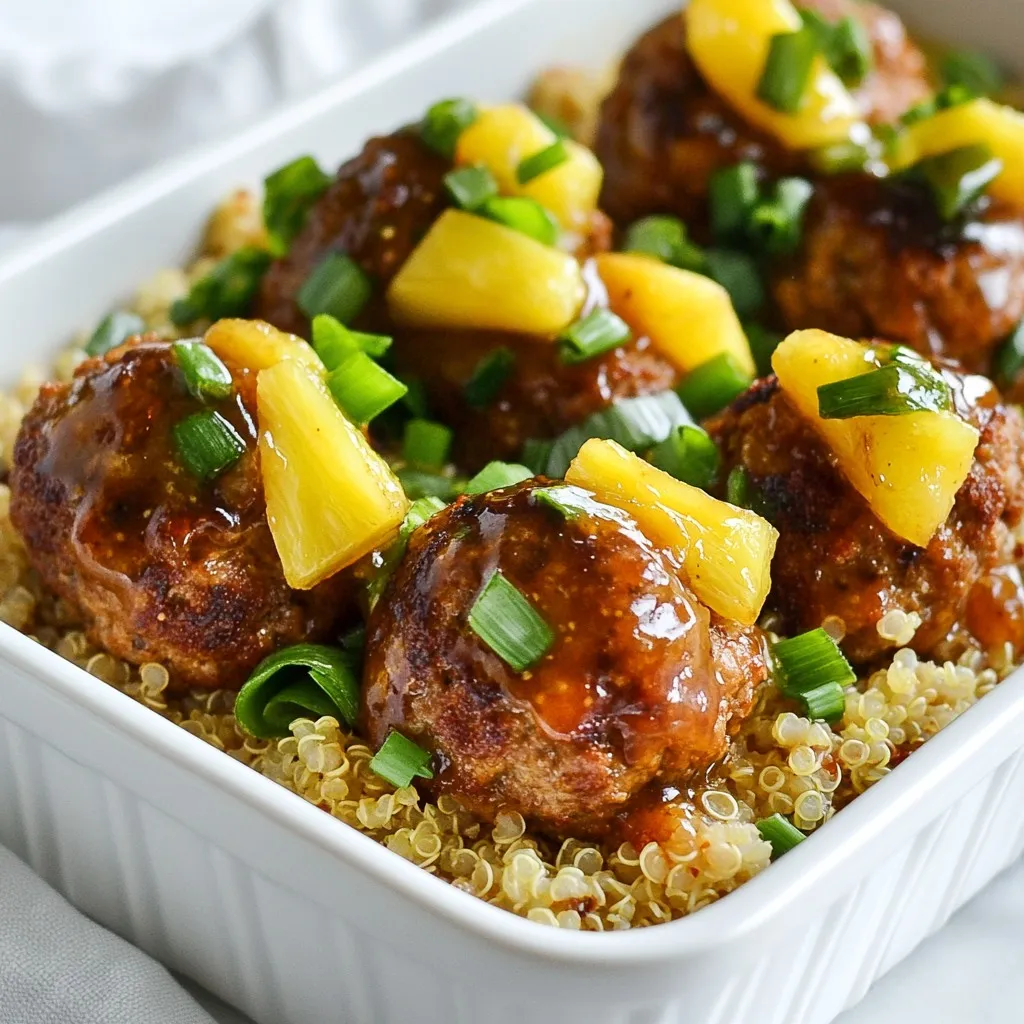 Für die süß-sauren Fleischbällchen brauchst du: - 450 g Rinderhackfleisch (oder Putenhack) - 125 g Semmelbrösel - 30 g frisch geriebener Parmesan - 1 großes Ei - 30 ml Sojasauce - 1/2 Teelöffel Knoblauchpulver - 1/2 Teelöffel Zwiebelpulver - 1/2 Teelöffel schwarzer Pfeffer - 1/4 Teelöffel Salz - 60 ml gewürfelte grüne Paprika - 60 ml gewürfelte Zwiebel - 60 ml Ananasstücke (frisch oder aus der Dose) - 125 ml süß-saurer Sauce Wenn du eine leichtere Option suchst, nimm Putenhack. Für Vegetarier gibt es pflanzliches Hackfleisch. Glutenfreie Semmelbrösel sind auch eine gute Wahl. Sojasauce kannst du durch Tamari ersetzen, wenn du glutenfrei kochen möchtest. Achte beim Einkauf auf frisches Gemüse und Fleisch. Wähle knackige Paprika und feste Zwiebeln. Achte darauf, dass die Ananas saftig und reif aussieht. Wenn du Dosenananas kaufst, prüfe, dass sie in ihrem eigenen Saft verpackt ist. Frische Zutaten machen den Unterschied im Geschmack. {{ingredient_image_2}} Heize den Ofen auf 200°C vor. Das ist wichtig für perfekte Fleischbällchen. Während der Ofen aufheizt, nimm ein Backblech und lege es mit Backpapier aus. Das Papier hilft, die Bällchen nicht kleben zu lassen. So bleibt das Blech sauber und die Bällchen werden gleichmäßig gar. In einer großen Schüssel mische die folgenden Zutaten: - 450 g Rinderhackfleisch (oder Putenhack) - 125 g Semmelbrösel - 30 g frisch geriebener Parmesan - 1 großes Ei - 30 ml Sojasauce - 1/2 Teelöffel Knoblauchpulver - 1/2 Teelöffel Zwiebelpulver - 1/2 Teelöffel schwarzer Pfeffer - 1/4 Teelöffel Salz Rühre alles gut um. Achte darauf, dass die Mischung gleichmäßig ist. Dann füge die gewürfelte grüne Paprika, die Zwiebel und die Ananasstücke hinzu. Füge sie vorsichtig hinzu und falte sie unter. So bleiben die Stücke ganz und geben Geschmack. Jetzt forme kleine Bällchen von etwa 2,5 cm Durchmesser. Nutze deine Hände dafür. Lege sie auf das Backblech. Achte darauf, dass genug Platz zwischen den Bällchen bleibt. Backe die Fleischbällchen für etwa 20 Minuten. Sie sind fertig, wenn sie goldbraun sind und gut durchgegart. Während die Bällchen backen, erwärme die süß-saure Sauce in einem Topf bei mittlerer Hitze. Sobald die Fleischbällchen fertig sind, nimm sie aus dem Ofen. Gib sie vorsichtig in die Sauce und wende sie. So sind die Bällchen gleichmäßig mit der Sauce bedeckt. Jetzt sind sie bereit zum Servieren! Um Fleischbällchen gut zu würzen, nutze ich eine Mischung aus verschiedenen Zutaten. Rinderhackfleisch ist der Hauptbestandteil. Ich füge Semmelbrösel und Parmesan hinzu, um die Bällchen saftig zu machen. Knoblauchpulver und Zwiebelpulver geben einen tollen Geschmack. Hier eine einfache Liste für die Würze: - 30 ml Sojasauce - 1/2 Teelöffel Knoblauchpulver - 1/2 Teelöffel Zwiebelpulver - 1/4 Teelöffel Salz - 1/2 Teelöffel schwarzer Pfeffer Diese Gewürze sorgen für eine leckere Basis. Du kannst die Menge anpassen, wenn du es würziger magst. Wenn du den Geschmack ändern willst, spiele mit der süß-sauren Sauce. Du kannst sie kaufen oder selbst machen. Ich empfehle, einen Teil der Sauce zu probieren und dann die Süße oder Säure anzupassen. Füge mehr Ananassaft für Süße hinzu oder mehr Essig für einen sauren Kick. So kannst du die perfekte Balance für deinen Gaumen finden. Für eine knusprige Textur backe die Fleischbällchen bei hoher Hitze. Ich empfehle, den Ofen auf 200°C vorzuheizen. Platziere die Bällchen auf Backpapier, damit sie nicht festkleben. Wenn du magst, kannst du die Oberfläche leicht mit Öl besprühen. So wird die Kruste goldbraun und knusprig. Achte darauf, sie nicht zu lange zu backen, damit sie saftig bleiben. Ein perfektes Ergebnis ist das Ziel! Pro Tipps Fleischwahl: Verwenden Sie Rinderhackfleisch für einen kräftigen Geschmack oder mageres Putenhack für eine leichtere Variante. Beide Optionen sind köstlich! Gemüseschneiden: Schneiden Sie das Gemüse gleichmäßig, damit es beim Backen gleichmäßig gart und die Aromen optimal verteilt werden. Einweichen der Semmelbrösel: Weichen Sie die Semmelbrösel kurz in etwas Wasser oder Milch ein, um die Fleischbällchen saftiger zu machen. Variationen: Experimentieren Sie mit verschiedenen Früchten wie Mango oder Papaya, um den Fleischbällchen eine süße Note zu verleihen. {{image_4}} Wenn du auf Kohlenhydrate achtest, probiere die Low-Carb-Version. Ersetze das Rinderhack mit Blumenkohl. Du kannst Blumenkohl in der Mikrowelle garen und pürieren. Mische ihn dann mit den anderen Zutaten. So erhältst du eine leckere, gesunde Variante. Die Textur bleibt wunderbar. Für eine vegane Option nimm pflanzliches Hackfleisch. Es gibt viele gute Produkte im Handel. Du kannst auch Linsen oder Quinoa nutzen. Diese sorgen für einen tollen Biss. Achte darauf, die Gewürze gut anzupassen. So bleibt der Geschmack spannend und köstlich. Die süß-saure Sauce ist klassisch, aber du kannst auch andere Saucen verwenden. Probiere Teriyaki oder eine scharfe Chilisauce. Diese Varianten bringen neue Geschmäcker. Du kannst die Soße auch selbst machen. Kombiniere Ananassaft, Essig und Honig für eine frische Note. So wird jedes Gericht einzigartig. Um die Fleischbällchen frisch zu halten, lassen Sie sie zuerst abkühlen. Sobald sie auf Raumtemperatur sind, legen Sie sie in einen luftdichten Behälter. Sie können auch die Fleischbällchen in Frischhaltefolie wickeln. So bleibt die Feuchtigkeit erhalten und sie trocknen nicht aus. Kühlen Sie die Fleischbällchen im Kühlschrank. Um die Fleischbällchen aufzuwärmen, nutzen Sie eine Pfanne oder die Mikrowelle. In der Pfanne erhitzen Sie etwas Öl bei mittlerer Hitze. Geben Sie die Fleischbällchen dazu und wenden Sie sie regelmäßig. Dies gibt ihnen eine schöne, knusprige Kruste. In der Mikrowelle legen Sie die Fleischbällchen auf einen Teller und decken sie ab. Erhitzen Sie sie in kurzen Intervallen, bis sie warm sind. Im Kühlschrank halten die Fleischbällchen etwa 3 bis 4 Tage. Wenn Sie sie länger aufbewahren möchten, frieren Sie sie ein. Im Gefrierschrank sind sie bis zu 3 Monate haltbar. Achten Sie darauf, sie gut zu verpacken, um Gefrierbrand zu vermeiden. Zum Auftauen legen Sie die gefrorenen Fleischbällchen einfach über Nacht in den Kühlschrank. Die Fleischbällchen müssen etwa 20 Minuten backen. Du solltest sie bei 200°C im Ofen garen. Achte darauf, dass sie goldbraun sind und gut durchgegart. Wenn du die Bällchen etwas größer machst, kann die Backzeit länger sein. Ja, du kannst die süß-sauer Sauce selbst machen! Mische einfach 60 ml Essig, 60 g Zucker, 60 ml Ketchup und etwas Sojasauce. Koche die Mischung in einem Topf und rühre gut um. So hast du eine frische, hausgemachte Variante. Ja, die Fleischbällchen sind auch kalt lecker. Du kannst sie als Snack oder für ein Picknick genießen. Wenn du sie kalt isst, schmecken sie trotzdem gut mit der süß-sauren Sauce. Zu süß-sauren Fleischbällchen passen viele Beilagen. Reis oder Quinoa sind perfekt. Auch frisches Gemüse oder ein einfacher Salat ergänzen das Gericht gut. Du kannst auch gebratene Nudeln probieren. In diesem Blogbeitrag haben wir die Schritte zur Zubereitung von süß-sauren Fleischbällchen behandelt. Wir haben Zutaten aufgelistet und Tipps zur Auswahl frischer Produkte gegeben. Ich habe dir gezeigt, wie du die Fleischbällchen mit verschiedenen Geschmäckern anpassen kannst, und wir haben auch über Variationen für spezielle Diäten gesprochen. Es macht Spaß, eigene Variationen auszuprobieren. Du hast jetzt alles, was du brauchst, um leckere Fleischbällchen zu kreieren. Experimentiere mit den Zutaten und genieße das Kochen!
