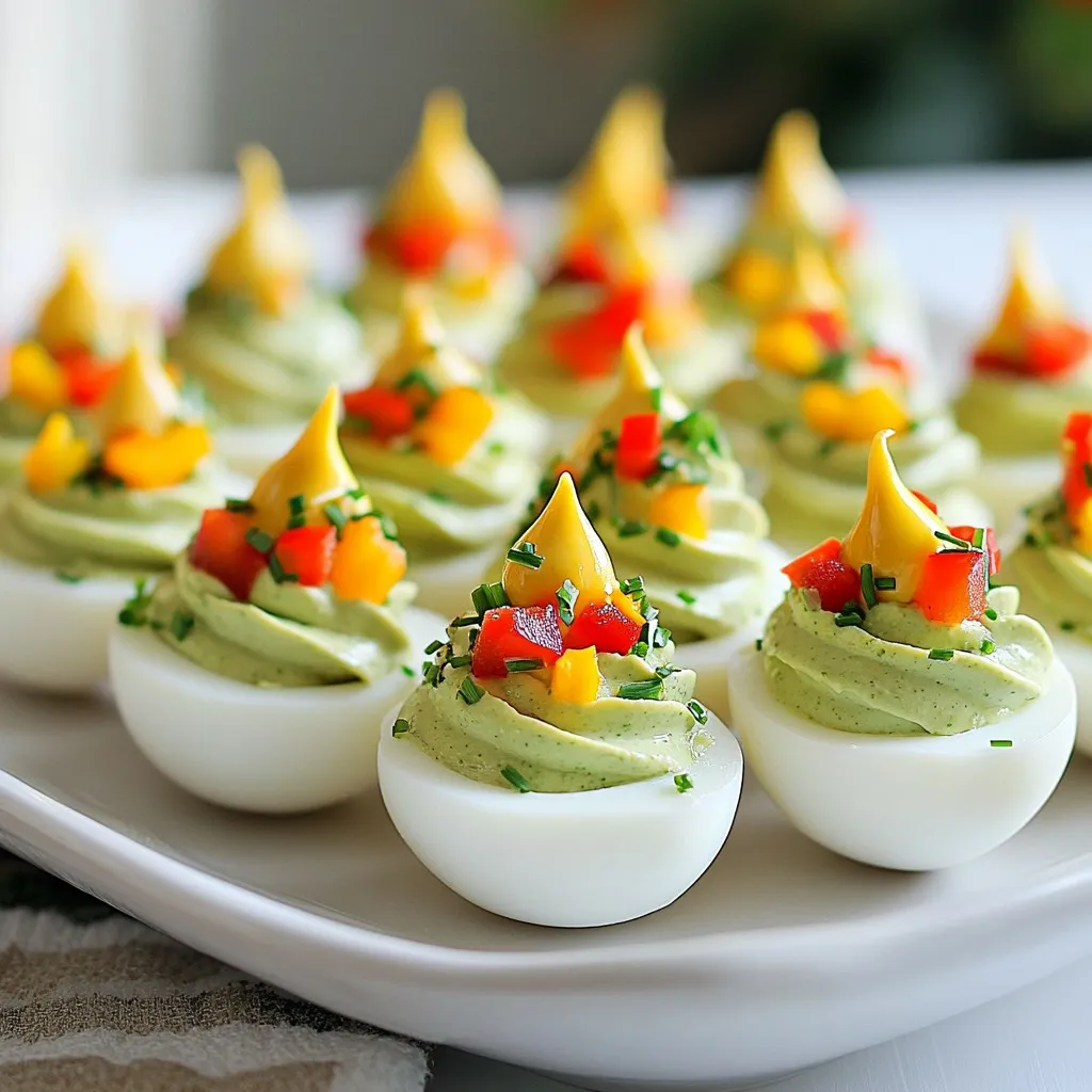 Um diese festlichen gefüllten Eier zu machen, brauchst du: - 6 große Eier - 3 Esslöffel Mayonnaise - 1 Teelöffel Dijon-Senf - 1 Teelöffel Zitronensaft - Salz und Pfeffer nach Geschmack - 1-2 Tropfen grünes Lebensmittelfarben - 1 kleine rote Paprika, gewürfelt (für dekorative Ornamente) - 1 kleine gelbe Paprika, gewürfelt (für dekorative Ornamente) - Frische Schnittlauch oder Petersilie (zum Garnieren) Die besten Eier sind frisch. Achte auf das Haltbarkeitsdatum. Wähle Eier mit einer sauberen Schale. Risse können das Kochen schwer machen. Wenn du die Eier in der Hand hältst, sollten sie schwer erscheinen. Das zeigt, dass sie frisch sind. Um die Weihnachtsbaum gefüllten Eier noch schöner zu machen, kannst du weitere Zutaten hinzufügen. Du kannst auch kleine Stücke von Oliven oder anderen bunten Paprika verwenden. Sie sehen toll aus und schmecken gut. Für mehr Frische, probiere Dill oder Schnittlauch. Sie geben einen feinen Geschmack. {{ingredient_image_2}} Um die Eier perfekt zu kochen, lege sie in einen Topf. Decke die Eier mit kaltem Wasser ab. Bringe das Wasser bei mittlerer Hitze zum Kochen. Wenn das Wasser kocht, decke den Topf ab. Nimm den Topf dann vom Herd. Lass die Eier für 12 Minuten ziehen. Diese Methode sorgt dafür, dass die Eier nicht überkochen. Nach 12 Minuten lege die Eier in eine Schüssel mit Eiswasser. Lass sie dort für 5-10 Minuten abkühlen. Dies macht das Schälen einfacher. Jetzt ist es Zeit, die Eier zu schälen. Mach das vorsichtig unter fließendem Wasser. Dies hilft, die Schalen ohne Beschädigung des Eiweißes zu entfernen. Nach dem Schälen schneide jedes Ei der Länge nach in zwei Hälften. Nimm die Eigelbe aus den Eiweißen und lege sie in eine Rührschüssel. Diese Schritte sind wichtig für die Füllung. Jetzt kommt der spaßige Teil! Füge die Mayonnaise, den Dijon-Senf, den Zitronensaft, Salz, Pfeffer und 1-2 Tropfen grüne Lebensmittelfarbe zu den Eigelben hinzu. Zerdrücke alles gut und vermische es, bis die Masse glatt ist. Um die Eier zu füllen, benutze einen Spritzbeutel oder einen Plastikbeutel mit abgeschnittenem Eck. Fülle die Eiweißhälften mit der grünen Mischung. Spritze die Füllung in einer spitz zulaufenden Form, die einem Weihnachtsbaum ähnelt. Dekoriere die gefüllten Eier mit gewürfelter roter und gelber Paprika. Das gibt den Bäumen einen festlichen Look. Streue auch etwas gehackten Schnittlauch oder Petersilie darüber. Lass die gefüllten Eier für mindestens 30 Minuten im Kühlschrank ruhen. So verbinden sich die Aromen besser. Um die perfekte Füllung für deine Weihnachtsbaum gefüllten Eier zu machen, verwende frische Zutaten. Die Kombination aus Mayonnaise, Dijon-Senf und Zitronensaft sorgt für einen tollen Geschmack. Achte darauf, die Eigelbe gut zu zerdrücken. So wird die Füllung schön cremig. Benutze einen Spritzbeutel, um die Füllung gleichmäßig in die Eiweißhälften zu spritzen. Füge ein paar Tropfen grüne Lebensmittelfarbe hinzu, um den Weihnachtsbaum-Look zu erzielen. Ein häufiger Fehler ist, die Eier nicht richtig zu kochen. Um das zu vermeiden, lasse die Eier nach dem Kochen 12 Minuten im heißen Wasser. Das macht sie einfach zu schälen. Ein weiterer Fehler ist, die Füllung zu grob zu machen. Stelle sicher, dass die Mischung glatt ist. Wenn du die Füllung nicht gut spritzen kannst, könnte der Spritzbeutel zu klein sein. Achte darauf, dass der Beutel stabil ist, um die Füllung gut zu halten. Die Präsentation ist wichtig! Platziere die gefüllten Eier auf einem schönen Teller. Verwende frische Kräuter wie Schnittlauch oder Petersilie, um die Eier zu garnieren. Die gewürfelte rote und gelbe Paprika sieht aus wie festliche Ornamente. Setze die Stücke an verschiedenen Stellen auf die Füllung. Dies gibt dem Ganzen einen lebhaften und festlichen Look. Ein paar essbare Sterne oder glitzernde Dekorationen können ebenfalls für mehr Spaß sorgen. Pro Tipps Frische Eier verwenden: Verwenden Sie die frischesten Eier, die Sie finden können, um die beste Textur und den besten Geschmack zu erzielen. Schalen leicht entfernen: Schalen lassen sich leichter entfernen, wenn Sie die Eier nach dem Kochen in Eiswasser tauchen, da dies den Dampf zwischen Schale und Eiweiß reduziert. Lebensmittelfarbe gut mischen: Achten Sie darauf, die grüne Lebensmittelfarbe gleichmäßig zu vermischen, damit die Füllung eine schöne einheitliche Farbe hat. Vorausplanen: Bereiten Sie die gefüllten Eier ein paar Stunden im Voraus zu und lassen Sie sie im Kühlschrank ruhen, damit sich die Aromen besser entfalten können. {{image_4}} Die Füllung für Weihnachtsbaum gefüllte Eier kann ganz leicht variiert werden. Du kannst zum Beispiel den Dijon-Senf durch scharfen Senf ersetzen. Das gibt einen anderen Geschmack. Anstelle von Mayonnaise könntest du griechischen Joghurt verwenden. So wird die Füllung leichter. Für einen würzigen Kick füge etwas scharfen Paprika oder Cayennepfeffer hinzu. Du kannst auch etwas geriebenen Käse einmischen, um die Füllung cremiger zu machen. Die Garnierung ist der Schlüssel zu einem festlichen Look. Anstelle von roter und gelber Paprika kannst du auch kleine Stücke von Gurke oder Oliven verwenden. Diese bringen frische Farben auf den Tisch. Für einen süßen Touch füge kleine Stücke von getrockneten Cranberries hinzu, die wie Weihnachtsbaumkugeln wirken. Du könntest auch essbare Glitzer verwenden, um ein funkelndes Aussehen zu erzielen. So werden deine gefüllten Eier zum echten Hingucker. Wenn du spezielle Diäten berücksichtigst, gibt es viele Optionen. Für eine vegane Variante kannst du die Eier durch Avocado ersetzen und die Füllung mit pürierter Avocado zubereiten. Das ist gesund und lecker. Wenn du glutenfrei kochen möchtest, achte darauf, dass alle Zutaten glutenfrei sind. Du kannst auch auf Milchprodukte verzichten, indem du pflanzliche Alternativen verwendest. So kannst du die Weihnachtsbaum gefüllten Eier für jeden Geschmack anpassen. Gefüllte Eier sind ein beliebter Snack. Um ihre Frische zu bewahren, sollten Sie sie richtig lagern. Legen Sie die gefüllten Eier in einen luftdichten Behälter. Trennen Sie die Schichten mit etwas Küchenpapier, um Druckstellen zu vermeiden. Dies hält sie frisch und schön. Im Kühlschrank bleiben die gefüllten Eier für etwa drei bis vier Tage haltbar. Achten Sie darauf, sie in der kältesten Zone des Kühlschranks zu lagern. Wenn Sie sie länger aufbewahren, können die Aromen schwächer werden. Frische ist wichtig für den besten Geschmack. Wenn Sie Zeit sparen möchten, können Sie die Eier einen Tag im Voraus vorbereiten. Kochen und schälen Sie die Eier am Vortag. Bereiten Sie die Füllung ebenfalls vor und lagern Sie sie getrennt in einem Behälter. Füllen Sie die Eier kurz vor dem Servieren, um die beste Textur zu erhalten. Dies macht das Servieren am Feiertag viel einfacher. Sie können die Weihnachtsbaum gefüllten Eier bis zu zwei Tage im Voraus zubereiten. Lagern Sie sie einfach im Kühlschrank. So bleiben sie frisch und lecker. Achten Sie darauf, sie gut abzudecken, damit sie nicht austrocknen. Vor dem Servieren können Sie sie nach Belieben dekorieren. Es ist nicht empfehlenswert, die Füllung einzufrieren. Die Textur der Eier wird nach dem Auftauen nicht gut. Stattdessen bereiten Sie die Füllung frisch vor. So bleibt sie cremig und schmackhaft. Wenn Sie die Füllung aufbewahren müssen, lagern Sie sie im Kühlschrank in einem luftdichten Behälter. Sie bleibt dort etwa einen Tag lang frisch. Weihnachtsbaum gefüllte Eier schmecken großartig mit verschiedenen Beilagen. Hier sind einige Vorschläge: - Gemischter Salat: Eine bunte Mischung aus frischem Gemüse. - Knäckebrot oder Cracker: Diese geben einen schönen Crunch. - Aufschnitt: Wurst oder Käse passen gut als Ergänzung. - Obst: Trauben oder Apfelscheiben bieten einen süßen Kontrast. Diese Beilagen machen Ihr Festessen noch festlicher und schmackhafter! Zusammenfassend haben wir die Zutaten, die Zubereitung und viele Tipps für Weihnachtsbaum gefüllte Eier behandelt. Die richtigen Eier und Füllungen machen den Unterschied. Vermeide häufige Fehler, um das beste Ergebnis zu erzielen. Experimentiere mit Variationen, um jedem Geschmack gerecht zu werden. Schließlich sind die Lagerungshinweise wichtig, damit deine Eier frisch bleiben. Nutze diese Tipps, um dein Festessen zu bereichern und Freude zu teilen. Du wirst sehen, wie lecker und festlich gefüllte Eier sein können!