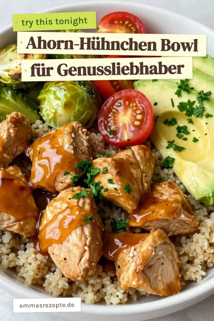 Entdecke das köstliche Ahorn-Dijon-Hühnchen-Bowl Rezept, perfekt für gesunde Bowl-Rezepte! Diese Schüssel vereint zartes Hähnchen mit Quinoa, geröstetem Rosenkohl und frischen Avocados. Genieße vegane Beilagen, die jede Mahlzeit bereichern. Ideal für ein schnelles, nahrhaftes Abendessen! Lass dich inspirieren und probiere es aus! #AhornDijonHühnchen #GesundeBowlRezepte #HähnchenMitQuinoa #VeganeBeilagen