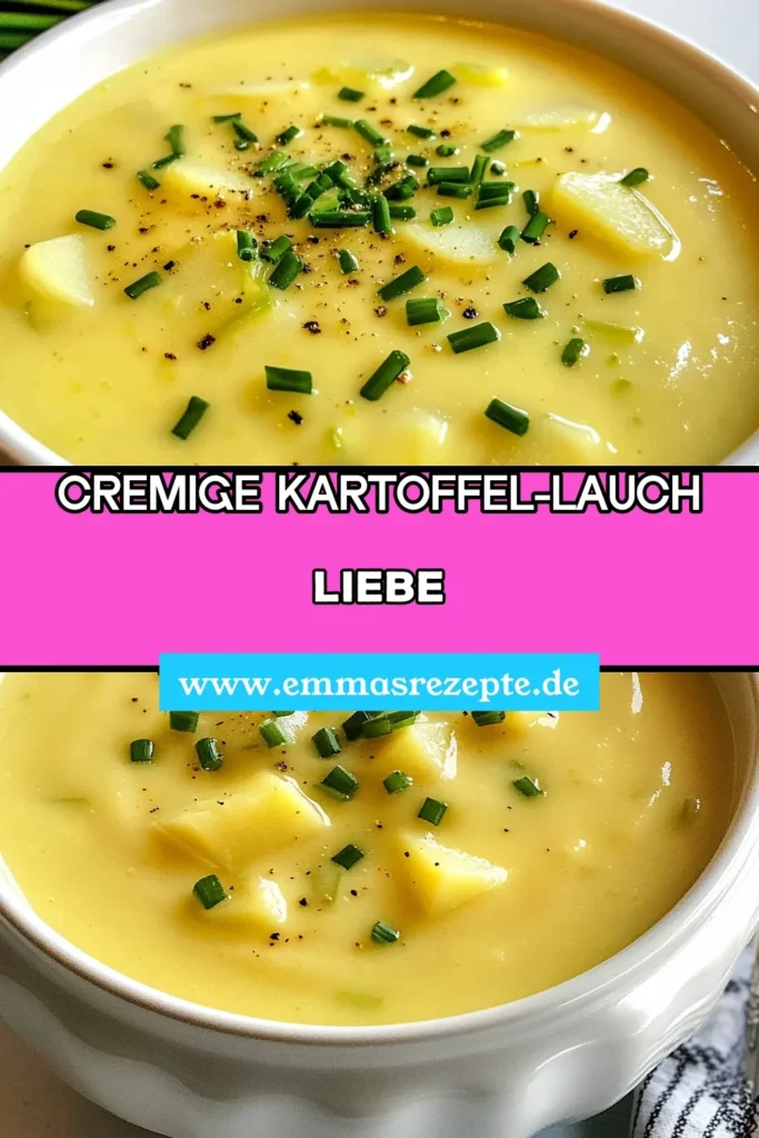 Entdecken Sie das perfekte Kartoffel-Lauch Rezept mit dieser cremigen Kartoffelsuppe, die einfach zuzubereiten ist und auch als vegane Kartoffelsuppe begeistert. Diese Kartoffel-Lauch Creme verbindet köstliche Aromen und cremige Textur zu einem unvergesslichen Geschmackserlebnis. Ideal für kalte Tage! Probieren Sie es aus und speichern Sie Ihr neues Lieblingsrezept! #Kartoffelsuppe #VeganeRezepte #EinfacheSuppen #Komfortessen