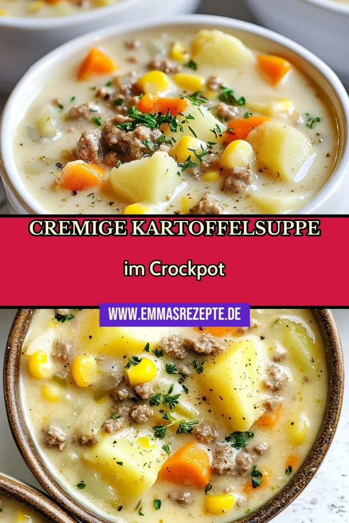 Entdecke unser leckeres Rezept für Crockpot Kartoffel-Hamburger-Suppe! Diese cremige Kartoffelsuppe ist einfach zuzubereiten und perfekt für kalte Tage. Mit Rinderhackfleisch, Kartoffeln und Schlagsahne wird sie zum Familienliebling. Probiere dieses einfache Rinderhackfleisch Rezept und genieße die Aromen! Speichere jetzt dieses Rezept für deine nächsten slow cooker Rezepte! #Kartoffelsuppe #CrockpotRezepte #EinfacheRezepte #CremigeSuppe